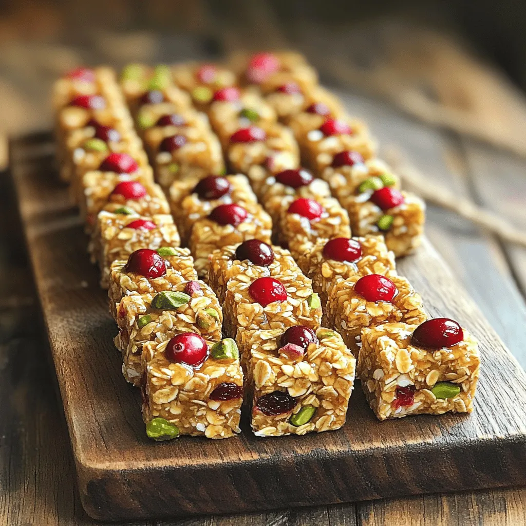 - 1 cup raw pistachios, shelled - 1 cup dried cranberries - 1/2 cup rolled oats - 1/2 cup nut butter (almond or cashew) - 1/4 cup honey or maple syrup - 1/2 teaspoon vanilla extract - 1/4 teaspoon salt - Optional: 1/4 cup mini dark chocolate chips These ingredients make up a tasty and healthy snack. I use raw pistachios for their crunch and flavor. Dried cranberries add a sweet and tart twist. Rolled oats provide a chewy texture and help bind everything together. For the nut butter, I love almond or cashew. Both add creaminess and healthy fats. Honey or maple syrup works as a sweetener, making the clusters stick together. The vanilla extract and salt round out the flavors beautifully. If you want a little extra sweetness, add mini dark chocolate chips. They melt slightly and create a lovely contrast with the nuts and fruit. - In a large bowl, combine 1 cup of raw pistachios, 1 cup of dried cranberries, and 1/2 cup of rolled oats. - Stir well to mix the dry ingredients evenly. - In a separate bowl, mix 1/2 cup of nut butter (choose almond or cashew), 1/4 cup of honey (or maple syrup), 1/2 teaspoon of vanilla extract, and 1/4 teaspoon of salt. - Blend this mixture until it is smooth and creamy. - Pour the nut butter mixture over the dry ingredients in the large bowl. - Use a spatula or your hands to mix everything together well. Ensure all the dry ingredients get coated. - If you like, fold in 1/4 cup of mini dark chocolate chips for extra sweetness. - Line a baking sheet with parchment paper. - Use your hands or a tablespoon to shape small clusters from the mixture. Place them tightly on the lined sheet. - Put the baking sheet in the refrigerator for about 30 minutes until the clusters are firm. - Once they are set, gently break apart any clusters if needed. - Store the energy clusters in an airtight container in the fridge for up to a week. You can also freeze them for longer storage. - Nut butter alternatives: You can use sunflower seed butter if you have nut allergies. It gives a nice flavor and works well. - Sweetener variations: Instead of honey, try agave syrup or date syrup. Both add a different sweetness and can change the taste. - Adjusting moisture levels: If your mixture seems too dry, add a bit more nut butter or sweetener. This will help the clusters stick together better. - Tips for binding ingredients together: Press the mixture firmly when forming clusters. This helps hold them together and keeps them from falling apart. - Additional flavoring options: Try adding a pinch of cinnamon or a splash of almond extract for a warm flavor. - Experimenting with spices: You can also mix in a little ginger or nutmeg. These spices will give your clusters a unique taste that surprises your taste buds. {{image_2}} You can boost your energy clusters with protein. Adding protein powder is an easy choice. Just mix in a scoop when you combine the wet ingredients. This gives you extra fuel for your day. You can also swap in different nuts and seeds. Try almonds, walnuts, or sunflower seeds. Each one adds its own flavor and crunch. Want to change the taste? Incorporate dried fruits like apricots or figs. They add sweetness and a chewy texture. You can also spice it up with cinnamon or nutmeg. Just a pinch can add warmth and depth. If you love chocolate, this option is for you. Use dark chocolate chips for a rich taste. They melt slightly and coat the clusters perfectly. You can also swap in caramel or white chocolate. This gives a creamy, sweet twist. You can even mix different types of chocolate for fun flavor blends. To keep your cranberry pistachio energy clusters fresh, use an airtight container. Glass or plastic containers work well. They keep out air and moisture. Moisture can make your clusters soggy. Always store them in a cool place, away from heat and humidity. When stored in the fridge, these clusters last about a week. You can also freeze them for longer storage. If you freeze them, they stay good for up to three months. To check if they are still good, look for any signs of mold or off smells. If they look or smell funny, it's best to toss them. Make a big batch for quick snacks! You can prepare these clusters on the weekend. Store them in small portions for easy grab-and-go snacks. This way, you always have a healthy treat ready. Just take one and enjoy whenever you need a boost! Cranberry Pistachio Energy Clusters are tasty bite-sized snacks. They combine nuts, fruits, and oats. You can make them easily at home. These clusters are chewy and crunchy. The mix of sweet cranberries and salty pistachios is delightful. They are great for a quick energy boost or a snack on the go. Cranberry Pistachio Energy Clusters last about one week in the fridge. Keep them in an airtight container. You can freeze them for longer storage. If frozen, they can last for about three months. Just let them thaw before eating. Yes, you can make these clusters vegan. Use maple syrup instead of honey. Choose almond or cashew butter without animal products. Check the nut butter label to be sure. This way, you can enjoy a tasty, vegan snack. Yes, Cranberry Pistachio Energy Clusters are gluten-free. The main ingredients, like nuts and oats, do not contain gluten. Just ensure your oats are certified gluten-free. This way, you can safely enjoy these clusters if you avoid gluten. Cranberry Pistachio Energy Clusters offer many health benefits. They are rich in protein, fiber, and healthy fats. Pistachios provide good fats and protein. Dried cranberries add vitamins and antioxidants. The oats give you energy and keep you full. They are a perfect snack for a quick energy boost. You now have all the steps to make tasty Cranberry Pistachio Energy Clusters. We covered the key ingredients, easy instructions, and useful tips to enhance your snack. You can customize these clusters with different flavors or ingredients. They are quick to prepare and perfect for on-the-go energy. Store them correctly, and enjoy a nutritious snack anytime. Keep experimenting and finding your best version! Healthy snacking can be fun and delicious.