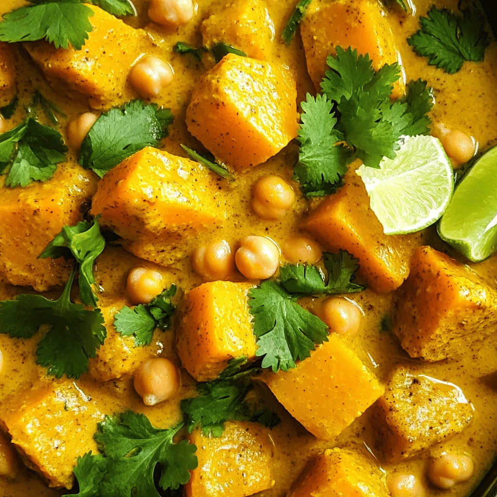 Let's dive into the key players of this butternut squash chickpea curry. Each ingredient adds its own magic to the dish. - Butternut squash: This is the star. It brings sweetness and creaminess. - Chickpeas: They add protein and a hearty texture. - Onion: This gives a base of flavor. It makes everything taste better. - Garlic: A must for its strong and savory notes. - Ginger: This spice adds warmth and a bit of zing. - Coconut milk: It creates a rich, creamy sauce. - Spices: Curry powder, cumin, and turmeric bring warmth and depth. - Olive oil: This helps to sauté and adds richness. - Seasoning: A pinch of salt and pepper to enhance all flavors. - Garnish: Fresh cilantro and lime wedges make the dish pop. Each ingredient plays a role in creating a flavorful delight. Choose fresh and good-quality items for the best results. 1. Sautéing the onions Heat a large pot over medium heat. Add one tablespoon of olive oil. Toss in the chopped onion. Cook for about five minutes. The onion should soften and turn slightly golden. 2. Cooking garlic and ginger Next, add two minced garlic cloves and one inch of grated ginger. Stir and cook for one to two minutes. You want the mix to smell fragrant and tasty. 3. Adding butternut squash Now, peel and dice one medium butternut squash. Add it to the pot with the onions, garlic, and ginger. Stir and cook for five minutes. This helps the squash start to soften. 1. Incorporating spices Sprinkle in one tablespoon of curry powder, one teaspoon of cumin, and one teaspoon of turmeric. Stir well to coat the squash in the spices. This adds rich flavor to your dish. 2. Adding coconut milk and chickpeas Pour in one can of coconut milk and add one can of rinsed chickpeas. Mix everything together. The creamy coconut milk will combine with the spices nicely. 1. Simmering the curry Bring the mix to a gentle simmer. Cover the pot and let it cook for about 20 minutes. Stir occasionally to avoid sticking. The butternut squash will become tender and soft. 2. Adjusting seasoning Taste the curry and add salt and pepper to your liking. Adjust the spices as you prefer. It should taste warm and inviting. Serve hot, garnished with fresh cilantro and lime wedges. To ensure the butternut squash is tender, cut it into small, even pieces. This helps it cook evenly. When you cook it, stir often. This way, it won’t stick to the pot. I like to check for doneness by poking it with a fork. It should feel soft but not mushy. Avoid sticking during cooking by using enough olive oil. Heat the oil before adding onions. If you notice sticking, add a splash of water. This can help lift any bits stuck to the pot. For added depth, try using spices like coriander or cinnamon. These can bring a warm flavor that pairs well with the curry. You can also add a pinch of red pepper flakes for heat. Adjust the spice levels to taste. If you prefer a milder curry, start small. You can always add more spice later. Taste as you cook to find the right balance that suits your palate. {{image_2}} You can change up the flavors of your butternut squash chickpea curry by using different veggies. Try sweet potatoes or carrots for a twist. Spinach adds a splash of green and extra nutrition. You can even mix in some bell peppers for added crunch. If you want to add protein, try chicken or shrimp. These options blend well with the curry's spices. You can also use tofu for a meat-free choice. It soaks up the sauce and gives you a hearty bite. This recipe is easy to adjust for different diets. To make it gluten-free, ensure all your spices and coconut milk are labeled gluten-free. Most spices are safe, but it’s good to check. For those who are vegan, this curry already fits the bill! It has no animal products. Vegetarians will enjoy it too, with plenty of plant-based goodness. You can add yogurt on top if you want a creamy touch, but it's not necessary. To keep your butternut squash chickpea curry fresh, store it in airtight containers. This helps keep out air and moisture. Place the curry in the fridge if you plan to eat it within three days. If you want to save it longer, consider freezing it. For freezing, let the curry cool completely. Then, use freezer-safe bags or containers. Label them with the date for easy tracking. This way, you can enjoy the curry for up to three months. When it's time to enjoy your leftovers, reheating correctly is key. The best method is on the stovetop. Pour the curry into a pot and heat it over medium-low heat. Stir it often to prevent sticking. If the curry seems thick, add a splash of water or coconut milk to loosen it. You can also use the microwave for a quick reheat. Place the curry in a microwave-safe bowl. Heat it in short bursts, stirring between each, to warm it evenly. Enjoy your flavorful delight again! How to make butternut squash chickpea curry spicier? To spice up your curry, add more curry powder or cayenne pepper. You can also add diced jalapeños or a pinch of red pepper flakes. Adjust these to your taste. Start with small amounts, then taste and add more if needed. This way, you control the heat level. Can I use frozen butternut squash? Yes, you can use frozen butternut squash. Just make sure to thaw it first. This will help it cook evenly in the curry. It may take a little less time to cook than fresh squash. Keep an eye on it while it simmers. What can I serve with this curry? This curry pairs well with rice, naan, or quinoa. You could also serve it with a fresh salad for a nice crunch. Adding lime wedges on the side gives a burst of flavor when squeezed over the dish. Caloric content and serving details One serving of butternut squash chickpea curry contains about 350 calories. This recipe makes four servings, perfect for sharing or meal prep. The healthy fats from coconut milk add richness without too many extra calories. Health benefits of key ingredients Butternut squash is full of vitamins A and C, which are great for your skin and eyes. Chickpeas provide protein and fiber, helping you feel full longer. Coconut milk adds healthy fats, while spices like turmeric have anti-inflammatory properties. This dish is not only tasty but also good for you! This blog post covered how to make butternut squash chickpea curry. You learned about the key ingredients, preparation steps, and cooking process. I also shared tips for flavor and variations to suit your needs. Plus, I gave storage advice to keep your leftovers fresh. Remember, this dish is versatile and easy to customize. Experiment with different spices and ingredients, and enjoy the rich flavors. You can make a hearty, healthy meal that will delight you and others. Cooking should be fun, so let your creativity shine!