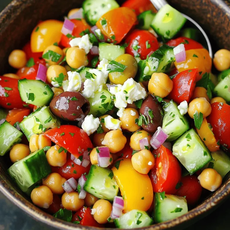 - 1 can chickpeas, drained and rinsed - 1 cucumber, diced - 1 cup cherry tomatoes, halved - 1/2 red onion, finely chopped - 1 bell pepper (red or yellow), diced - 1/4 cup Kalamata olives, pitted and sliced - 1/4 cup feta cheese, crumbled (optional) - 2 tablespoons fresh parsley, chopped - 3 tablespoons olive oil - 2 tablespoons red wine vinegar (or lemon juice) - 1 teaspoon dried oregano - Salt and pepper to taste Chickpeas are the star of this salad. They add protein and fiber. I always use canned chickpeas for ease. Just drain and rinse them well. This step removes extra salt and makes them taste fresh. Next, we have the vegetables. I love how colorful and crunchy they are! Diced cucumber brings a cool bite. Cherry tomatoes add sweetness and a burst of flavor. Red onion gives a sharp taste that balances the salad well. Choose a red or yellow bell pepper for a sweet crunch. Kalamata olives add a briny taste. They make the salad feel Mediterranean. If you like cheese, crumbled feta adds creaminess. It's optional but highly recommended! Fresh parsley brightens the dish and adds freshness. Finally, we have the dressing. Olive oil gives richness while red wine vinegar adds tang. You can swap it with lemon juice for a zesty twist. Dried oregano brings an earthy flavor that ties everything together. Don't forget to season with salt and pepper to your liking! Combining the base ingredients Start with a large bowl. Add one can of chickpeas, drained and rinsed. Next, toss in one diced cucumber, one cup of halved cherry tomatoes, and half a finely chopped red onion. Then, add one diced bell pepper, either red or yellow. Finally, mix in a quarter cup of sliced Kalamata olives. If you like, crumble in a quarter cup of feta cheese and sprinkle two tablespoons of freshly chopped parsley. Making the dressing In a smaller bowl, combine three tablespoons of olive oil with two tablespoons of red wine vinegar. You can swap the vinegar for lemon juice if you want a twist. Add one teaspoon of dried oregano, along with salt and pepper to taste. Whisk this mixture until it blends well. Mixing and marinating the salad Pour the dressing over the salad mix. Toss everything gently, ensuring all the ingredients coat well with the dressing. Cover the bowl and place it in the fridge for at least 30 minutes. This step lets the flavors meld together. When ready to eat, serve the salad chilled or at room temperature. Adjust the seasoning if needed. To make the best Mediterranean chickpea salad, let the flavors blend. After mixing, place the salad in the fridge for 30 minutes. This time lets the taste deepen and become more vibrant. Adjust the seasoning before you serve. Taste the salad and add more salt or pepper as needed. You can also add more olive oil or vinegar for a zestier kick. When serving, you can get creative. This salad goes well with grilled chicken or fish. You can also serve it with pita bread for a fun meal. Enjoy it at a picnic or a family dinner. {{image_2}} You can change up the Mediterranean chickpea salad easily. Adding proteins can make it heartier. Try grilled chicken or canned tuna for a filling meal. Both options mix well with the salad's fresh flavors. If you want to use different vegetables, go for it! You can add spinach, zucchini, or even carrots. Each veggie brings a new taste and texture. Don't forget about the dressing! While olive oil and red wine vinegar are great, you can try lemon juice for a zesty kick. You can also swap in tahini or yogurt for a creamier sauce. Each swap lets you create your own unique version of this dish. To keep your Mediterranean Chickpea Salad fresh, store it in the fridge. Use an airtight container. This helps keep the ingredients crisp. The salad stays good for about three days. If you want to save it longer, freezing is an option. However, some veggies may lose texture. To freeze, place the salad in a freezer-safe bag. Remove as much air as possible before sealing. When you’re ready to eat, thaw it in the fridge overnight. Here are some best practices for freshness: - Keep dressing separate: Store the dressing in another container. This keeps the salad from getting soggy. - Add fresh herbs last: If you use parsley, add it right before serving. This keeps it bright and flavorful. - Taste before serving: Check the seasoning after storage. You may need to add a little salt or pepper. These tips will help you enjoy your Mediterranean Chickpea Salad at its best! Yes, you can make this salad ahead of time. It tastes even better after a few hours. The flavors blend well when it sits. Just keep it in the fridge until you are ready to serve. Chickpeas are packed with protein and fiber. They help you feel full longer. They also provide vitamins and minerals like folate and iron. Eating chickpeas can support heart health and weight management. Absolutely! Canned chickpeas are a great choice. They save you time and effort. Just remember to drain and rinse them well before using. This helps remove extra salt and makes them fresh. You can pair this salad with grilled meats or fish. It also goes well with pita bread or hummus. For a light meal, serve it with a side of rice or quinoa. Enjoy this salad as a refreshing snack anytime! This post covered all you need to make a great Mediterranean Chickpea Salad. We talked about main ingredients like chickpeas and veggies. You learned how to prepare the salad and the dressing. I shared tips to help your flavors shine and ideas for swaps. Remember, store it right for fresh and tasty meals later. With this guide, you can make a delicious, healthy salad every time. Enjoy your cooking!