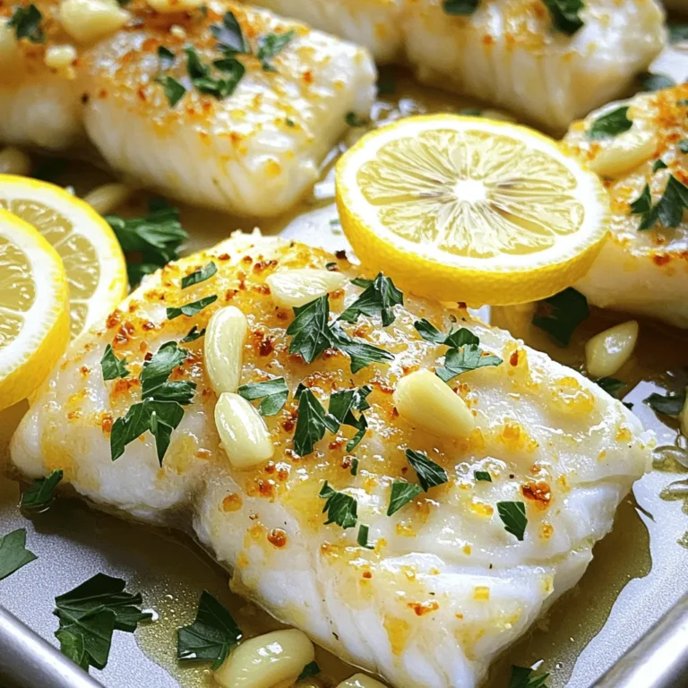 - Cod fillets: You need 4 fillets, about 6 oz each. Cod is firm and flaky. - Butter: Use 4 tablespoons of unsalted butter. Unsalted lets the flavors shine. - Garlic: Fresh garlic is a must. Use 4 cloves, minced well for the best taste. - Lemon: Use the zest and juice of 1 lemon. This adds bright flavor to the fish. - Fresh parsley: One tablespoon, chopped. Fresh herbs enhance the dish's flavor and look. - Seasonings: Use salt and pepper to taste. These simple seasonings bring out the fish's flavor. - Garnishes: Lemon slices are perfect for garnishing. They add color and a hint of freshness. These ingredients make a simple yet flavorful dish. Each part plays a role in creating a delicious meal. Freshness counts, so try to use high-quality ingredients to get the best results. Happy cooking! Preheating the oven: Start by preheating your oven to 375°F (190°C). This step is key because it ensures even cooking. If your oven isn't hot enough, your cod may not cook through properly. Preparing the cod: Take your cod fillets and pat them dry with paper towels. This helps the seasoning stick better. Season both sides with salt and pepper. This simple step boosts the flavor and sets the stage for the dish. Melting butter: Grab a small saucepan and place it over medium heat. Add the unsalted butter and let it melt slowly. Stir it gently to keep it from browning. You want it melted and warm, not burnt. Sautéing garlic: Once the butter melts, add the minced garlic. Stir it for about one minute. Watch closely; you want it fragrant, not brown. Burnt garlic can ruin the dish's taste. Combining ingredients: After the garlic is ready, take the saucepan off the heat. Add the lemon zest and juice, plus the chopped parsley. Mix well to blend these fresh flavors into the butter. This sauce is the heart of your cod dish. Placing fillets: Line a baking sheet with parchment paper. Lay the seasoned cod fillets on the sheet. Make sure they have space between them for even cooking. Baking time: Now, pour the lemon garlic butter sauce over each fillet. Bake in the preheated oven for 12 to 15 minutes. To check if it’s done, use a fork. The cod should flake easily. If it does, it’s ready to eat! - Freshness of cod: Look for bright, clear eyes and firm flesh. The fish should not smell strong. If it smells like the sea, it’s fresh. Visit your local fish market for the best options. - Adjusting seasonings: Taste your garlic butter sauce before pouring it on the cod. If you love lemon, add more zest or juice. If you prefer less salt, cut back on it. This dish can fit your taste easily. - Plating the dish: Use a large white plate for a clean look. Place the cod fillet in the center. Spoon some lemon garlic butter sauce over it for flavor and style. - Enhancing visual appeal: Fresh parsley and lemon slices add color. Sprinkle chopped parsley around the plate. Place lemon slices beside the cod. This makes your dish pop and look inviting. {{image_2}} You can switch up the fish in this recipe. Cod is tasty, but other fish work too. Try halibut for a thicker fillet. Salmon adds a rich flavor, and tilapia cooks quickly. Each fish brings its own twist. If you need a dairy-free option, use plant-based butter. Look for brands that melt well. Coconut oil is another choice. It adds a light sweetness that works with lemon. To enhance the flavor, add spices. Paprika gives warmth and color. If you enjoy heat, sprinkle in some cayenne pepper. It adds a nice kick without overpowering. You can also try different herbs. Basil brings a sweet note, while dill adds a fresh taste. Thyme and oregano work well too. Mix and match to find your favorite blend. To store your Lemon Garlic Butter Cod, let it cool first. Place the cod on a plate and leave it at room temperature for about 30 minutes. This cooling method helps keep it fresh. For containers, I recommend using airtight glass or plastic containers. They keep the cod moist and tasty. Make sure to store it in the fridge. It will last for up to 3 days. When reheating, you want to keep the flavor intact. The best method is using the oven. Preheat your oven to 350°F (175°C). Place the cod on a baking dish and cover it with foil. Heat for about 10 minutes. This keeps it from drying out. You can also reheat in the microwave. Place the cod on a microwave-safe plate. Cover it with a damp paper towel and heat in short bursts. Start with 30 seconds, then check if it’s warm. Enjoy your meal just like it was fresh! How long does it take to bake cod at 375°F? Baking cod at 375°F takes about 12 to 15 minutes. The fish is done when it flakes easily with a fork. This quick cooking time makes it perfect for a busy weeknight meal. Can I make Lemon Garlic Butter Cod ahead of time? Yes, you can prepare Lemon Garlic Butter Cod ahead of time. You can season the cod and make the lemon garlic butter sauce in advance. Just store them separately in the fridge. When you're ready to eat, bake it fresh for the best taste. What sides pair well with Lemon Garlic Butter Cod? Several sides complement this dish well. Here are some ideas: - Steamed vegetables like broccoli or asparagus. - Garlic mashed potatoes or rice. - A fresh salad with lemon vinaigrette. These sides balance the flavors and add more nutrition to your meal. Is it possible to grill this recipe instead of baking? Absolutely! You can grill Lemon Garlic Butter Cod. Just preheat the grill and cook the fillets for about 6 to 8 minutes on each side. Use a grill basket to keep the fish from falling through the grates. This method adds a smoky flavor that's delicious. In this article, we covered how to make Lemon Garlic Butter Cod step by step. We discussed key ingredients like cod, butter, and fresh herbs. I shared tips for cooking, presentation, and even variations. Remember, fresh ingredients make a big difference. Take your time while cooking for the best results. Whether you bake or try grilling, this dish is sure to impress. Enjoy your cooking journey and the delicious meals ahead!