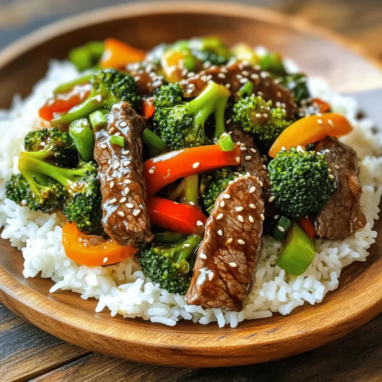 - 1 lb beef sirloin, thinly sliced - 2 cups broccoli florets - 1 bell pepper, sliced (any color) - 2 tablespoons soy sauce - 1 tablespoon oyster sauce (optional) - 1 tablespoon cornstarch - 1 tablespoon sesame oil - 2 tablespoons vegetable oil - Salt and pepper to taste For this dish, I use beef sirloin for its tender texture and rich flavor. Broccoli florets add a nice crunch and vibrant color. I like to include bell pepper, which brings sweetness to the mix. The marinade consists of soy sauce, and for an extra layer of flavor, I sometimes add oyster sauce. Cornstarch helps to make the beef tender and gives it a nice glaze. In cooking, I always use sesame oil for its nutty flavor. Vegetable oil works well for frying due to its high smoke point. I finish the dish with a touch of salt and pepper to balance everything out. - In a bowl, mix soy sauce, oyster sauce, cornstarch, and a pinch of salt and pepper. - Add the thinly sliced beef to the marinade. Make sure each piece is coated. - Let the beef sit for about 15 minutes. This helps the flavors soak in. - Heat 1 tablespoon of vegetable oil in a large skillet or wok over medium-high heat. - Add the marinated beef in a single layer. Cook for 2-3 minutes until browned. - If your skillet is small, cook in batches. This keeps the beef from steaming. - In the same skillet, add another tablespoon of vegetable oil. - Add minced garlic and grated ginger. Sauté for about 30 seconds until fragrant. - Toss in the broccoli florets and sliced bell pepper. Stir-fry for 4-5 minutes until tender yet crisp. - Return the cooked beef to the skillet. - Add the sesame oil and toss everything together. Make sure the beef and veggies are well-coated and heated through. - Serve your beef and broccoli over cooked jasmine rice for a hearty meal. - Garnish with sesame seeds and sliced green onions for a delightful crunch. To make a great stir-fry, keep these tips in mind: - Heat your pan: Use high heat to ensure a quick cook. This helps keep your beef tender. - Cut beef thin: Thin slices cook faster and stay juicy. Aim for about 1/4 inch thickness. - Don’t overcrowd: Cook your beef in batches. This avoids steaming and ensures browning. To avoid overcooking your beef, follow these steps: - Watch the time: Cook the beef for only 2-3 minutes. You want it brown but not dry. - Use a thermometer: Aim for 145°F for medium-rare. This keeps the beef tender and juicy. If you want to switch things up, here are some options: - Alternatives for beef: Try chicken breast or tofu for a lighter dish. Both work well with the same marinade. - Different vegetables: Replace broccoli with snap peas or bok choy. You can also add carrots for more color. To make your stir-fry even tastier, consider these additions: - Additional sauces: Try hoisin sauce or teriyaki for a sweet twist. A splash of rice vinegar adds zing. - Spices: Add red pepper flakes for heat or five-spice powder for depth. Just a pinch goes a long way. For garnishes, I recommend: - Sesame seeds: They add crunch and a nutty flavor. - Sliced green onions: They bring freshness and a pop of color to your dish. {{image_2}} You can swap the beef for chicken or tofu. Chicken thighs work great and cook fast. Tofu adds a nice texture and absorbs flavors well. Just make sure to press the tofu first. For a twist, try shrimp. Cook shrimp for just a few minutes until they turn pink. This change gives a fresh taste to your stir fry. If you want a meatless meal, use mushrooms and other veggies. Shiitake or button mushrooms add umami flavor. You can also include snap peas, carrots, or bell peppers. For sauces, look for plant-based options. Soy sauce is a classic, but you can try teriyaki or hoisin sauce for a new flavor. Want some heat? Add fresh chilies or red pepper flakes. Slice jalapeños or serrano peppers for a kick. You can also use sriracha or chili garlic sauce. Just mix it in with the beef when you combine everything. Adjust the heat to match your taste. This will make your stir fry exciting and flavorful. To keep your beef and broccoli stir fry fresh, follow these tips: - Refrigeration: Place leftovers in an airtight container. Store them in the fridge for up to three days. Make sure to let the stir fry cool before sealing it to avoid condensation. - Freezing: You can freeze leftovers for later. Split the stir fry into portions and use freezer-safe bags or containers. It stays good for up to three months. When ready to eat, thaw it overnight in the fridge. To reheat your stir fry and keep it tasty: - Best Methods: Use a skillet over medium heat. Add a splash of water or broth to keep it moist. Stir often for even heating. You can also use the microwave. Heat it in short bursts, stirring in between. - Retaining Texture: To keep the veggies crisp, avoid overheating. If using the microwave, cover the dish loosely to steam it gently. This method helps maintain the crunch while warming the beef. Yes, you can prepare this dish ahead of time. To do so, marinate the beef and chop your veggies. Store them separately in the fridge. When ready to cook, heat the oil and stir-fry everything. This method saves time and keeps the dish fresh. You have many options for side dishes. Here are some ideas: - Steamed jasmine rice - Fried rice - Noodles - Spring rolls These sides complement the stir fry and make a complete meal. Yes, this recipe works well for meal prep. To make meal prepping easy: - Divide the stir fry into containers with rice or noodles. - Store in the fridge for up to four days. - Reheat portions as needed for quick meals. This keeps your lunches or dinners ready to go. To ensure tender beef, follow these tips: - Slice the beef against the grain. - Marinate for at least 15 minutes. - Use high heat when cooking. These methods break down the fibers and keep the beef juicy. This blog post covers how to make a delicious Beef and Broccoli Stir Fry. We discussed key ingredients like beef sirloin and fresh vegetables. You learned to marinate beef and cook it right for great taste. We went through tips for cooking and flavoring your dish. Plus, we explored variations and storage tips. Try your own spin on this recipe. Cooking can be fun and rewarding. Enjoy your meals and share them with others!