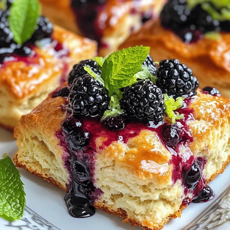 To make delicious blackberry lime scones, you need the following ingredients: - 2 cups all-purpose flour - 1/3 cup granulated sugar - 1 tablespoon baking powder - 1/2 teaspoon salt - 1/4 cup cold unsalted butter, cubed - 1/2 cup fresh blackberries, lightly mashed (reserve a few whole for topping) - Zest of 1 lime - 1/4 cup lime juice - 1/2 cup heavy cream - 1 large egg - 1/2 teaspoon vanilla extract Choosing the right blackberries elevates your scones. Here are my tips: - Look for shine: Fresh blackberries should have a natural shine. - Check for plumpness: They should feel firm and plump. - Avoid mold: Stay away from any berries with mold or soft spots. - Color matters: Choose deep black or dark purple berries. Fresh blackberries add flavor and sweetness. They also give your scones a lovely color. Room temperature ingredients help your scones become light and fluffy. Here’s why: - Butter blends better: Cold butter creates a flaky texture. If it's too cold, it won’t mix well. - Eggs and cream: They mix more evenly when at room temperature. This helps the dough rise. - Lime juice and zest: They add flavor. When at room temperature, they blend into the dough smoothly. Take out your eggs and cream ahead of time. This small step makes a big difference! To make the dough, start by preheating your oven to 400°F (200°C). Line a baking sheet with parchment paper for easy cleanup. In a large bowl, mix 2 cups of all-purpose flour, 1/3 cup granulated sugar, 1 tablespoon baking powder, and 1/2 teaspoon salt. This blend is the base of your scone. Next, add 1/4 cup of cold, cubed unsalted butter. Use a pastry cutter or your fingers to mix the butter into the flour. Aim for a crumbly texture, like coarse crumbs. Now, gently fold in 1/2 cup of lightly mashed blackberries and the zest of 1 lime. Be careful not to overmix. In another bowl, whisk together 1/2 cup of heavy cream, 1/4 cup of lime juice, 1 large egg, and 1/2 teaspoon of vanilla extract. Once smooth, pour this mixture into your flour mix. Stir gently until just combined. The dough should be slightly sticky. Turn the dough out onto a floured surface. Knead it a couple of times until it holds together well. Pat the dough into a circle that is about 1 inch thick. This will help your scones rise nicely. Now, cut the circle into 8 wedges. Transfer these wedges to your prepared baking sheet. For a nice touch, brush the tops with a bit of cream and place a few reserved whole blackberries on each scone. This not only looks great but adds extra flavor. Place the baking sheet in your preheated oven. Bake the scones for 15 to 20 minutes. They should turn golden brown on top. To check if they are done, insert a toothpick in the center of one scone. If it comes out clean, they are ready. Once baked, remove the scones from the oven. Allow them to cool slightly before serving. Enjoy these fresh scones warm, drizzled with a lime glaze for added sweetness. To make your scones fluffy, start with cold butter. Cold butter creates steam when it bakes. This steam helps the scones rise. Cut the butter into small cubes. This way, it mixes well with the flour. Do not overwork the dough; mix just until combined. Overmixing makes the scones dense, not fluffy. When mixing, use a light touch. Combine the dry and wet ingredients gently. Use a spatula or wooden spoon. This helps keep air in the dough. Fold in the blackberries carefully. If you mash them too much, they can turn the dough purple. You want to see bright specks of fruit in the scones. One big mistake is using warm butter. Always use cold butter for the best texture. Another common error is not checking the oven temperature. An oven that’s too hot can burn the scones. Always preheat your oven to 400°F (200°C). Lastly, avoid skipping the cream brush on top. This gives the scones a nice golden finish. {{image_2}} You can switch the blackberries with other fruits. Try blueberries, raspberries, or chopped strawberries. Each fruit gives a unique taste. Cherries and diced peaches also work well. Use fruits that are in season for the best flavor. Just remember to adjust the amount if the fruit is larger or smaller. To make gluten-free blackberry lime scones, replace all-purpose flour with a gluten-free blend. Look for a blend that contains xanthan gum. This will help give the scones the right texture. You may need to add a bit more liquid. Use coconut milk or almond milk instead of heavy cream for a dairy-free option. You can add different flavors to your scones. Consider mixing in nuts, like chopped pecans or walnuts. These add crunch and depth. Spices, like cinnamon or nutmeg, can also enhance the taste. A pinch of cardamom can add a nice twist. Experiment with these options to find your favorite combination! To keep your blackberry lime scones fresh, store them in an airtight container. They stay best at room temperature for up to two days. If you want to keep them longer, refrigerate them. Just make sure to wrap them well to avoid drying out. To enjoy your scones warm, preheat your oven to 350°F (175°C). Place the scones on a baking sheet. Heat them for about 5 to 10 minutes. You can also microwave them for about 15 to 20 seconds. This method works well if you are in a hurry. Freezing scones is a great way to save them for another day. Let the scones cool completely first. Then, wrap each one tightly in plastic wrap. Place them in a freezer bag or container. They can last up to three months in the freezer. When you're ready to eat, thaw them in the fridge overnight and reheat as needed. Yes, you can use frozen blackberries. Just remember to thaw them first. Pat them dry with a paper towel. This will help reduce extra moisture in the dough. Using fresh blackberries adds a nice burst of flavor, but frozen works well too. Serve blackberry lime scones warm for the best taste. You can drizzle them with a lime glaze for added sweetness. Garnish with fresh mint leaves for a pop of color and flavor. Enjoy them with tea or coffee for a delightful treat. Making a glaze is simple! Mix powdered sugar with lime juice until smooth. Start with one cup of powdered sugar and two tablespoons of lime juice. Adjust the lime juice to reach your desired thickness. Drizzle it over the warm scones for a zesty finish. Creating the perfect blackberry lime scones requires fresh ingredients, good technique, and practice. We discussed the necessary ingredients, how to prepare the dough, and some common mistakes to avoid. Remember, using room temperature ingredients can make a big difference. Don't hesitate to try different fruits or flavors. Explore storing and reheating methods to enjoy these treats later. With these tips in mind, you’ll make delicious scones every time you bake. Enjoy your scone-making journey!