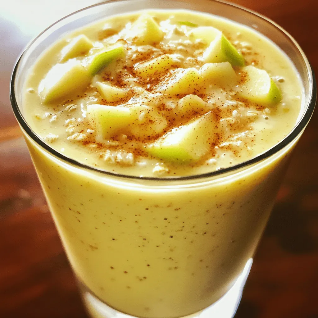 - 1 large apple (Granny Smith or Honeycrisp) - 1 banana (frozen) - 1/2 cup rolled oats - 1/4 teaspoon ground cinnamon - 1/4 teaspoon nutmeg - 1 cup almond milk (or milk of choice) - 1 tablespoon maple syrup (optional) - 1 tablespoon almond butter (optional) - A handful of ice cubes To create the perfect apple pie smoothie, start with fresh produce. Choose a large apple, like Granny Smith or Honeycrisp. These apples give the smoothie a crisp bite and a sweet-tart flavor. Next, grab a frozen banana. Frozen bananas add creaminess and sweetness, making your smoothie rich and delightful. For dry ingredients, rolled oats are key. They provide fiber and help thicken the smoothie. The ground cinnamon and nutmeg add that iconic apple pie flavor. Just a pinch of each will do. When it comes to liquids, almond milk works great. You can use any milk you like. For added sweetness, consider maple syrup. It gives the smoothie a lovely touch. If you want a creamier texture, almond butter is a wonderful choice. Lastly, don’t forget the ice cubes. They chill the smoothie, making it refreshing and enjoyable. To make your apple pie smoothie, start with the apple. Choose a large apple, like a Granny Smith or Honeycrisp. First, core the apple. This means removing the seeds and the center. Then, chop it into small pieces. This helps it blend better. Next, grab a banana. Use a banana that is already frozen. If you don't have one, peel a ripe banana and place it in the freezer for a few hours. This gives the smoothie a creamy texture and a cool taste. Now it's time to blend! In a blender, add the chopped apple, frozen banana, and rolled oats. Next, pour in one cup of almond milk. This adds a nice creaminess. Then, sprinkle in 1/4 teaspoon of ground cinnamon and 1/4 teaspoon of nutmeg. These spices give the smoothie that warm apple pie flavor. If you want a sweeter taste, add one tablespoon of maple syrup and one tablespoon of almond butter. The almond butter adds extra creaminess and flavor. Blend everything on high until smooth. You might need to stop and scrape the sides down. This helps mix everything well. Do you like your smoothie thicker? If yes, add a handful of ice cubes. Blend again until it reaches your favorite thickness. After blending, taste your smoothie. If you want it sweeter, add more maple syrup. This step lets you customize the flavor just for you. Using a frozen banana is key. It adds a thick, creamy feel. A frozen banana makes your smoothie cold and refreshing. Plus, it blends well, giving a nice texture. Always peel the banana before freezing. This makes it easier to blend later. Almond butter is another great choice for creaminess. It adds healthy fats and protein. This makes your smoothie more filling. Almond butter also adds a nutty flavor that pairs well with apples. If you want a creamier smoothie, consider adding more almond butter. You can enhance the flavor with extra spices. Try adding a pinch of ginger for a warm kick. Cloves can also add depth. Feel free to experiment with what you love. Make it your own! For dietary needs, you have options. If you are nut-free, use sunflower seed butter instead of almond butter. You can swap almond milk for oat milk if you want. These simple changes can still give you a great taste. Garnishing with cinnamon makes your smoothie look nice. Just sprinkle a little on top before serving. It also adds a lovely aroma. For serving, use a tall glass to show off the creamy color. You can also add a straw for a fun touch. Try placing a slice of apple on the rim for a decorative look. It makes the drink feel special and inviting. {{image_2}} You can easily make this smoothie dairy-free. Simply swap almond milk for coconut milk. Coconut milk adds a rich, creamy taste. It pairs well with apple and spices. You can also use plant-based protein powders. They boost protein without dairy. Look for powders made from peas or brown rice. These options keep your smoothie smooth and tasty. Want to mix it up? You can add other fruits like pears or peaches. They bring new flavors and sweetness. For a health boost, try adding spinach or kale. These greens add nutrients without changing the taste much. You won’t even notice them! Just a small handful works well. If you want to adjust the sweetness, there are many options. Try natural sweeteners like honey or agave syrup. They offer a different kind of sweetness. You can also use flavored yogurt instead of maple syrup. A cinnamon or vanilla yogurt adds extra flavor. This way, you can control how sweet you want your smoothie. To keep your apple pie smoothie fresh, store it in the fridge right away. Use an airtight container to trap moisture and flavors. Glass jars or BPA-free plastic containers work well. If you plan to drink it later, pour it into a mason jar for easy transport. Leave a little space at the top to allow for expansion. You can freeze the smoothie if you have leftovers. Pour it into ice cube trays or freezer bags. When you're ready to enjoy it again, take out the cubes and place them in a blender. Blend until smooth. This method keeps flavors intact and gives you a quick snack. To make ahead, blend the smoothie, pour it into containers, and freeze. Your smoothie lasts about 2 days in the fridge. After that, it may lose flavor and texture. Check for changes in smell or color. If it smells sour or looks off, it’s time to toss it. Always trust your senses to keep your food safe. An apple pie smoothie packs a punch of health. Here are the key benefits: - Nutritional highlights: This smoothie gives you fiber from oats and apples. It has potassium from bananas, keeping your heart happy. Almond milk adds calcium for strong bones. - Impact on digestion and energy: The fiber helps your tummy. It keeps you feeling full and aids digestion. Plus, the natural sugars from fruits give you a quick energy boost. Yes, you can prep this smoothie ahead. Here’s how: - Preparation tips and timing: Blend the smoothie and store it in the fridge for up to 24 hours. Use an airtight container. Just give it a shake before you drink it. If you want to make it even faster, chop the apple and freeze it. You can easily modify this recipe: - Options for vegans, gluten-free, or low-carb diets: For a vegan option, use almond milk. For gluten-free, ensure your oats are certified gluten-free. For low-carb, swap the banana for avocado for creaminess without the carbs. This blog post shared a simple apple pie smoothie recipe. We explored fresh and dry ingredients, plus optional add-ins. You learned how to prepare, blend, and enhance the smoothie’s flavors. We also covered variations for dietary needs. Storing tips helped you keep your smoothie fresh. Enjoy making and customizing this healthy treat. It’s a fun way to boost your nutrition. A tasty apple pie smoothie can fit into any diet, so blend away!