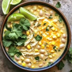 - 2 lbs boneless, skinless chicken breasts - 1 can (15 oz) white kidney beans, drained and rinsed - 1 can (15 oz) corn, drained - 1 can (4 oz) diced green chilies - 1 medium onion, diced - 3 cloves garlic, minced I love using boneless, skinless chicken breasts because they cook well and shred easily. Canned white kidney beans add creaminess and protein. Corn gives a sweet crunch, while diced green chilies add a gentle kick. Aromatics like diced onion and minced garlic create a savory base that enhances every bite. - 1 teaspoon ground cumin - 1 teaspoon dried oregano - 1 teaspoon smoked paprika - ½ teaspoon salt - ¼ teaspoon black pepper Spices transform this dish. Ground cumin provides warmth, while dried oregano adds a herbal note. Smoked paprika brings depth, and salt and pepper balance the flavors. Each spice plays a role in creating a comforting and flavorful chili. - 1 cup heavy cream (or coconut cream for a dairy-free version) - 1 cup shredded Monterey Jack cheese For creaminess, I use either heavy cream or coconut cream. Heavy cream adds richness, while coconut cream makes it dairy-free but still creamy. Shredded Monterey Jack cheese melts beautifully, contributing to the overall texture and flavor. This is what makes the chili truly delightful. Start by adding the chicken breasts to your slow cooker. Use 2 lbs of boneless, skinless chicken. This gives you tender meat. Make sure the chicken is laid flat at the bottom. Next, layer in the other ingredients. Add one can of white kidney beans and one can of corn. Then, pour in the diced green chilies. Add one diced onion and three minced garlic cloves. This will add great flavor to your chili. Now, it's time to cook. Pour in 4 cups of chicken broth. Add one teaspoon each of ground cumin, dried oregano, and smoked paprika. Season with ½ teaspoon salt and ¼ teaspoon black pepper. Mix everything gently. Cover the slow cooker. Cook on low for 6-7 hours or on high for 3-4 hours. The chicken should be tender when done. Once the cooking time ends, take out the chicken breasts. Shred them with two forks. Return the shredded chicken to the pot. Now stir in one cup of heavy cream or coconut cream and one cup of shredded Monterey Jack cheese. Mix until melted and combined. Let it heat for another 10-15 minutes. Taste and adjust any seasonings if needed before serving. Adjusting seasonings can change your dish. Start with the basic spices in the recipe. Taste before serving. If it needs more flavor, add a pinch of salt or pepper. You can also use more cumin or smoked paprika for a richer taste. Remember, everyone's taste is different. Trust your own palate! Prepping ingredients ahead of time makes cooking easier. Chop the onion and garlic the night before. Drain and rinse the beans and corn too. Store them in the fridge. When you're ready to cook, just toss everything in the slow cooker. This saves time and keeps your kitchen tidy. If you need a dairy-free option, use coconut cream instead of heavy cream. It adds a nice flavor too! You can swap Monterey Jack cheese with dairy-free cheese. For a lighter chili, try using chicken thighs instead of breasts. They stay juicy and add great taste. {{image_2}} You can make this chili spicy by adding jalapeños. Just chop them up and stir them in with the other veggies. You can also add extra spices like cayenne pepper or red pepper flakes. This heat pairs well with the creaminess of the dish. Adjust the amount based on your taste. Start small and add more if you want more kick. If you want a vegetarian version, just swap out the chicken. You can use plant-based substitutes like tofu or chickpeas. This keeps the texture nice and hearty. You can also add more beans or lentils for protein. Make sure to use vegetable broth instead of chicken broth for flavor. Feel free to mix up the ingredients to suit your taste. You can try different beans like black beans or pinto beans. Each adds a unique flavor and texture. For cheese, you can use pepper jack for a bit of spice or sharp cheddar for a stronger taste. If you want a lighter broth, consider using low-sodium chicken broth or even a homemade version. To store leftovers, first let the chili cool. Then, transfer it to an airtight container. Make sure to leave some space at the top. Chili can expand when it freezes. Store it in the fridge for up to three days. When you’re ready to enjoy it again, just reheat it on the stove or in the microwave. If you want to freeze the chili, use freezer-safe bags or containers. Divide the chili into smaller portions for easy meals. Label each bag with the date. Freeze the chili for up to three months. To reheat, let it thaw in the fridge overnight. Then, warm it on the stove or microwave, stirring often. In the fridge, your slow cooker creamy white chicken chili lasts about three days. In the freezer, it stays good for up to three months. Always check for any signs of spoilage before eating. If it smells off or looks strange, it's best to throw it away. Yes, you can use frozen chicken for this chili. Just make sure to add an extra hour to the cooking time. It is best to use boneless, skinless chicken breasts. This way, the chicken will cook evenly and become tender. The slow cooker does a great job of making chicken juicy, even from frozen. To add heat, you can use diced jalapeños or a splash of hot sauce. You can also increase the amount of smoked paprika or add cayenne pepper to the mix. Start with a small amount and taste as you go. This lets you find the perfect heat level for your family. If you want more kick, try adding a pinch of crushed red pepper flakes. Serve this chili with warm tortillas or cornbread for a hearty meal. You can also add toppings like avocado, sour cream, or extra cheese. Fresh cilantro and lime wedges brighten up the dish. A side salad can add freshness and balance the meal. Enjoy the chili with your favorite sides for a complete experience! This post covered the key elements for making Slow Cooker Creamy White Chicken Chili. You learned about the main ingredients, spices, and the creamy elements that create great flavor. I also shared step-by-step instructions and helpful tips to save time and adjust flavors. Remember, you can customize the recipe to your taste with variations and substitutions. With the right storage methods, your chili can stay fresh longer. Enjoy crafting your perfect bowl of chili, and share it with loved ones!
