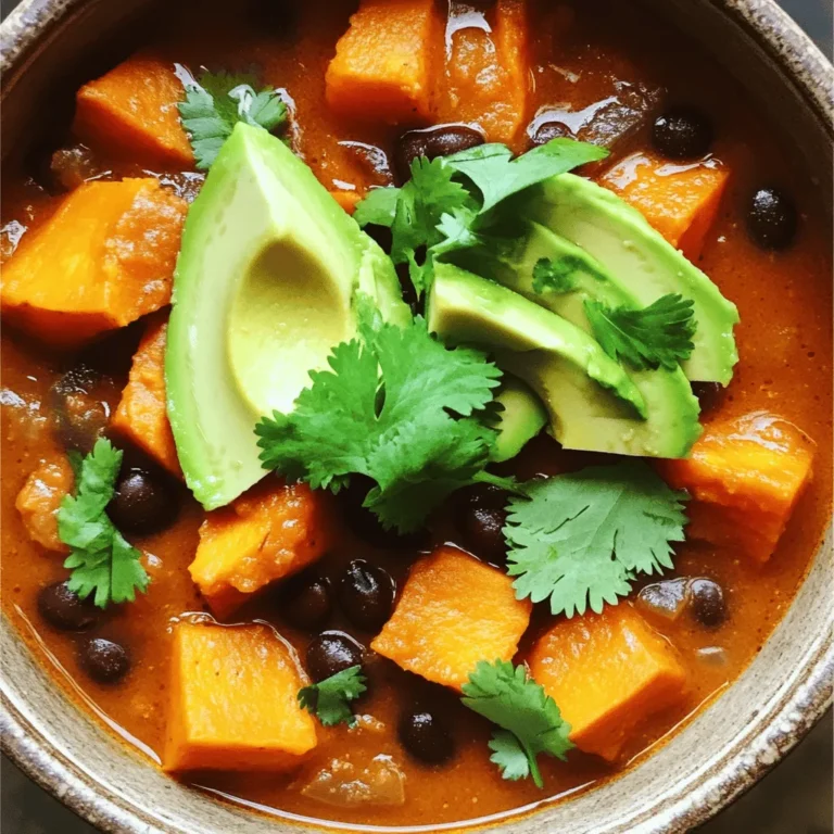 - 2 medium sweet potatoes, peeled and diced - 1 can (15 oz) black beans, rinsed and drained - 1 can (14 oz) diced tomatoes (with juices) - 1 medium onion, chopped - 2 cloves garlic, minced - 1 bell pepper (any color), chopped - 2 tablespoons olive oil - 2 tablespoons chili powder - 1 teaspoon cumin - 1 teaspoon smoked paprika - ½ teaspoon cayenne pepper (adjust to taste) - 2 cups vegetable broth - Salt and pepper to taste - Fresh cilantro for garnish - Avocado slices for serving (optional) I love using sweet potatoes in this chili. They add a touch of sweetness that balances the spices perfectly. Black beans make the dish hearty and filling. Diced tomatoes bring acidity to the mix, brightening up the flavors. Chop the onion and garlic finely. They will add depth to your chili. I like to use any color bell pepper for a pop of color. The olive oil helps cook the veggies and adds richness. For spices, chili powder and cumin are essential. They provide warmth and a bit of heat. Smoked paprika adds a nice smoky flavor. Adjust the cayenne pepper based on your spice level. If you want it mild, use less. Vegetable broth is the base for your chili. It adds moisture and flavor. Finally, finish with salt and pepper to taste. Fresh cilantro and avocado slices make the perfect garnish. They add freshness and creaminess. Enjoy this tasty combination in every bite! - Heating the Olive Oil Start by heating 2 tablespoons of olive oil in a large pot over medium heat. This step is vital. It helps to create a base for the flavors. - Sautéing Vegetables Add 1 chopped onion and 1 chopped bell pepper to the pot. Cook these for about 5 minutes, or until they soften. Stir occasionally to prevent sticking. After that, mix in 2 minced garlic cloves and cook for 1 to 2 more minutes. You want the garlic fragrant, but not burnt. - Adding Spices and Sweet Potatoes Next, toss in 2 diced sweet potatoes. Sprinkle in 2 tablespoons of chili powder, 1 teaspoon of cumin, 1 teaspoon of smoked paprika, and ½ teaspoon of cayenne pepper. Stir well to coat the sweet potatoes with all the spices. This step adds depth to the dish. - Incorporating Vegetable Broth and Simmering Pour in 2 cups of vegetable broth. Bring the mixture to a boil. Once boiling, reduce the heat and let it simmer. Cook for about 15 minutes or until the sweet potatoes are tender. Stir occasionally to keep everything mixed well. - Adding Black Beans and Diced Tomatoes After 15 minutes, add 1 can of rinsed black beans and 1 can of diced tomatoes (with their juices) to the pot. Stir everything together. Allow this to simmer for another 10 minutes. This lets the flavors meld together for a rich taste. - Adjusting Seasoning to Taste Taste your chili and season it with salt and pepper. If you like more heat, feel free to add extra cayenne pepper. Adjusting the seasoning is key to making it your own. - Serving Suggestions and Garnishing Serve the chili hot. Garnish each bowl with fresh cilantro and avocado slices if you wish. This adds a nice touch of freshness and creaminess. Enjoy your savory sweet potato black bean chili! Adjusting Spice Levels To make your chili just right, adjust the spices. I recommend starting with ½ teaspoon of cayenne pepper. Taste your chili as it cooks. If you want more heat, add a bit more cayenne. You can also try adding hot sauce for an extra kick. Ensuring Sweet Potatoes are Tender Sweet potatoes should be soft but not mushy. When you add them to the pot, cover it and check them after 15 minutes. If they are not tender, let them simmer for a few more minutes. This will help them cook through without losing their shape. Slow Cooker vs. Stovetop Method You can make this chili on the stovetop or in a slow cooker. For the stovetop, follow the recipe step-by-step. If using a slow cooker, sauté the onions and peppers first. Then add all ingredients to the slow cooker. Cook on low for 6-8 hours or high for 3-4 hours. Adding Additional Vegetables or Proteins Feel free to add more veggies like corn or zucchini. You can also stir in some cooked quinoa or lentils for extra protein. This keeps your chili hearty and filling. Best Accompaniments for Chili Chili pairs well with many sides. I love serving it with cornbread or a light salad. You can also top it with cheese or sour cream for creaminess. Pairing with Bread or Rice Serve your chili with crusty bread for dipping. Rice is another great option, soaking up all that flavor. You can use white rice, brown rice, or even quinoa. Each brings its own taste and texture. {{image_2}} Using Different Beans You don’t have to stick with black beans. You can use kidney beans, pinto beans, or chickpeas instead. Each type brings a different taste and texture. Try to mix and match to find your favorite. Swapping Sweet Potatoes for Other Vegetables If you want a twist, swap sweet potatoes for zucchini or butternut squash. These options will change the flavor and texture. Just chop them into small pieces and add them during cooking. Incorporating Fresh Herbs Fresh herbs can make a big difference. Try adding cilantro, parsley, or even basil. Chop them up and stir them in right before serving. This adds a burst of flavor. Adding Heat with Chili Peppers Want more spice? Add fresh chili peppers like jalapeños or serranos. Dice them up and add them when you sauté the onions. Adjust the amount to suit your taste. Vegan and Gluten-Free Options This chili is already vegan and gluten-free. All ingredients are plant-based and contain no gluten. You can enjoy this dish without any worries. Low-Carb Modifications If you’re watching carbs, skip the sweet potatoes. Instead, add more black beans or use cauliflower. This keeps the chili low in carbs while still being filling and tasty. To keep your sweet potato black bean chili fresh, store it in an airtight container. This helps prevent odors from mixing in your fridge. Let the chili cool before sealing it. In the fridge, your chili lasts about 3 to 5 days. Make sure to label the container with the date. This way, you won't forget how long it has been there. You can freeze this chili for longer storage. First, let it cool completely. Then, pour it into freezer-safe bags or containers. Remove as much air as possible to avoid freezer burn. Your chili can stay fresh in the freezer for up to 3 months. When you’re ready to eat, just take it out and thaw it in the fridge overnight. When reheating your chili, the stove is the best method. Pour the chili into a pot and heat it on medium. Stir often to keep it from sticking. You can also use the microwave. Place your chili in a microwave-safe bowl and cover it. Heat for 1-2 minutes, stirring halfway through. To keep the flavors strong, avoid overheating. Taste and adjust the seasoning if needed. Enjoy that warm, rich flavor! Can I make this chili in advance? Yes, you can make this chili ahead of time. It tastes even better the next day as the flavors mix. Store it in the fridge in a sealed container for up to four days. Is this recipe kid-friendly? Absolutely! Kids usually love the sweet flavor of sweet potatoes and the beans add a nice texture. You can adjust the spices to make it milder for younger taste buds. How can I adjust the recipe for meal prepping? To meal prep, simply double the recipe. Portion it into containers for easy grab-and-go meals. This chili freezes well, so you can keep some for later. Caloric Content per Serving Each serving of this chili has about 300 calories. It fills you up with healthy nutrients without weighing you down. Health Benefits of Ingredients - Sweet potatoes provide vitamins and fiber. - Black beans are rich in protein and iron. - Tomatoes add antioxidants. - Spices like cumin and chili powder boost metabolism. What to do if the chili is too thick? If the chili is too thick, add a little vegetable broth or water. Stir well and heat it for a few minutes. This will help loosen it up. How to make it spicier or milder? For more heat, add extra cayenne or chili powder. Taste as you go to find the perfect spice level for you. If it's too spicy, add a bit of sugar or more sweet potatoes to balance it out. This chili uses great ingredients like sweet potatoes and black beans for a tasty dish. You learned how to cook it step by step. Plus, you now have tips to make it even better and ideas for fun variations. Remember, you can store leftovers or freeze this chili for later. With all these details, you can create a meal that everyone will love. Enjoy making and sharing this delicious chili!