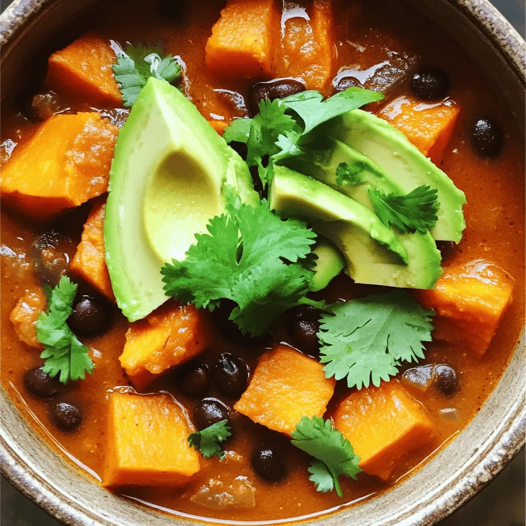 - 2 medium sweet potatoes, peeled and diced - 1 can (15 oz) black beans, rinsed and drained - 1 can (14 oz) diced tomatoes (with juices) - 1 medium onion, chopped - 2 cloves garlic, minced - 1 bell pepper (any color), chopped - 2 tablespoons olive oil - 2 tablespoons chili powder - 1 teaspoon cumin - 1 teaspoon smoked paprika - ½ teaspoon cayenne pepper (adjust to taste) - 2 cups vegetable broth - Salt and pepper to taste - Fresh cilantro for garnish - Avocado slices for serving (optional) I love using sweet potatoes in this chili. They add a touch of sweetness that balances the spices perfectly. Black beans make the dish hearty and filling. Diced tomatoes bring acidity to the mix, brightening up the flavors. Chop the onion and garlic finely. They will add depth to your chili. I like to use any color bell pepper for a pop of color. The olive oil helps cook the veggies and adds richness. For spices, chili powder and cumin are essential. They provide warmth and a bit of heat. Smoked paprika adds a nice smoky flavor. Adjust the cayenne pepper based on your spice level. If you want it mild, use less. Vegetable broth is the base for your chili. It adds moisture and flavor. Finally, finish with salt and pepper to taste. Fresh cilantro and avocado slices make the perfect garnish. They add freshness and creaminess. Enjoy this tasty combination in every bite! - Heating the Olive Oil Start by heating 2 tablespoons of olive oil in a large pot over medium heat. This step is vital. It helps to create a base for the flavors. - Sautéing Vegetables Add 1 chopped onion and 1 chopped bell pepper to the pot. Cook these for about 5 minutes, or until they soften. Stir occasionally to prevent sticking. After that, mix in 2 minced garlic cloves and cook for 1 to 2 more minutes. You want the garlic fragrant, but not burnt. - Adding Spices and Sweet Potatoes Next, toss in 2 diced sweet potatoes. Sprinkle in 2 tablespoons of chili powder, 1 teaspoon of cumin, 1 teaspoon of smoked paprika, and ½ teaspoon of cayenne pepper. Stir well to coat the sweet potatoes with all the spices. This step adds depth to the dish. - Incorporating Vegetable Broth and Simmering Pour in 2 cups of vegetable broth. Bring the mixture to a boil. Once boiling, reduce the heat and let it simmer. Cook for about 15 minutes or until the sweet potatoes are tender. Stir occasionally to keep everything mixed well. - Adding Black Beans and Diced Tomatoes After 15 minutes, add 1 can of rinsed black beans and 1 can of diced tomatoes (with their juices) to the pot. Stir everything together. Allow this to simmer for another 10 minutes. This lets the flavors meld together for a rich taste. - Adjusting Seasoning to Taste Taste your chili and season it with salt and pepper. If you like more heat, feel free to add extra cayenne pepper. Adjusting the seasoning is key to making it your own. - Serving Suggestions and Garnishing Serve the chili hot. Garnish each bowl with fresh cilantro and avocado slices if you wish. This adds a nice touch of freshness and creaminess. Enjoy your savory sweet potato black bean chili! Adjusting Spice Levels To make your chili just right, adjust the spices. I recommend starting with ½ teaspoon of cayenne pepper. Taste your chili as it cooks. If you want more heat, add a bit more cayenne. You can also try adding hot sauce for an extra kick. Ensuring Sweet Potatoes are Tender Sweet potatoes should be soft but not mushy. When you add them to the pot, cover it and check them after 15 minutes. If they are not tender, let them simmer for a few more minutes. This will help them cook through without losing their shape. Slow Cooker vs. Stovetop Method You can make this chili on the stovetop or in a slow cooker. For the stovetop, follow the recipe step-by-step. If using a slow cooker, sauté the onions and peppers first. Then add all ingredients to the slow cooker. Cook on low for 6-8 hours or high for 3-4 hours. Adding Additional Vegetables or Proteins Feel free to add more veggies like corn or zucchini. You can also stir in some cooked quinoa or lentils for extra protein. This keeps your chili hearty and filling. Best Accompaniments for Chili Chili pairs well with many sides. I love serving it with cornbread or a light salad. You can also top it with cheese or sour cream for creaminess. Pairing with Bread or Rice Serve your chili with crusty bread for dipping. Rice is another great option, soaking up all that flavor. You can use white rice, brown rice, or even quinoa. Each brings its own taste and texture. {{image_2}} Using Different Beans You don’t have to stick with black beans. You can use kidney beans, pinto beans, or chickpeas instead. Each type brings a different taste and texture. Try to mix and match to find your favorite. Swapping Sweet Potatoes for Other Vegetables If you want a twist, swap sweet potatoes for zucchini or butternut squash. These options will change the flavor and texture. Just chop them into small pieces and add them during cooking. Incorporating Fresh Herbs Fresh herbs can make a big difference. Try adding cilantro, parsley, or even basil. Chop them up and stir them in right before serving. This adds a burst of flavor. Adding Heat with Chili Peppers Want more spice? Add fresh chili peppers like jalapeños or serranos. Dice them up and add them when you sauté the onions. Adjust the amount to suit your taste. Vegan and Gluten-Free Options This chili is already vegan and gluten-free. All ingredients are plant-based and contain no gluten. You can enjoy this dish without any worries. Low-Carb Modifications If you’re watching carbs, skip the sweet potatoes. Instead, add more black beans or use cauliflower. This keeps the chili low in carbs while still being filling and tasty. To keep your sweet potato black bean chili fresh, store it in an airtight container. This helps prevent odors from mixing in your fridge. Let the chili cool before sealing it. In the fridge, your chili lasts about 3 to 5 days. Make sure to label the container with the date. This way, you won't forget how long it has been there. You can freeze this chili for longer storage. First, let it cool completely. Then, pour it into freezer-safe bags or containers. Remove as much air as possible to avoid freezer burn. Your chili can stay fresh in the freezer for up to 3 months. When you’re ready to eat, just take it out and thaw it in the fridge overnight. When reheating your chili, the stove is the best method. Pour the chili into a pot and heat it on medium. Stir often to keep it from sticking. You can also use the microwave. Place your chili in a microwave-safe bowl and cover it. Heat for 1-2 minutes, stirring halfway through. To keep the flavors strong, avoid overheating. Taste and adjust the seasoning if needed. Enjoy that warm, rich flavor! Can I make this chili in advance? Yes, you can make this chili ahead of time. It tastes even better the next day as the flavors mix. Store it in the fridge in a sealed container for up to four days. Is this recipe kid-friendly? Absolutely! Kids usually love the sweet flavor of sweet potatoes and the beans add a nice texture. You can adjust the spices to make it milder for younger taste buds. How can I adjust the recipe for meal prepping? To meal prep, simply double the recipe. Portion it into containers for easy grab-and-go meals. This chili freezes well, so you can keep some for later. Caloric Content per Serving Each serving of this chili has about 300 calories. It fills you up with healthy nutrients without weighing you down. Health Benefits of Ingredients - Sweet potatoes provide vitamins and fiber. - Black beans are rich in protein and iron. - Tomatoes add antioxidants. - Spices like cumin and chili powder boost metabolism. What to do if the chili is too thick? If the chili is too thick, add a little vegetable broth or water. Stir well and heat it for a few minutes. This will help loosen it up. How to make it spicier or milder? For more heat, add extra cayenne or chili powder. Taste as you go to find the perfect spice level for you. If it's too spicy, add a bit of sugar or more sweet potatoes to balance it out. This chili uses great ingredients like sweet potatoes and black beans for a tasty dish. You learned how to cook it step by step. Plus, you now have tips to make it even better and ideas for fun variations. Remember, you can store leftovers or freeze this chili for later. With all these details, you can create a meal that everyone will love. Enjoy making and sharing this delicious chili!