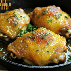 - 4 bone-in, skin-on chicken thighs - 1/4 cup honey - 1/4 cup Dijon mustard - 2 tablespoons apple cider vinegar - 2 cloves garlic, minced - 1 teaspoon dried thyme - 1 teaspoon smoked paprika - Salt and pepper to taste - Fresh parsley, chopped (for garnish) To start, you need four bone-in, skin-on chicken thighs. The skin gives the dish a crispy texture while keeping the meat juicy. Next, mix equal parts honey and Dijon mustard, each at 1/4 cup. This ratio strikes a perfect balance between sweet and tangy. Add two tablespoons of apple cider vinegar. This ingredient brightens the flavor and adds a bit of zing. You will also need two cloves of minced garlic. Garlic adds depth and richness to the glaze. Season the chicken thighs with one teaspoon of dried thyme and one teaspoon of smoked paprika. These spices enhance the overall flavor profile. Don't forget to add salt and pepper to taste. Lastly, finish the dish with chopped fresh parsley for garnish. - Fresh herbs for garnish - Suggestions for side dishes For garnishes, fresh herbs like parsley work wonders. They add a pop of color and freshness. You can also pair this dish with side options like roasted vegetables or a simple salad. These sides complement the chicken beautifully. - Calories per serving - Macronutrient breakdown Each serving has around 350 calories. The chicken is high in protein, offering about 25 grams per serving. You also get healthy fats from the skin. This dish is not only tasty but also nourishing. - Prepping chicken thighs: Start by patting the chicken thighs dry with paper towels. This step helps the skin get crispy. Next, season both sides of the chicken with salt and pepper. Make sure to coat them well. - Whisking the honey mustard mixture: In a small bowl, combine 1/4 cup of honey, 1/4 cup of Dijon mustard, 2 tablespoons of apple cider vinegar, and 2 minced garlic cloves. Add 1 teaspoon of dried thyme and 1 teaspoon of smoked paprika. Mix well until the mixture is smooth. - Searing chicken thighs in a skillet: Heat a tablespoon of oil in a large oven-safe skillet over medium-high heat. Place the chicken thighs skin-side down in the skillet. Sear for about 5-7 minutes until the skin turns crispy and golden. - Baking instructions for optimal results: After searing, flip the chicken thighs over. Pour the honey mustard mixture on top, coating them evenly. Transfer the skillet to the preheated oven. Bake for 25-30 minutes. The chicken should reach an internal temperature of 165°F (75°C). - Resting time for chicken: Once baked, let the chicken rest for 5 minutes before serving. This resting time helps the juices settle, making the chicken more tender. - Serving suggestions: Garnish the chicken with freshly chopped parsley for a pop of color. Serve with your favorite sides, like roasted veggies or rice. This meal is a treat for any occasion! To get that crispy skin, start by patting the chicken thighs dry. This step removes moisture and helps the skin crisp up nicely. Next, use a hot skillet for searing. Heat a tablespoon of oil until it shimmers. Place the chicken thighs skin-side down and cook for 5-7 minutes. This browns the skin, making it golden and crunchy. Feel free to change the glaze! If you want a sweeter taste, add more honey. If you like heat, try adding a pinch of cayenne pepper or hot sauce. For Dijon mustard, you can swap it with honey mustard or whole grain mustard. Each will give a unique flavor twist. One big mistake is overcooking the chicken. Use a meat thermometer to check for doneness. The internal temperature should be 165°F (75°C). Another mistake is not seasoning enough. Make sure to season both sides with salt and pepper. This simple step boosts the flavor of your chicken. {{image_2}} You can make your meal even better by adding veggies. Roasting vegetables alongside the chicken adds flavor and nutrients. Try carrots, potatoes, or green beans. These veggies pair well with the sweet and tangy glaze. Cut them into uniform sizes for even cooking. You can change how you cook honey mustard chicken thighs. Grilling adds a nice smoky flavor. Just marinate the chicken in the honey mustard mix before grilling. Cook on medium heat until done. Slow cooking is another great option. Place the chicken in a slow cooker with the sauce. Cook on low for 6-8 hours for tender, juicy meat. If you don't have chicken thighs, you can use other proteins. Bone-in chicken breasts work well too. You can also try pork chops or turkey thighs. Adjust the cooking time based on the thickness of the meat. For fish lovers, salmon fillets can be a great swap. Just be careful, as fish cooks much faster than chicken. To keep your honey mustard chicken thighs fresh, use airtight containers. Glass or plastic containers with tight lids work best. Make sure to let the chicken cool before sealing it. This helps avoid steam buildup and soggy skin. When reheating, use an oven or skillet for the best results. Preheat your oven to 350°F (175°C). Place the chicken on a baking sheet and cover it with foil. Heat for about 15-20 minutes. This keeps the skin crispy and the meat juicy. If using a skillet, add a splash of water. Cover it and warm over low heat for about 10-15 minutes. You can freeze cooked or uncooked chicken thighs. If freezing cooked chicken, wrap it tightly in plastic wrap and then foil. This prevents freezer burn. When you’re ready to eat, thaw in the fridge overnight. For raw chicken, place it in a freezer bag. Remove as much air as you can. Thaw it in the fridge before cooking. This keeps the meat safe and maintains its quality. Yes, you can prepare honey mustard chicken thighs ahead of time. To do this, follow these steps: - Make the honey mustard glaze and coat the chicken thighs. - Place the chicken in a sealed container. - Store it in the fridge for up to 24 hours. This way, you save time on cooking day. When ready, just bake it as directed. Many sides go great with this dish. Here are some popular options: - Steamed broccoli - Roasted carrots - Garlic mashed potatoes - Quinoa salad These sides balance the flavors of the chicken and add nutrition. If you lack Dijon mustard, don’t worry! You can use these substitutes: - Yellow mustard for a milder taste. - Honey mustard for added sweetness. - Whole grain mustard for a crunchy texture. Adjust the other flavors in the glaze to match your choice. To check if the chicken is ready, use a meat thermometer. Insert it into the thickest part of the thigh. The safe internal temperature for chicken is 165°F (75°C). This ensures your meal is safe and juicy. Yes, this recipe is perfect for meal prep! Here are some tips: - Cook a batch of chicken thighs and let them cool. - Divide them into meal containers with your chosen sides. - Store in the fridge for up to four days. This makes it easy to enjoy a tasty meal throughout the week. In this article, we explored how to make honey mustard chicken thighs. We discussed essential ingredients, like the chicken, honey, and Dijon mustard. We also covered preparation, cooking steps, and tips for crispy skin. Furthermore, we highlighted storage and reheating methods. This dish offers tasty options and is fun to prepare. With simple adjustments, you can make it your own. Use these guidelines for a delicious meal that satisfies everyone. Enjoy cooking and sharing this delight!