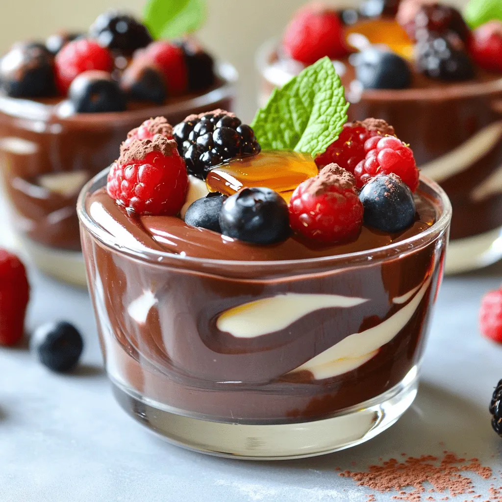 To make this rich Greek yogurt chocolate mousse, you need a few key ingredients: - 1 cup dark chocolate chips (75-80% cocoa) - 2 cups plain, full-fat Greek yogurt - 1/4 cup honey or maple syrup (adjust to taste) - 1 teaspoon vanilla extract - A pinch of sea salt These ingredients work together to create a creamy and delicious mousse. The dark chocolate brings a deep flavor. The Greek yogurt adds a nice creaminess and a bit of tang. Garnishes can elevate your mousse. Here are some great options: - Fresh berries (like strawberries or raspberries) - Mint leaves These add color and freshness to your dish. They also provide a nice contrast to the rich chocolate. If you don't have some ingredients, here are a few substitutions: - Use semi-sweet chocolate chips instead of dark chocolate for a sweeter mousse. - Swap honey for agave syrup if you want a vegan option. - Greek yogurt can be replaced with a dairy-free yogurt for a lighter version. These substitutions keep the mousse tasty while fitting your needs. You can still enjoy a creamy dessert no matter the changes! To start, you need to melt the dark chocolate chips. You can use a microwave or a double boiler. If using a microwave, place the chocolate chips in a microwave-safe bowl. Heat them in 30-second intervals. Stir after each interval until the chocolate is smooth. If using a double boiler, heat water in the bottom pot and place the chocolate in the top pot. Stir until melted. Let the chocolate cool slightly before mixing it in. Next, grab a large mixing bowl. Add 2 cups of plain, full-fat Greek yogurt. Mix in 1/4 cup of honey or maple syrup for sweetness. Then, add 1 teaspoon of vanilla extract and a pinch of sea salt. Stir well until the mixture is smooth and creamy. This will be the base of your mousse. Now, it’s time to combine everything. Gently fold the melted chocolate into the yogurt mixture. Use a spatula for this step. Be careful not to overmix. You want to keep the mousse airy and light. Once combined, taste the mousse and adjust the sweetness if needed. Add a little more honey or maple syrup if you like it sweeter. Spoon the mousse into individual serving glasses or bowls. Cover them with plastic wrap or lids if you want. Place the mousse in the fridge for at least 2 hours. This will help it set and become deliciously creamy. Before serving, add fresh berries and a mint leaf on top for a touch of color and flavor. To make the best mousse, focus on texture. Start with full-fat Greek yogurt. This adds creaminess. When mixing, fold gently. This keeps air in the mousse. Air makes it light and fluffy. If it feels too thick, you can add a splash of milk. This helps thin it out while keeping it rich. Taste is key. Start with 1/4 cup of honey or maple syrup. Mix it into the yogurt. After folding in the chocolate, taste it again. If you want it sweeter, add more honey or syrup. Remember, the chocolate is rich. Too much sweetness can overpower the flavor. Adjust slowly for best results. Presentation makes your dessert special. Use clear glass cups to show off the mousse. This reveals its creamy layers. Top each serving with fresh berries for color. A mint leaf adds a fresh look. Drizzle honey or sprinkle cocoa powder on top for a finishing touch. These small details create a beautiful treat. {{image_2}} You can mix things up with Greek yogurt chocolate mousse. Try adding coffee for a rich taste. Just add 1 tablespoon of instant coffee to the melted chocolate. Want something fruity? Blend in some orange zest or a splash of almond extract. These little tweaks can give your mousse a unique flavor twist. If you want a dairy-free version, swap Greek yogurt with coconut yogurt. Make sure to pick a thick brand. Use dairy-free chocolate chips for a smooth and creamy feel. This way, you can enjoy a delicious treat without dairy. Garnishes make your mousse pop. In spring, use fresh strawberries or raspberries. In summer, top with blueberries or peaches. In fall, sprinkle chopped pecans or drizzle maple syrup. In winter, add a dusting of cocoa powder or crushed peppermint. These seasonal touches enhance flavor and make the dish look stunning. Store your Greek yogurt chocolate mousse in the fridge. Use airtight containers to keep it fresh. Cover each serving with plastic wrap or lids. This keeps the mousse creamy and prevents it from drying out. The mousse stays good for about 3 to 5 days in the fridge. If you notice any change in smell or texture, toss it out. Always check before enjoying a serving. You can freeze the mousse if you want to save some for later. Place it in a freezer-safe container. Leave some space at the top, as it may expand when frozen. It can last about 2 months in the freezer. To enjoy, thaw it in the fridge overnight before serving. Yes, you can use low-fat Greek yogurt. It will change the texture slightly. The mousse may not be as rich. Full-fat yogurt gives a creamier finish. If you choose low-fat, you might need to adjust the sweetener. To make this mousse vegan, use dairy-free yogurt. Look for almond or coconut yogurt. Replace honey with maple syrup or agave nectar. Use dark chocolate labeled as vegan. This way, you enjoy the same rich taste without dairy. Traditional chocolate mousse often uses eggs and heavy cream. This version uses Greek yogurt for a healthier twist. It’s lower in fat and higher in protein. The taste remains rich and delicious, but it’s lighter. Absolutely! Adding flavors can make this mousse unique. For coffee, mix in espresso powder. You can also add a dash of cinnamon or nutmeg for warmth. Experimenting with flavors can create a fun twist on this classic treat. Greek yogurt chocolate mousse is a simple treat. You learned the key ingredients, swaps, and optional garnishes. The step-by-step guide ensured easy preparation. Tips helped you get the right texture and look. Variations offered fun ways to personalize your mousse. In the end, this dessert is versatile and healthful. You can enjoy it any time with simple adjustments. Now, get creative and make your own delicious version!