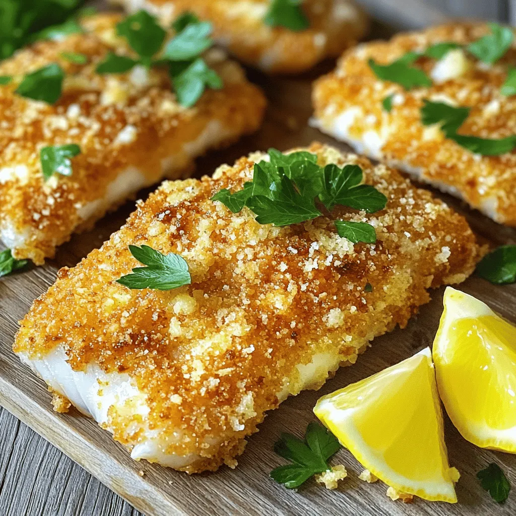 Here’s what you need for Parmesan Crusted Tilapia. Gather these ingredients: - 4 tilapia fillets - 1 cup grated Parmesan cheese - 1/2 cup breadcrumbs (panko preferred for extra crunch) - 1 teaspoon garlic powder - 1 teaspoon dried Italian herbs (oregano, basil, thyme) - 1/2 teaspoon paprika - 1/4 teaspoon black pepper - 1/4 teaspoon salt - 1/4 cup mayonnaise - 2 tablespoons fresh parsley, chopped (for garnish) - Lemon wedges (for serving) Each ingredient plays a key role in making this dish tasty. The tilapia is mild and flaky, while Parmesan adds a rich flavor. Panko breadcrumbs give a nice crunch. Garlic powder and Italian herbs add depth. Paprika, black pepper, and salt enhance the taste. Mayonnaise helps the crust stick and keeps the fish moist. Fresh parsley brightens the dish, and lemon wedges bring a zesty touch. Prepare these ingredients, and you are ready to create a delicious meal! - Preheat your oven to 400°F (200°C). - Line a baking sheet with parchment paper or lightly grease it. - In a shallow bowl, mix together: - 1 cup grated Parmesan cheese - 1/2 cup breadcrumbs (panko is best) - 1 teaspoon garlic powder - 1 teaspoon dried Italian herbs (oregano, basil, thyme) - 1/2 teaspoon paprika - 1/4 teaspoon black pepper - 1/4 teaspoon salt - Spread 1/4 cup mayonnaise evenly over one side of each tilapia fillet. - Press the mayo-coated side into the Parmesan mixture. Make sure it sticks well. - Place the fillets on the baking sheet, crumb side facing up. - Bake for 15-20 minutes. Check if the fish flakes easily with a fork. - The crust should be golden and crispy. To get that perfect crunch, use panko breadcrumbs. They add a nice texture. Skip the mayonnaise, and you may end up with a dry fish. The mayo keeps the tilapia moist and helps the crust stick well. When picking fresh tilapia, look for clear eyes and shiny skin. This shows it is fresh. If you buy frozen tilapia, thaw it safely in the fridge overnight. This keeps it safe and tasty. This dish pairs well with many sides. Try serving it with steamed veggies or a fresh salad. You can also drizzle some lemon juice over it for a zesty touch. It makes the flavors pop! {{image_2}} To make Parmesan crusted tilapia even better, try adding different herbs and spices. You can mix in fresh dill or some zesty lemon zest for a bright taste. You could also try adding some chili powder for heat or fresh garlic for a fragrant kick. You can play with cheese too. While Parmesan is great, using a mix of cheeses can add depth. Try using Gruyère for a nutty flavor or a bit of cheddar for sharpness. These choices can make your dish stand out. You can bake or fry the tilapia. Baking is simple and keeps the fish moist. Just coat it and pop it in the oven. Frying gives a crispy texture but adds more oil. If you want a lighter option, air-frying is great. It cooks fast and keeps the crunch without much oil. If you have dietary restrictions, there are good swaps. Instead of mayonnaise, try Greek yogurt for a tangy touch. For breadcrumbs, gluten-free options like crushed rice or cornflakes work well. For vegan options, you can use cashew cream as a base. Instead of cheese, try nutritional yeast for a cheesy flavor without dairy. These changes keep the dish tasty while fitting different diets. To store your Parmesan Crusted Tilapia, place it in an airtight container. Make sure to cool it first. Refrigerate the leftovers within two hours of cooking. They will stay fresh for up to three days. For longer storage, you can freeze the fillets. Wrap them tightly in plastic wrap and foil. Label the package with the date. Frozen tilapia can last for up to three months. When you reheat your tilapia, keep the texture in mind. The best method is to use the oven. Preheat it to 350°F (175°C). Place the fillets on a baking sheet. Cover them with foil to keep them moist. Heat for about 10 to 15 minutes. You can also use a microwave, but it may make the crust soggy. If using the microwave, heat on low for short bursts. Parmesan Crusted Tilapia lasts about three days in the fridge. You’ll know it’s spoiled if it has a sour smell or the texture feels slimy. If you freeze it, thaw it in the fridge overnight before reheating. Always check for signs of spoilage before eating. If in doubt, throw it out! To check if the tilapia is done, look for a few signs. First, the fish should be opaque and have a white color. Second, it should flake easily with a fork. If it does not flake, give it a few more minutes in the oven. The internal temperature should reach 145°F (63°C) for safe eating. This is the key to great tilapia! Yes, you can make this dish gluten-free! Instead of regular breadcrumbs, use gluten-free breadcrumbs or crushed gluten-free crackers. For the mayonnaise, check the label to ensure it's gluten-free. This way, you can enjoy the same tasty crust without the gluten. There are many great sides to pair with tilapia. Here are a few ideas: - Steamed broccoli for a healthy crunch - Lemon rice for a zesty flavor - Simple mixed greens salad for freshness - Roasted vegetables for a colorful plate - Mashed potatoes for a creamy side These options will make your meal even more delicious! You now have a clear path to make delicious Parmesan crusted tilapia. We covered the key ingredients, easy steps, and handy tips to ensure a perfect dish. Remember, using panko breadcrumbs and mayonnaise adds crunch and flavor. Don't hesitate to try variations to suit your taste. Store leftovers properly to enjoy them later. With these insights, you can impress at your next meal. Enjoy cooking!