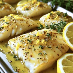 - 4 cod fillets (approximately 6 oz each) - 4 tablespoons unsalted butter, divided - 4 garlic cloves, minced - Zest and juice of 1 lemon - 1 teaspoon fresh thyme leaves (or ½ teaspoon dried thyme) - Salt and pepper to taste - Fresh parsley, chopped, for garnish - Lemon slices for serving - White wine - Capers - Red pepper flakes When choosing cod, look for bright and firm fillets. Fresh cod has a clean scent. Frozen cod works too; just make sure it’s fully thawed. Butter adds richness, while garlic brings a lovely aroma. The lemon zest and juice add brightness, making the dish lively. Thyme gives a hint of earthiness, balancing the flavors. You can also try adding white wine for a deeper taste. Capers add a salty kick, while red pepper flakes give a bit of heat. These extras can transform your dish if you want to try something new. Always use fresh parsley for garnish. It brightens up the plate and adds freshness. Serve with lemon slices for a final touch that makes it shine. - Preheat the oven to 400°F (200°C). - Prepare a baking dish and grease it. Start by melting 2 tablespoons of butter in a skillet over medium heat. Add 4 minced garlic cloves and sauté them for 1-2 minutes until they smell good. Be careful not to let the garlic turn brown. Next, stir in the zest and juice of 1 lemon and 1 teaspoon of fresh thyme leaves. Cook this mix for another minute, then take it off the heat. Now, season your 4 cod fillets with salt and pepper. Place them in your greased baking dish. Pour the lemon garlic mix evenly over the cod fillets, making sure they are well covered. Slice the remaining 2 tablespoons of butter and place the slices on top of the cod. Put the baking dish in your preheated oven. Bake for 15-20 minutes. Check if the cod is done when it looks opaque and flakes easily with a fork. Once it's ready, take it out and let it rest for a minute. You can garnish it with some chopped parsley and serve it with lemon slices on the side. Enjoy your meal! - Choosing fresh cod vs. frozen: Fresh cod has a mild flavor and firm texture. Look for bright eyes and clear skin. If you buy frozen, choose wild-caught for better taste. - How to tell when cod is done: Cod is done when it turns opaque and flakes easily with a fork. This usually takes about 15-20 minutes at 400°F. - Suggestions for additional herbs and spices: You can add dill, oregano, or paprika for more flavor. These spices blend well with lemon and garlic. - Replacing butter with healthier alternatives: Use olive oil or avocado oil instead of butter. These oils add healthy fats while keeping the dish tasty. - Plating the dish for best visual appeal: Serve the cod on a clean plate. Place it in the center and arrange sides around it. - Garnishing ideas with herbs or vegetables: Top with fresh parsley and lemon slices. You can also add cherry tomatoes or sautéed spinach for color. {{image_2}} To make Lemon Garlic Butter Cod even better, you can add vegetables. Asparagus and broccoli work great. To add asparagus, trim the ends and cut them into 2-inch pieces. For broccoli, cut it into small florets. Toss them in olive oil and season with salt and pepper. Cooking Times: - Add asparagus: cook for 10 minutes in the oven with the cod. - Add broccoli: cook for about 15 minutes in the oven with the cod. This will give you a colorful and tasty dish. The veggies soak up the lemon garlic flavor, making everything even more delicious. You can cook Lemon Garlic Butter Cod in different ways. Pan-searing gives a nice crust. To pan-sear, heat butter in a skillet over medium heat. Cook the cod for about 4-5 minutes on each side. Baking is simple and keeps the fish moist. Follow the baking steps in the recipe for a tender result. Want a smoky flavor? Try grilling! Preheat your grill to medium-high. Brush the cod with oil and place it on the grill. Cook for about 4-5 minutes per side. This adds a nice char and enhances the flavor. If you need gluten-free options, this recipe is naturally gluten-free. Just check that your ingredients are safe. For a dairy-free version, replace butter with olive oil or coconut oil. This keeps the dish tasty without dairy. Enjoy your Lemon Garlic Butter Cod in a way that fits your diet! To store leftover cod, place it in an airtight container. Cover it tightly to keep the moisture in. Cod can stay fresh in the fridge for about 2 to 3 days. After that, the fish may lose its quality and taste. You can freeze cod before or after cooking. If freezing raw, wrap the fillets in plastic wrap, then place them in a freezer bag. Squeeze out as much air as possible. Cooked cod should cool first before wrapping. It can last in the freezer for up to 3 months. For thawing, move the cod to the fridge for several hours or overnight. This method helps keep the texture nice. To reheat cod without drying it out, use low heat. Place the fillet in a skillet with a splash of water or broth. Cover it and heat gently for 5 to 7 minutes. This keeps the fish moist. For refreshing leftovers, add a squeeze of fresh lemon juice before serving. This tip brightens the flavors and brings back some freshness. It takes about 30 minutes to cook Lemon Garlic Butter Cod. You will spend 10 minutes prepping and 20 minutes baking. Preheat your oven to 400°F (200°C). Bake the cod for 15 to 20 minutes. The cod is done when it looks opaque and flakes easily. Yes, you can use other types of fish. Some good options are tilapia, haddock, or salmon. Each type of fish cooks at a different rate. Adjust the cooking time based on thickness. Thicker fillets may need extra time. Many side dishes go well with Lemon Garlic Butter Cod. Here are a few suggestions: - Steamed rice - Quinoa - Roasted vegetables - Garlic bread - A fresh green salad These sides will complement the flavors of the cod well. To make this dish in one pan, start by seasoning the cod. In the same pan, melt butter and sauté garlic. Add lemon juice and zest. Place the cod in the pan and pour the mixture over it. Bake it all together at 400°F (200°C) for about 15 to 20 minutes. Yes, you can prepare some parts ahead of time. You can season the cod and make the lemon garlic mix the day before. Store them in the fridge. When you are ready to cook, just combine everything and bake. This will save you time later. In this post, we covered a simple way to make Lemon Garlic Butter Cod. We discussed main ingredients, optional flavor enhancers, and steps to cook. We also explored tips for perfect cooking and tasty variations. Remember, you can make this dish your own by adding vegetables or trying different fish. Cooking can be fun and rewarding. Enjoy your meal and keep experimenting with flavors in your kitchen!