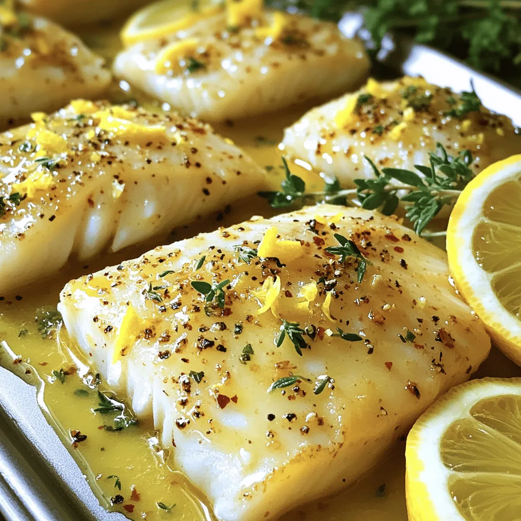 - 4 cod fillets (approximately 6 oz each) - 4 tablespoons unsalted butter, divided - 4 garlic cloves, minced - Zest and juice of 1 lemon - 1 teaspoon fresh thyme leaves (or ½ teaspoon dried thyme) - Salt and pepper to taste - Fresh parsley, chopped, for garnish - Lemon slices for serving - White wine - Capers - Red pepper flakes When choosing cod, look for bright and firm fillets. Fresh cod has a clean scent. Frozen cod works too; just make sure it’s fully thawed. Butter adds richness, while garlic brings a lovely aroma. The lemon zest and juice add brightness, making the dish lively. Thyme gives a hint of earthiness, balancing the flavors. You can also try adding white wine for a deeper taste. Capers add a salty kick, while red pepper flakes give a bit of heat. These extras can transform your dish if you want to try something new. Always use fresh parsley for garnish. It brightens up the plate and adds freshness. Serve with lemon slices for a final touch that makes it shine. - Preheat the oven to 400°F (200°C). - Prepare a baking dish and grease it. Start by melting 2 tablespoons of butter in a skillet over medium heat. Add 4 minced garlic cloves and sauté them for 1-2 minutes until they smell good. Be careful not to let the garlic turn brown. Next, stir in the zest and juice of 1 lemon and 1 teaspoon of fresh thyme leaves. Cook this mix for another minute, then take it off the heat. Now, season your 4 cod fillets with salt and pepper. Place them in your greased baking dish. Pour the lemon garlic mix evenly over the cod fillets, making sure they are well covered. Slice the remaining 2 tablespoons of butter and place the slices on top of the cod. Put the baking dish in your preheated oven. Bake for 15-20 minutes. Check if the cod is done when it looks opaque and flakes easily with a fork. Once it's ready, take it out and let it rest for a minute. You can garnish it with some chopped parsley and serve it with lemon slices on the side. Enjoy your meal! - Choosing fresh cod vs. frozen: Fresh cod has a mild flavor and firm texture. Look for bright eyes and clear skin. If you buy frozen, choose wild-caught for better taste. - How to tell when cod is done: Cod is done when it turns opaque and flakes easily with a fork. This usually takes about 15-20 minutes at 400°F. - Suggestions for additional herbs and spices: You can add dill, oregano, or paprika for more flavor. These spices blend well with lemon and garlic. - Replacing butter with healthier alternatives: Use olive oil or avocado oil instead of butter. These oils add healthy fats while keeping the dish tasty. - Plating the dish for best visual appeal: Serve the cod on a clean plate. Place it in the center and arrange sides around it. - Garnishing ideas with herbs or vegetables: Top with fresh parsley and lemon slices. You can also add cherry tomatoes or sautéed spinach for color. {{image_2}} To make Lemon Garlic Butter Cod even better, you can add vegetables. Asparagus and broccoli work great. To add asparagus, trim the ends and cut them into 2-inch pieces. For broccoli, cut it into small florets. Toss them in olive oil and season with salt and pepper. Cooking Times: - Add asparagus: cook for 10 minutes in the oven with the cod. - Add broccoli: cook for about 15 minutes in the oven with the cod. This will give you a colorful and tasty dish. The veggies soak up the lemon garlic flavor, making everything even more delicious. You can cook Lemon Garlic Butter Cod in different ways. Pan-searing gives a nice crust. To pan-sear, heat butter in a skillet over medium heat. Cook the cod for about 4-5 minutes on each side. Baking is simple and keeps the fish moist. Follow the baking steps in the recipe for a tender result. Want a smoky flavor? Try grilling! Preheat your grill to medium-high. Brush the cod with oil and place it on the grill. Cook for about 4-5 minutes per side. This adds a nice char and enhances the flavor. If you need gluten-free options, this recipe is naturally gluten-free. Just check that your ingredients are safe. For a dairy-free version, replace butter with olive oil or coconut oil. This keeps the dish tasty without dairy. Enjoy your Lemon Garlic Butter Cod in a way that fits your diet! To store leftover cod, place it in an airtight container. Cover it tightly to keep the moisture in. Cod can stay fresh in the fridge for about 2 to 3 days. After that, the fish may lose its quality and taste. You can freeze cod before or after cooking. If freezing raw, wrap the fillets in plastic wrap, then place them in a freezer bag. Squeeze out as much air as possible. Cooked cod should cool first before wrapping. It can last in the freezer for up to 3 months. For thawing, move the cod to the fridge for several hours or overnight. This method helps keep the texture nice. To reheat cod without drying it out, use low heat. Place the fillet in a skillet with a splash of water or broth. Cover it and heat gently for 5 to 7 minutes. This keeps the fish moist. For refreshing leftovers, add a squeeze of fresh lemon juice before serving. This tip brightens the flavors and brings back some freshness. It takes about 30 minutes to cook Lemon Garlic Butter Cod. You will spend 10 minutes prepping and 20 minutes baking. Preheat your oven to 400°F (200°C). Bake the cod for 15 to 20 minutes. The cod is done when it looks opaque and flakes easily. Yes, you can use other types of fish. Some good options are tilapia, haddock, or salmon. Each type of fish cooks at a different rate. Adjust the cooking time based on thickness. Thicker fillets may need extra time. Many side dishes go well with Lemon Garlic Butter Cod. Here are a few suggestions: - Steamed rice - Quinoa - Roasted vegetables - Garlic bread - A fresh green salad These sides will complement the flavors of the cod well. To make this dish in one pan, start by seasoning the cod. In the same pan, melt butter and sauté garlic. Add lemon juice and zest. Place the cod in the pan and pour the mixture over it. Bake it all together at 400°F (200°C) for about 15 to 20 minutes. Yes, you can prepare some parts ahead of time. You can season the cod and make the lemon garlic mix the day before. Store them in the fridge. When you are ready to cook, just combine everything and bake. This will save you time later. In this post, we covered a simple way to make Lemon Garlic Butter Cod. We discussed main ingredients, optional flavor enhancers, and steps to cook. We also explored tips for perfect cooking and tasty variations. Remember, you can make this dish your own by adding vegetables or trying different fish. Cooking can be fun and rewarding. Enjoy your meal and keep experimenting with flavors in your kitchen!