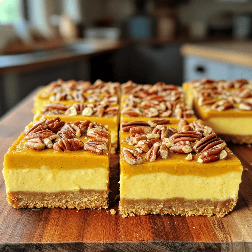 To make these Pumpkin Pecan Cheesecake Bars, gather these ingredients: - 1 cup graham cracker crumbs - 1/4 cup melted butter - 1/4 cup brown sugar - 2 (8 oz) packages cream cheese, softened - 1 cup canned pumpkin puree - 1/2 cup granulated sugar - 1 teaspoon vanilla extract - 2 large eggs - 1 teaspoon pumpkin pie spice - 1/2 cup chopped pecans - 1/4 teaspoon salt These ingredients blend to create a rich, creamy dessert that sings fall flavors. You can switch some ingredients if needed. Here are some easy swaps: - Use crushed cookies instead of graham crackers for the crust. - Coconut oil can replace melted butter for a dairy-free option. - Maple syrup can stand in for brown sugar for a different sweetness. - Use dairy-free cream cheese for a vegan version. - If you cannot find canned pumpkin, fresh pumpkin works too! Just cook and mash it first. These substitutions keep the taste rich while meeting your needs. Add some flair to your bars with these toppings: - Whipped cream adds a light touch. - Drizzle caramel sauce for extra sweetness. - A sprinkle of cinnamon or nutmeg gives a warm spice. - More chopped pecans can add crunch and flavor. These toppings let you customize your bars to fit your taste! To start, preheat your oven to 350°F (175°C). Grab an 8x8-inch baking dish and grease it well. In a medium bowl, mix together 1 cup of graham cracker crumbs, 1/4 cup of melted butter, and 1/4 cup of brown sugar. Stir until the mixture is crumbly. Press this mixture firmly into the bottom of your prepared dish. Bake it for 10 minutes. Once done, take it out and let it cool a bit. Next, take a large mixing bowl. Beat 2 packages of softened cream cheese until it's smooth. You can use an electric mixer for this. Now, add 1 cup of canned pumpkin puree, 1/2 cup of granulated sugar, 1 teaspoon of vanilla extract, and 2 large eggs. Don’t forget to add 1 teaspoon of pumpkin pie spice and 1/4 teaspoon of salt. Mix it all together until it’s smooth and creamy. Gently fold in 1/2 cup of chopped pecans for a nice crunch. Now, pour your creamy cheesecake mixture over the cooled crust. Spread it out evenly. Bake the dish for 30-35 minutes. Keep an eye on it until the center is set and the edges turn lightly golden. Once it's baked, let the bars cool at room temperature for about an hour. After that, pop them in the fridge for at least 4 hours. If you have time, letting them set overnight works wonders. When they are fully set, cut them into squares and serve them chilled. Enjoy your delicious pumpkin pecan cheesecake bars! One mistake is using cold cream cheese. It should be soft for a smooth mix. If you skip the cooling time after baking, the bars may not set well. Also, don’t overmix once you add the eggs; this can make the texture too fluffy. To get a creamy texture, beat the cream cheese well before adding any other ingredients. Mix the pumpkin and sugar lightly, just until combined. Don’t forget to fold in the pecans gently. This keeps them from sinking and adds a nice crunch. Serve these bars chilled for the best taste. I love to top them with whipped cream or a sprinkle of cinnamon. You can also serve them with a scoop of vanilla ice cream for extra sweetness. Pair these bars with coffee or chai for a cozy fall treat. {{image_2}} To make gluten-free pumpkin pecan cheesecake bars, swap the graham cracker crumbs. Use gluten-free crumbs or crushed nuts instead. This change keeps the crust tasty and holds together well. Ensure your butter is also gluten-free. The rest of the recipe stays the same. You still get that rich flavor! For a vegan twist, replace the cream cheese with a vegan cream cheese. Use silken tofu blended until smooth as another option. Swap the eggs with flaxseed meal or chia seeds mixed with water. Use maple syrup instead of granulated sugar for sweetness. This way, you enjoy the same creamy texture without animal products. You can get creative with flavors. Add chocolate chips for a sweet touch. A swirl of caramel can add a nice surprise. Try mixing in dried cranberries for a fruity kick, or even a hint of orange zest for a fresh note. Each mix-in changes the bars, making them unique and fun! To store leftover pumpkin pecan cheesecake bars, place them in an airtight container. I like to use a glass dish with a lid. This keeps them fresh. You can also wrap them tightly in plastic wrap. Store them in the fridge for up to five days. Make sure they are fully cooled before storing. This helps maintain their lovely texture. If you want to save some bars for later, freezing is a great option. First, cut the bars into squares. Then, place them on a baking sheet lined with parchment paper. Freeze them for about two hours. Once frozen, transfer the squares into a freezer-safe bag. Squeeze out all the air before sealing. They can stay in the freezer for up to three months. When ready to enjoy, just thaw them in the fridge overnight. Reheating your pumpkin pecan cheesecake bars is simple. You can microwave them for about 15 to 20 seconds. This warms them without cooking them further. If you prefer to use the oven, preheat it to 350°F (175°C). Place the bars on a baking sheet and heat for about 10 minutes. I recommend enjoying them chilled for the best taste, but warm bars are also delicious! Yes, you can use fresh pumpkin. Start with a sugar pumpkin. Roast it until soft, then scoop out the flesh. Blend it smooth before adding to your cheesecake mix. This makes a tasty option, but canned pumpkin is easier and saves time. These bars can last up to a week in the fridge. Make sure to store them in an airtight container. If you want to keep them longer, consider freezing them, which can extend their life to three months. Yes, you can make these bars ahead of time! They taste even better after chilling for a day. Just prepare them, chill them in the fridge, and cut them into squares before serving. This makes them ready for any event. These bars pair well with whipped cream or caramel sauce. A scoop of vanilla ice cream also complements them nicely. You can even sprinkle extra chopped pecans on top for added crunch and flavor. This blog post covered all you need for pumpkin pecan cheesecake bars. We reviewed the key ingredients and their substitutes. I shared step-by-step instructions and tips to reach the best texture. I also highlighted variations like gluten-free and vegan options. Lastly, we discussed how to store leftovers properly. I hope you feel ready to bake these delicious bars. Enjoy sharing them with friends or family!