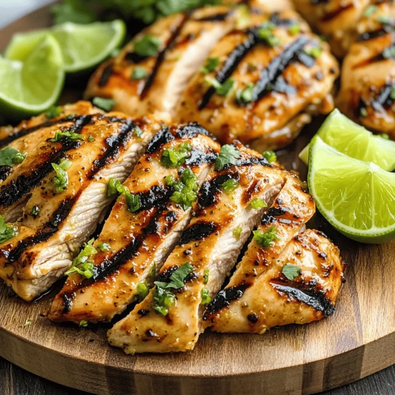 - 4 boneless, skinless chicken breasts - 2 tablespoons olive oil - 2 jalapeños, finely chopped - Zest of 1 lime - 1/4 cup fresh lime juice - 3 cloves garlic, minced - 1 teaspoon ground cumin - 1 teaspoon honey (optional) - Salt and pepper to taste - Fresh cilantro, for garnish For this tasty dish, you need just a handful of ingredients. Start with chicken breasts. They are the main part of the meal. Make sure they are boneless and skinless to keep it simple. Then grab some olive oil. It helps the flavors stick and adds a nice touch. Jalapeños give this chicken its kick. I like to chop them finely. If you want less heat, remove the seeds. Lime zest and juice add a fresh twist. The zest gives great aroma and brightens the dish. Don't forget garlic! It adds depth and flavor. Ground cumin brings warmth and earthiness. If you like a hint of sweetness, add honey. Salt and pepper balance everything. Finally, fresh cilantro adds color and freshness when you serve it. Gather these ingredients, and you’re ready to create a summer delight that’s sure to impress! First, take a large bowl. Combine 2 tablespoons of olive oil with spices. Add the zest of one lime and 1/4 cup of fresh lime juice. Next, stir in 2 finely chopped jalapeños and 3 minced garlic cloves. If you want a hint of sweetness, mix in 1 teaspoon of honey. Add salt and pepper to taste. Mix well to create a flavorful marinade. Now, take 4 boneless, skinless chicken breasts. Coat each piece in the marinade, ensuring they are well covered. Cover the bowl with plastic wrap. Place it in the fridge for at least 30 minutes. For deeper flavor, marinate for up to 2 hours. Preheat your grill to medium-high heat. Oil the grates to prevent sticking. Remove the chicken from the marinade and let excess drip off. Discard any leftover marinade. Place the chicken on the grill. Cook for 6-7 minutes on one side. Flip and continue grilling for another 6-7 minutes. The chicken should reach an internal temperature of 165°F (75°C). Once cooked, remove the chicken from the grill. Let it rest for about 5 minutes. This helps keep the chicken juicy. While resting, chop fresh cilantro for garnish. Slice the grilled chicken and sprinkle the chopped cilantro on top before serving. Marination is key for great taste. I suggest marinating the chicken for at least 30 minutes. For deeper flavor, go for 2 hours. The longer it sits, the better it absorbs the marinade. You can adjust the spice level by using jalapeños with or without seeds. For less heat, remove the seeds. If you want more kick, keep them in. Preheat your grill to medium-high heat. This helps to get nice grill marks. Oil the grates well to stop sticking. Cook the chicken for about 6-7 minutes on one side. Flip and grill for another 6-7 minutes. Always check for doneness. The chicken should reach 165°F (75°C) inside. Use a meat thermometer for the best results. Plate your chicken on a large dish. Garnish with lime wedges and fresh cilantro. This adds color and flavor. You can serve it with grilled veggies or a fresh salad. Both make great sides that complete the meal. Enjoy the bright flavors of summer! {{image_2}} You can change the flavor of the chicken by using different herbs or spices. Try adding fresh basil or oregano for a new twist. You can also use garlic powder or paprika for extra depth. For citrus, lime is great, but lemon and orange work well too. Each option gives a unique taste, so feel free to experiment. If you don’t have a grill, you can still enjoy this recipe. Oven baking works well; preheat it to 400°F (200°C) and cook the chicken on a baking sheet. You can also use a stovetop skillet. Heat some oil in the pan and cook the chicken for about 6-7 minutes per side. A grill pan gives nice marks and flavor, too. To make your chicken even better, think about adding sweet or smoky elements. A bit of brown sugar or smoked paprika can change the taste. You can also grill fruits like peaches or pineapples alongside the chicken. Veggies such as bell peppers and onions add color and flavor. These ideas make your meal more exciting and delicious. To keep your jalapeño lime grilled chicken fresh, wrap it well. Use plastic wrap or a tight container. Store it in the fridge for up to four days. This way, it stays juicy and flavorful. Remember, the sooner you eat it, the better the taste! For reheating, the oven works best. Preheat it to 350°F (175°C). Place the chicken in a baking dish, cover it with foil, and heat for about 15-20 minutes. This method helps keep it moist. You can also use a microwave, but it may dry out the chicken. If you choose the microwave, heat it in short bursts. Add a splash of water to keep it juicy. If you want to save some for later, freezing is a great option. Wrap each piece tightly in plastic wrap, then in foil. Place them in a freezer-safe bag. This helps prevent freezer burn. You can freeze grilled chicken for up to three months. For thawing, move it to the fridge for a night. This slow thaw keeps the texture intact. Once thawed, follow the reheating tips to enjoy your dish again. The chicken is fully cooked when it reaches an internal temperature of 165°F (75°C). This ensures it is safe to eat. Use a meat thermometer to check the thickest part of the chicken. If you don’t have one, cut into the chicken. The juices should run clear, and the meat should not be pink inside. Cooking time may vary depending on your grill and chicken thickness. Yes, you can make this recipe ahead of time. Marinating the chicken is key to great flavor. I suggest marinating the chicken for at least 30 minutes. For even more flavor, let it sit in the marinade for up to 2 hours. After marinating, store the chicken in the fridge until you’re ready to grill. This makes the dish perfect for meal prep! Many side dishes go well with jalapeño lime grilled chicken. Here are a few tasty options: - Grilled vegetables like zucchini, bell peppers, and corn - A fresh, crisp salad with lime vinaigrette - Cilantro lime rice for a zesty touch - Black beans for protein and fiber - Corn on the cob for a sweet crunch These sides will complement the chicken’s spicy and tangy flavors perfectly! In this blog post, I shared how to make delicious jalapeño lime grilled chicken. You learned about the essential ingredients and the step-by-step instructions for marinating and grilling. I included tips for flavor, grilling, and even variations to keep meals fresh and exciting. Don't forget about storing and reheating your leftovers properly. Enjoy trying different sides and enhancing the meal as you like. With these simple steps, you can impress anyone at your next cookout!
