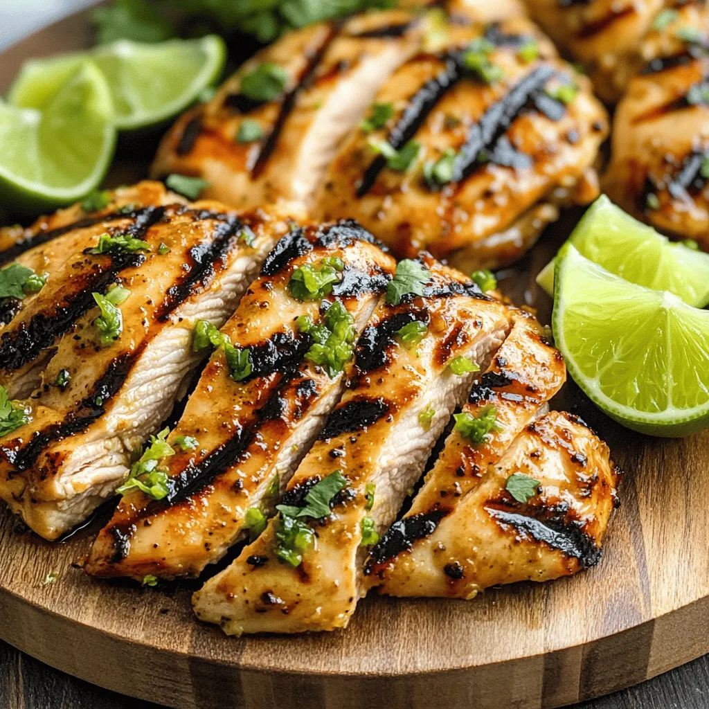 - 4 boneless, skinless chicken breasts - 2 tablespoons olive oil - 2 jalapeños, finely chopped - Zest of 1 lime - 1/4 cup fresh lime juice - 3 cloves garlic, minced - 1 teaspoon ground cumin - 1 teaspoon honey (optional) - Salt and pepper to taste - Fresh cilantro, for garnish For this tasty dish, you need just a handful of ingredients. Start with chicken breasts. They are the main part of the meal. Make sure they are boneless and skinless to keep it simple. Then grab some olive oil. It helps the flavors stick and adds a nice touch. Jalapeños give this chicken its kick. I like to chop them finely. If you want less heat, remove the seeds. Lime zest and juice add a fresh twist. The zest gives great aroma and brightens the dish. Don't forget garlic! It adds depth and flavor. Ground cumin brings warmth and earthiness. If you like a hint of sweetness, add honey. Salt and pepper balance everything. Finally, fresh cilantro adds color and freshness when you serve it. Gather these ingredients, and you’re ready to create a summer delight that’s sure to impress! First, take a large bowl. Combine 2 tablespoons of olive oil with spices. Add the zest of one lime and 1/4 cup of fresh lime juice. Next, stir in 2 finely chopped jalapeños and 3 minced garlic cloves. If you want a hint of sweetness, mix in 1 teaspoon of honey. Add salt and pepper to taste. Mix well to create a flavorful marinade. Now, take 4 boneless, skinless chicken breasts. Coat each piece in the marinade, ensuring they are well covered. Cover the bowl with plastic wrap. Place it in the fridge for at least 30 minutes. For deeper flavor, marinate for up to 2 hours. Preheat your grill to medium-high heat. Oil the grates to prevent sticking. Remove the chicken from the marinade and let excess drip off. Discard any leftover marinade. Place the chicken on the grill. Cook for 6-7 minutes on one side. Flip and continue grilling for another 6-7 minutes. The chicken should reach an internal temperature of 165°F (75°C). Once cooked, remove the chicken from the grill. Let it rest for about 5 minutes. This helps keep the chicken juicy. While resting, chop fresh cilantro for garnish. Slice the grilled chicken and sprinkle the chopped cilantro on top before serving. Marination is key for great taste. I suggest marinating the chicken for at least 30 minutes. For deeper flavor, go for 2 hours. The longer it sits, the better it absorbs the marinade. You can adjust the spice level by using jalapeños with or without seeds. For less heat, remove the seeds. If you want more kick, keep them in. Preheat your grill to medium-high heat. This helps to get nice grill marks. Oil the grates well to stop sticking. Cook the chicken for about 6-7 minutes on one side. Flip and grill for another 6-7 minutes. Always check for doneness. The chicken should reach 165°F (75°C) inside. Use a meat thermometer for the best results. Plate your chicken on a large dish. Garnish with lime wedges and fresh cilantro. This adds color and flavor. You can serve it with grilled veggies or a fresh salad. Both make great sides that complete the meal. Enjoy the bright flavors of summer! {{image_2}} You can change the flavor of the chicken by using different herbs or spices. Try adding fresh basil or oregano for a new twist. You can also use garlic powder or paprika for extra depth. For citrus, lime is great, but lemon and orange work well too. Each option gives a unique taste, so feel free to experiment. If you don’t have a grill, you can still enjoy this recipe. Oven baking works well; preheat it to 400°F (200°C) and cook the chicken on a baking sheet. You can also use a stovetop skillet. Heat some oil in the pan and cook the chicken for about 6-7 minutes per side. A grill pan gives nice marks and flavor, too. To make your chicken even better, think about adding sweet or smoky elements. A bit of brown sugar or smoked paprika can change the taste. You can also grill fruits like peaches or pineapples alongside the chicken. Veggies such as bell peppers and onions add color and flavor. These ideas make your meal more exciting and delicious. To keep your jalapeño lime grilled chicken fresh, wrap it well. Use plastic wrap or a tight container. Store it in the fridge for up to four days. This way, it stays juicy and flavorful. Remember, the sooner you eat it, the better the taste! For reheating, the oven works best. Preheat it to 350°F (175°C). Place the chicken in a baking dish, cover it with foil, and heat for about 15-20 minutes. This method helps keep it moist. You can also use a microwave, but it may dry out the chicken. If you choose the microwave, heat it in short bursts. Add a splash of water to keep it juicy. If you want to save some for later, freezing is a great option. Wrap each piece tightly in plastic wrap, then in foil. Place them in a freezer-safe bag. This helps prevent freezer burn. You can freeze grilled chicken for up to three months. For thawing, move it to the fridge for a night. This slow thaw keeps the texture intact. Once thawed, follow the reheating tips to enjoy your dish again. The chicken is fully cooked when it reaches an internal temperature of 165°F (75°C). This ensures it is safe to eat. Use a meat thermometer to check the thickest part of the chicken. If you don’t have one, cut into the chicken. The juices should run clear, and the meat should not be pink inside. Cooking time may vary depending on your grill and chicken thickness. Yes, you can make this recipe ahead of time. Marinating the chicken is key to great flavor. I suggest marinating the chicken for at least 30 minutes. For even more flavor, let it sit in the marinade for up to 2 hours. After marinating, store the chicken in the fridge until you’re ready to grill. This makes the dish perfect for meal prep! Many side dishes go well with jalapeño lime grilled chicken. Here are a few tasty options: - Grilled vegetables like zucchini, bell peppers, and corn - A fresh, crisp salad with lime vinaigrette - Cilantro lime rice for a zesty touch - Black beans for protein and fiber - Corn on the cob for a sweet crunch These sides will complement the chicken’s spicy and tangy flavors perfectly! In this blog post, I shared how to make delicious jalapeño lime grilled chicken. You learned about the essential ingredients and the step-by-step instructions for marinating and grilling. I included tips for flavor, grilling, and even variations to keep meals fresh and exciting. Don't forget about storing and reheating your leftovers properly. Enjoy trying different sides and enhancing the meal as you like. With these simple steps, you can impress anyone at your next cookout!
