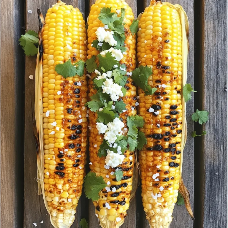 To make chili lime grilled corn, you need fresh and simple ingredients. This dish will burst with flavor and is easy to prepare. Here’s what you will need: - Fresh Corn (4 ears, husked) - Olive Oil (3 tablespoons) - Spices: - Chili Powder (1 teaspoon, adjust to taste) - Smoked Paprika (1/2 teaspoon) - Cayenne Pepper (1/4 teaspoon, optional for extra heat) - Lime (Juice of 2 limes and zest of 1 lime) - Cheese (1/4 cup crumbled queso fresco or feta) - Fresh Herbs (chopped cilantro for garnish) - Seasoning (sea salt and freshly ground black pepper to taste) Each ingredient plays a key role in creating a dish that is both zesty and satisfying. Fresh corn is the star here, offering sweetness and crunch. The olive oil helps the spices stick and brings richness. The chili powder and smoked paprika add warmth and depth. Lime juice and zest brighten the flavors. Cheese adds creaminess, while cilantro brings a fresh finish. Lastly, salt and pepper enhance all the tastes. Feel free to play with these ingredients based on what you like best. Enjoy the process of making this fun summer side dish! - Preheat the Grill Start by heating your grill to medium-high. This helps to get nice grill marks. - Make the Chili Lime Marinade In a bowl, mix together: - 3 tablespoons olive oil - 1 teaspoon chili powder - 1/2 teaspoon smoked paprika - 1/4 teaspoon cayenne pepper (if you like heat) - Juice of 2 limes - Zest of 1 lime Whisk them well to blend flavors. - Coat the Corn with Marinade Take 4 husked ears of corn. Brush them with the chili lime marinade. Make sure to cover all sides for full flavor. - Season the Corn After coating, sprinkle sea salt and black pepper on the corn for extra taste. - Cooking Time and Temperature Place the corn on the grill. Cook for 10 to 15 minutes. Turn the corn every few minutes. Look for grill marks to know it’s cooking well. - Checking for Doneness The corn is ready when it feels tender. You can poke it with a fork to check. - Adding Cheese and Garnish Once off the grill, sprinkle crumbled queso fresco or feta cheese on top. Add fresh chopped cilantro for a bright finish. - Serving with Extra Marinade Drizzle any leftover marinade over the corn. It adds more flavor and keeps it juicy. To avoid corn sticking to the grill, oil both the grill and the corn. Use a paper towel to wipe oil on the grill. This simple step helps keep your corn intact. For perfect grill marks, preheat your grill to medium-high. Place corn diagonally on the grill. Turn it every few minutes for great lines. Balancing heat and flavor is key. Start with one teaspoon of chili powder. Then, adjust based on your taste. If you like spice, add cayenne pepper. For cheese, try crumbled feta if you can't find queso fresco. Both will add creaminess and flavor. When selecting fresh corn, look for bright green husks. They should feel firm and moist. The kernels should be plump and tightly packed. Different corn varieties can change the flavor. Sweet corn offers a nice contrast to the chili and lime. This makes your dish more delicious and exciting. {{image_2}} You can make your chili lime grilled corn even spicier. Start by adding more cayenne pepper to the marinade. A little goes a long way. You can also try using different chili types. For instance, chipotle powder gives a smoky kick. If you love heat, consider using fresh jalapeños. Simply chop them finely and mix them in with the marinade. While cilantro is a classic choice, you can switch it up with other herbs. Fresh parsley or basil can add their own unique touch. For a bold flavor, try adding minced garlic or onion to the marinade. This gives a nice depth to the corn. You can roast garlic beforehand for a sweeter taste. If you want a vegan version, simply skip the cheese. You can replace queso fresco with avocado slices for creaminess. This keeps it hearty and fresh. For gluten-free needs, this recipe is already safe. The ingredients do not contain gluten, so you can enjoy it worry-free. How do you store grilled corn? First, let the corn cool down. Wrap each ear in plastic wrap or foil. Place the wrapped corn in an airtight container. This keeps it fresh and tasty. You can also store it in a resealable plastic bag. Just make sure to squeeze out the air before sealing. What are the best containers for storage? Glass containers work well. They are sturdy and won’t absorb smells. You can use plastic containers too. Just ensure they are airtight to keep the corn moist. What are the best methods for reheating grilled corn? The oven is a great choice. Preheat it to 350°F (175°C). Place the corn on a baking sheet. Cover it with foil to prevent drying out. Heat for about 10 minutes, or until warm. You can also reheat corn in the microwave. Place it in a microwave-safe dish. Add a splash of water and cover it. Heat for about 1-2 minutes. Check the corn and stir if needed. What are flavor retention tips? To keep the flavor, add a bit of lime juice when reheating. This helps maintain the chili lime taste. You can also drizzle some olive oil before serving. Enjoy the fresh flavors again! Grill the corn for about 10-15 minutes. Turn it often to get even cooking. Look for nice grill marks and a tender bite. The corn should pop with flavor when you bite into it. This grilling time helps bring out its natural sweetness. I recommend using fresh corn for the best taste and texture. Frozen corn may not have the same crunch and flavor. If you only have frozen corn, thaw it first. Then grill it briefly to warm it up. This will help mimic the grilled taste. You can get creative with toppings! Try adding: - Crumbled feta or goat cheese - Sliced jalapeños for heat - Avocado slices for creaminess - A sprinkle of chili flakes for extra spice - Fresh herbs like parsley or basil for a twist These options add layers of flavor. Yes, chili lime grilled corn is great for meal prep! It holds up well in the fridge. Store it in an airtight container for up to three days. Reheat it on the grill or in the microwave. The flavors will still shine, making it perfect for quick meals. You now have all the tools to make delicious chili lime grilled corn. We covered key ingredients and easy steps to prepare it. Grilling tips help you avoid mishaps. Plus, we explored tasty variations and storage ideas. Experiment with flavors to find your favorite twist. This dish is perfect for gatherings or a fun side. Don’t forget to try out different herbs and spice levels. With this guide, you can enjoy fresh corn at its best, every time. Happy grilling!