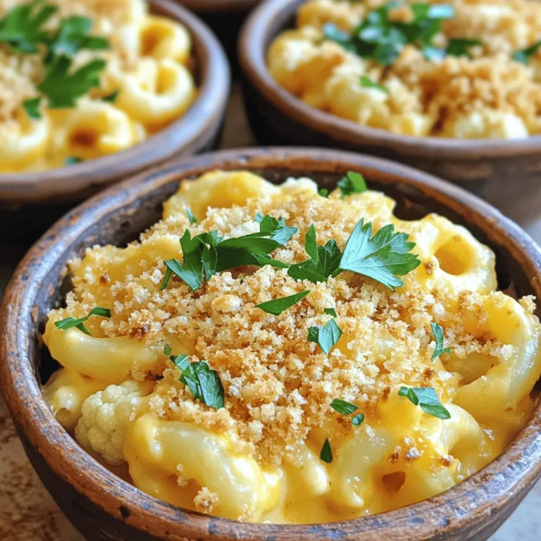 For this dish, you need a medium head of cauliflower. Cut it into small florets. This will give your mac and cheese a nice texture. You also need 8 ounces of elbow macaroni. If you want, use gluten-free pasta instead. The pasta adds a classic touch to this recipe, making it feel comforting. Cheese is key for creaminess. Use 2 cups of shredded sharp cheddar cheese. It adds a strong flavor. Then, mix in 1 cup of shredded mozzarella cheese. This cheese melts well and gives that gooey texture. For a dairy alternative, use 1 cup of unsweetened almond milk. You can swap it for any milk you prefer. This keeps the dish creamy without adding too many calories. Seasonings bring out the best flavors. Use 3 tablespoons of butter to start your sauce. Mix in 3 tablespoons of all-purpose flour to thicken it. Add 1 teaspoon each of garlic powder and onion powder for flavor. Don’t forget about salt and pepper to taste. For a smoky hint, use 1/2 teaspoon of smoked paprika. Top your dish with 1/4 cup of panko breadcrumbs for crunch. Finally, sprinkle some chopped fresh parsley on top for color and freshness. To start, gather your ingredients. You will need a medium head of cauliflower and 8 ounces of elbow macaroni. First, cut the cauliflower into small florets. Next, boil a large pot of salted water. Once it boils, add the macaroni. Cook it according to the package instructions until it is al dente. Add the cauliflower florets to the pot in the last 3-4 minutes of cooking. This step helps soften the cauliflower while keeping it firm. Drain both the pasta and cauliflower and set them aside for later. Now, let’s make the cheese sauce. In a large saucepan, melt 3 tablespoons of butter over medium heat. Once the butter melts, stir in 3 tablespoons of all-purpose flour, 1 teaspoon of garlic powder, and 1 teaspoon of onion powder. This mix creates a roux. Cook this for 1-2 minutes while stirring. Gradually whisk in 1 cup of almond milk. Keep stirring until the sauce thickens, which takes about 5 minutes. Once thickened, remove it from heat. Stir in 1.5 cups of sharp cheddar cheese and all the mozzarella cheese. Mix until the cheese melts and the sauce is creamy. It’s time to combine everything. In a large bowl, mix the drained macaroni and cauliflower with the cheese sauce. Stir well to coat everything evenly. Season this mix with salt, pepper, and 1/2 teaspoon of smoked paprika for a hint of smokiness. Next, transfer the mixture to a greased 9x13-inch baking dish. Sprinkle the remaining cheddar cheese on top, then add 1/4 cup of panko breadcrumbs for a crispy topping. Bake in your preheated oven at 350°F for 20-25 minutes. The top should be golden and bubbly when done. Once out of the oven, let it cool slightly. Finish by garnishing with chopped parsley before serving. To get that creamy texture, start with a good roux. Melt the butter in a pan over medium heat. Mix in the flour until it forms a paste. Then, whisk in the almond milk slowly. Keep stirring until it thickens. It should take about five minutes. This step is key for a smooth sauce. Stir in the cheese while the sauce is warm. This helps it melt nicely. Use garlic powder and onion powder to boost flavor. These spices give a nice taste without hiding the cauliflower. A touch of smoked paprika adds warmth. Just a little salt and pepper can enhance all the flavors. Mix well and taste. Make sure it’s just right for you. You want the cheese to shine through, but not overpower the dish. For a great crispy top, use panko breadcrumbs. They are lighter and crispier than regular bread crumbs. Once you layer them on top, add a bit more cheese. This helps everything stick and browns nicely. Bake the dish until the top is golden brown. This takes about 20 to 25 minutes. Let it cool a bit before serving. This ensures the topping stays crunchy. {{image_2}} To make this dish low-carb, swap the pasta for cauliflower rice. This change keeps the comfort but lowers the carbs. You can also use a keto-friendly flour instead of all-purpose flour. If you need gluten-free options, use gluten-free pasta. Many brands offer great taste and texture. For the roux, you can easily swap all-purpose flour with almond flour or coconut flour. Both work well and keep this dish creamy. You can boost the nutrition by adding other veggies. Spinach, broccoli, or peas mix well. If you want protein, consider adding cooked chicken or turkey. Both will give your dish a hearty twist. Just stir them in before baking for extra flavor and texture. After you prepare your creamy cauliflower mac and cheese, let it cool. Place it in an airtight container. This dish stays fresh in the fridge for about 3 to 5 days. When you want to eat it again, just check for any odd smells or changes in texture. You can freeze cauliflower mac and cheese for later. First, let it cool completely. Then, scoop it into a freezer-safe container. You can also use freezer bags for easier storage. This meal can last up to 3 months in the freezer. When you're ready to eat, just thaw it in the fridge overnight. To reheat, you have a few options. For the oven, preheat it to 350°F (175°C). Place the mac and cheese in a baking dish. Cover it with foil to keep it moist and bake for about 20 minutes. If you prefer the microwave, scoop a portion into a microwave-safe bowl. Heat it in 1-minute intervals, stirring in between, until it's warm. Enjoy your creamy comfort food anytime! Yes, you can use other cheeses. Try gouda or fontina for a different flavor. Cheese like cream cheese can add extra creaminess. Just keep in mind that each cheese has its own taste. Mixing cheeses can create a unique dish. To make this dish vegan, swap dairy cheese for plant-based cheese. Use coconut or cashew milk instead of almond milk. Replace butter with vegan butter or olive oil. You can also use gluten-free flour if needed. This way, you keep the creamy texture without any animal products. You can add many vegetables to this dish. Broccoli, spinach, or peas work well. You might also try adding roasted bell peppers for sweetness. Carrots can give a nice crunch. Just make sure to adjust cooking time for firmer veggies. The goal is to enhance flavors while keeping the comfort of mac and cheese. This article covered how to make delicious cauliflower mac and cheese. We explored the key ingredients like pasta, cheeses, and spices. I provided step-by-step instructions for prepping, sauce-making, and baking. You also learned valuable tips for great texture and taste. Variations included keto options, gluten-free swaps, and veggie add-ins. Finally, we discussed proper storage and reheating. Embrace your creativity with this dish. Enjoy exploring different flavors and toppings!