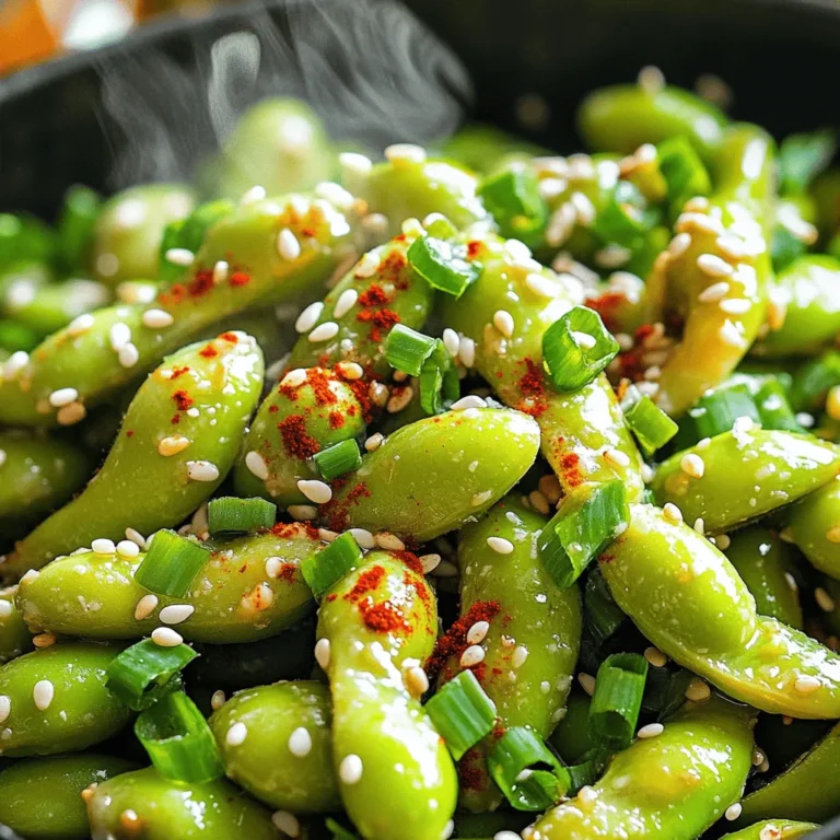 - 2 cups frozen edamame (in pod) - 2 tablespoons olive oil - 3 garlic cloves, minced - 1 teaspoon red chili flakes - 1 tablespoon soy sauce or tamari - 1 teaspoon sesame oil - Salt, to taste - Optional: Chopped green onions and sesame seeds for garnish Air Fryer Spicy Garlic Edamame makes a tasty snack with simple ingredients. First, gather your items. You need frozen edamame, which you can find in any grocery store. The edamame pods are packed with protein and flavor. Next, grab some olive oil. This oil helps crisp up the edamame and adds richness. Minced garlic gives the dish its strong flavor. I use three cloves, but you can adjust this to your taste. Red chili flakes bring the heat. One teaspoon gives a good kick, but use less if you prefer milder snacks. Soy sauce or tamari adds a savory depth. If you want a nutty touch, sesame oil is key. Finally, salt adds the finishing touch. You can also toss in green onions and sesame seeds as optional garnishes for extra flavor and crunch. These ingredients come together to create a delightful snack that is both healthy and satisfying. First, set your air fryer to 380°F (193°C). Preheat it for about 5 minutes. Preheating is key. It helps cook the edamame evenly. If you skip this step, the edamame may not crisp as well. In a mixing bowl, combine the following ingredients: - 2 cups frozen edamame (in pod) - 2 tablespoons olive oil - 3 garlic cloves, minced - 1 teaspoon red chili flakes (adjust for spice level) - 1 tablespoon soy sauce or tamari - 1 teaspoon sesame oil Mix these well to coat the edamame evenly. The oil and spices will make the edamame tasty. Make sure every pod gets some flavor. This step is important for the best taste. Now, place the seasoned edamame in the air fryer basket. Spread them in a single layer. This helps them cook evenly. Cook for 10-12 minutes. Halfway through, shake the basket. Shaking ensures all the pods crisp up nicely. Once done, carefully take them out. They will be hot! Sprinkle with salt to taste. If you want, add chopped green onions and sesame seeds for a nice touch. Enjoy your crunchy snack! You can easily change the spice level of your edamame. To do this, simply adjust the amount of red chili flakes. If you want it less spicy, use less than a teaspoon. For more heat, add extra flakes. Always taste as you mix to find your perfect balance. This way, you can make the dish friendly for kids or a hot treat for adults. To get that perfect crunch, follow some simple steps. First, spread the edamame in a single layer in the air fryer. This helps them cook evenly. Shake the basket halfway through cooking. This ensures every pod gets crispy. Cook them at 380°F for 10-12 minutes. Keep an eye on them to avoid burning. Spicy garlic edamame pairs well with many dishes. Try serving it with sushi or rice. It makes a great side for grilled meats too. For a fun twist, add it to a salad for extra crunch. You can even serve it as a snack with drinks. The flavors work well with beer or sake. Enjoy experimenting with different pairings! {{image_2}} You can play with flavors in your spicy garlic edamame. Here are some ideas: - Smoked Paprika: Adds a warm, smoky flavor. Use 1 teaspoon. - Cumin: This spice gives a rich, earthy taste. Add ½ teaspoon. - Sriracha: For a tangy kick, mix in 1 tablespoon. - Lemon Zest: Brightens the dish. Use 1 teaspoon for a fresh touch. Feel free to mix and match these spices. You can create your unique flavor twist. If you want a vegan recipe, the original recipe already fits. All the ingredients are plant-based. However, here are a few options: - Tamari: Use this gluten-free soy sauce instead of regular soy sauce. - Coconut Aminos: This soy sauce alternative is sweet and tasty. Use it in equal parts. These swaps keep your dish tasty and vegan-friendly. Want to feed more people? You can easily scale up this recipe. Here’s how: - For 8 servings, double all ingredients. Use 4 cups of frozen edamame. - Increase olive oil to 4 tablespoons. - Use 6 garlic cloves and 2 teaspoons of red chili flakes for more flavor. Cook in batches if your air fryer is small. Just follow the same cooking time for each batch. Enjoy your gathering! To keep your spicy garlic edamame fresh, store it in an airtight container. Place the container in the fridge. It will stay good for about 3 days. Avoid leaving it out at room temperature for too long, as it can spoil quickly. If you have a lot left, divide it into smaller portions. This helps keep it fresh longer. The best way to reheat your edamame is in the air fryer. Set your air fryer to 350°F (175°C). Heat the edamame for about 5 minutes. This method keeps the texture crispy. You can also use a microwave, but it may not be as crispy. If you choose the microwave, cover the bowl with a lid. Heat for 1-2 minutes, checking often to avoid overcooking. You can freeze edamame for later use. Start by cooking it as usual, then let it cool completely. Once cool, place the edamame in a freezer-safe bag or container. Remove as much air as possible before sealing. It will last in the freezer for about 3 months. When you’re ready to use it, just reheat from frozen in the air fryer or microwave. This way, you always have a tasty snack ready to go! You cook edamame in an air fryer for 10-12 minutes at 380°F (193°C). This time works well for frozen edamame, as they get hot and crispy. I always shake the basket halfway through to ensure even cooking. If you want them extra crispy, add a minute or two. Yes, you can use fresh edamame. If you're using fresh, reduce the cooking time to about 8-10 minutes. Fresh edamame cooks quicker than frozen, so keep an eye on them to avoid overcooking. Just like frozen, make sure to shake the basket for even cooking. Spicy garlic edamame is tasty and nutritious! Each serving (about 1 cup) has around 180 calories. You get about 14 grams of protein and 8 grams of healthy fat. Edamame is also rich in fiber, making it great for digestion. With garlic and olive oil, you add healthy nutrients too. In this guide, we explored making spicy garlic edamame in the air fryer. We covered key ingredients, cooking steps, and tips for perfect results. You learned how to control spice levels and ensure a crispy texture. Whether you want variations or storage tips, we provided ways to enhance your dish. Enjoy this healthy snack as a tasty side or appetizer. Remember to try new flavors and share them with friends. Happy cooking!