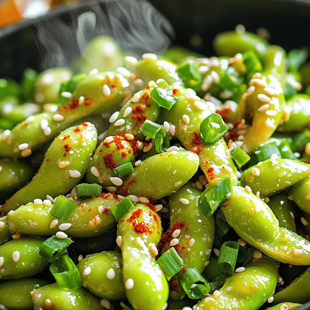 - 2 cups frozen edamame (in pod) - 2 tablespoons olive oil - 3 garlic cloves, minced - 1 teaspoon red chili flakes - 1 tablespoon soy sauce or tamari - 1 teaspoon sesame oil - Salt, to taste - Optional: Chopped green onions and sesame seeds for garnish Air Fryer Spicy Garlic Edamame makes a tasty snack with simple ingredients. First, gather your items. You need frozen edamame, which you can find in any grocery store. The edamame pods are packed with protein and flavor. Next, grab some olive oil. This oil helps crisp up the edamame and adds richness. Minced garlic gives the dish its strong flavor. I use three cloves, but you can adjust this to your taste. Red chili flakes bring the heat. One teaspoon gives a good kick, but use less if you prefer milder snacks. Soy sauce or tamari adds a savory depth. If you want a nutty touch, sesame oil is key. Finally, salt adds the finishing touch. You can also toss in green onions and sesame seeds as optional garnishes for extra flavor and crunch. These ingredients come together to create a delightful snack that is both healthy and satisfying. First, set your air fryer to 380°F (193°C). Preheat it for about 5 minutes. Preheating is key. It helps cook the edamame evenly. If you skip this step, the edamame may not crisp as well. In a mixing bowl, combine the following ingredients: - 2 cups frozen edamame (in pod) - 2 tablespoons olive oil - 3 garlic cloves, minced - 1 teaspoon red chili flakes (adjust for spice level) - 1 tablespoon soy sauce or tamari - 1 teaspoon sesame oil Mix these well to coat the edamame evenly. The oil and spices will make the edamame tasty. Make sure every pod gets some flavor. This step is important for the best taste. Now, place the seasoned edamame in the air fryer basket. Spread them in a single layer. This helps them cook evenly. Cook for 10-12 minutes. Halfway through, shake the basket. Shaking ensures all the pods crisp up nicely. Once done, carefully take them out. They will be hot! Sprinkle with salt to taste. If you want, add chopped green onions and sesame seeds for a nice touch. Enjoy your crunchy snack! You can easily change the spice level of your edamame. To do this, simply adjust the amount of red chili flakes. If you want it less spicy, use less than a teaspoon. For more heat, add extra flakes. Always taste as you mix to find your perfect balance. This way, you can make the dish friendly for kids or a hot treat for adults. To get that perfect crunch, follow some simple steps. First, spread the edamame in a single layer in the air fryer. This helps them cook evenly. Shake the basket halfway through cooking. This ensures every pod gets crispy. Cook them at 380°F for 10-12 minutes. Keep an eye on them to avoid burning. Spicy garlic edamame pairs well with many dishes. Try serving it with sushi or rice. It makes a great side for grilled meats too. For a fun twist, add it to a salad for extra crunch. You can even serve it as a snack with drinks. The flavors work well with beer or sake. Enjoy experimenting with different pairings! {{image_2}} You can play with flavors in your spicy garlic edamame. Here are some ideas: - Smoked Paprika: Adds a warm, smoky flavor. Use 1 teaspoon. - Cumin: This spice gives a rich, earthy taste. Add ½ teaspoon. - Sriracha: For a tangy kick, mix in 1 tablespoon. - Lemon Zest: Brightens the dish. Use 1 teaspoon for a fresh touch. Feel free to mix and match these spices. You can create your unique flavor twist. If you want a vegan recipe, the original recipe already fits. All the ingredients are plant-based. However, here are a few options: - Tamari: Use this gluten-free soy sauce instead of regular soy sauce. - Coconut Aminos: This soy sauce alternative is sweet and tasty. Use it in equal parts. These swaps keep your dish tasty and vegan-friendly. Want to feed more people? You can easily scale up this recipe. Here’s how: - For 8 servings, double all ingredients. Use 4 cups of frozen edamame. - Increase olive oil to 4 tablespoons. - Use 6 garlic cloves and 2 teaspoons of red chili flakes for more flavor. Cook in batches if your air fryer is small. Just follow the same cooking time for each batch. Enjoy your gathering! To keep your spicy garlic edamame fresh, store it in an airtight container. Place the container in the fridge. It will stay good for about 3 days. Avoid leaving it out at room temperature for too long, as it can spoil quickly. If you have a lot left, divide it into smaller portions. This helps keep it fresh longer. The best way to reheat your edamame is in the air fryer. Set your air fryer to 350°F (175°C). Heat the edamame for about 5 minutes. This method keeps the texture crispy. You can also use a microwave, but it may not be as crispy. If you choose the microwave, cover the bowl with a lid. Heat for 1-2 minutes, checking often to avoid overcooking. You can freeze edamame for later use. Start by cooking it as usual, then let it cool completely. Once cool, place the edamame in a freezer-safe bag or container. Remove as much air as possible before sealing. It will last in the freezer for about 3 months. When you’re ready to use it, just reheat from frozen in the air fryer or microwave. This way, you always have a tasty snack ready to go! You cook edamame in an air fryer for 10-12 minutes at 380°F (193°C). This time works well for frozen edamame, as they get hot and crispy. I always shake the basket halfway through to ensure even cooking. If you want them extra crispy, add a minute or two. Yes, you can use fresh edamame. If you're using fresh, reduce the cooking time to about 8-10 minutes. Fresh edamame cooks quicker than frozen, so keep an eye on them to avoid overcooking. Just like frozen, make sure to shake the basket for even cooking. Spicy garlic edamame is tasty and nutritious! Each serving (about 1 cup) has around 180 calories. You get about 14 grams of protein and 8 grams of healthy fat. Edamame is also rich in fiber, making it great for digestion. With garlic and olive oil, you add healthy nutrients too. In this guide, we explored making spicy garlic edamame in the air fryer. We covered key ingredients, cooking steps, and tips for perfect results. You learned how to control spice levels and ensure a crispy texture. Whether you want variations or storage tips, we provided ways to enhance your dish. Enjoy this healthy snack as a tasty side or appetizer. Remember to try new flavors and share them with friends. Happy cooking!