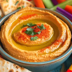 - 1 can (15 oz) chickpeas, drained and rinsed - 2 medium roasted red peppers (jarred or home-roasted) - 1/4 cup tahini - 2 tablespoons olive oil - 2 tablespoons fresh lemon juice - 1 clove garlic, minced - 1 teaspoon ground cumin - Salt and pepper, to taste - Water, as needed Chickpeas are a great source of protein and fiber. They help keep you full. Tahini adds healthy fats and protein, which are good for your heart. Olive oil offers healthy fat and can reduce inflammation. Fresh lemon juice gives a boost of vitamin C, which supports your immune system. Garlic has many health benefits, including boosting your heart health. Ground cumin adds flavor and may aid digestion. When picking chickpeas, look for cans with no added salt or preservatives. If you roast your own peppers, choose ripe, bright red ones for the best taste. For tahini, select a brand that uses pure sesame seeds, without additives. Fresh lemon juice is best, so pick lemons that feel heavy for their size. For garlic, choose firm cloves with no soft spots. When buying olive oil, look for extra virgin for the best flavor and health benefits. To start, decide if you want to use jarred or fresh peppers. If you choose fresh, preheat your oven to 450°F (230°C). Cut the red bell peppers in half. Place them skin-side up on a baking sheet. Roast them for 25-30 minutes. The skin should look charred. After roasting, let them cool for a few minutes. Once cool, peel off the charred skin. If you use jarred peppers, just drain them well. Next, grab your food processor. Add the drained chickpeas, roasted red peppers, tahini, olive oil, fresh lemon juice, minced garlic, and ground cumin. This mix creates great flavor. Blend everything together until it’s smooth. Sometimes, you may need to stop and scrape down the sides. This helps everything blend evenly. Now, it’s time to get the right texture. Gradually add water, one tablespoon at a time. Keep blending until the hummus is creamy and spreadable. You want it smooth and not too thick. After that, taste it. Add salt and pepper as needed, then blend for a few more seconds to mix. Finally, transfer your hummus to a serving bowl. Drizzle a little olive oil on top for a nice finish. When making roasted red pepper hummus, avoid these common errors: - Skip the rinse: Always rinse canned chickpeas. This removes excess sodium. - Over-adding water: Add water slowly. Too much makes the hummus thin. - Using unroasted peppers: Roasted peppers add depth. Raw peppers lack flavor. To elevate your hummus, try these tips: - Add spices: Try smoked paprika or cayenne for a kick. - Fresh herbs: Blend in fresh basil or cilantro for a bright taste. - Zest it up: Lemon zest adds zing. It brightens the overall flavor. Serve your hummus in style: - Garnish: Drizzle olive oil and sprinkle paprika on top. - Serve with variety: Pair with warm pita, crunchy veggies, or crispy crackers. - Colorful platter: Arrange different dippers for a vibrant display. Add olives or cherry tomatoes for extra color. {{image_2}} You can spice up your roasted red pepper hummus easily. Just add jalapeños or cayenne pepper. Start with a small amount. Blend it in with the other ingredients. Taste and adjust based on your heat level. This gives your dip a nice kick. It’s great for those who love heat. For a Mediterranean touch, mix in some olives and feta cheese. Chop about 1/2 cup of olives. Add them to your food processor along with the other ingredients. Crumble in 1/4 cup of feta. This adds saltiness and depth. Serve it with pita or veggies for a delightful snack. Fresh herbs can brighten your hummus. Try adding parsley, basil, or cilantro. Use about 1/4 cup of chopped herbs. Blend them in with the other ingredients for a fresh taste. This variation is perfect for summer gatherings. It brings a vibrant flavor and color to the dish. To keep your roasted red pepper hummus fresh, store it in a tight container. Place it in the fridge right after you finish eating. This dip will stay tasty for about four to five days. Make sure the lid is on tight to keep it from drying out. You can also drizzle a little olive oil on top before sealing to keep it moist. If you have extra hummus, you can freeze it! Use an airtight container or a freezer bag. Leave some space at the top for expansion. When you want to eat it, let it thaw in the fridge overnight. Stir it well before serving, as it may separate a bit. You can freeze the hummus for up to three months. Leftover hummus can be great in many ways. Spread it on sandwiches or wraps for a tasty twist. You can also use it as a base for salad dressings. Mix it with yogurt for a creamy dip or serve it with grilled meats. The options are endless, so get creative! Regular hummus is smooth and creamy. It mainly uses chickpeas, tahini, and lemon juice. Roasted red pepper hummus adds a sweet and smoky flavor. The roasted peppers give it a vibrant color. This makes it unique and tasty. You can enjoy both, but they each have their own charm. Homemade roasted red pepper hummus can last about 4 to 5 days. Store it in an airtight container in the fridge. Make sure to cover it well to keep it fresh. If you see any change in color or smell, it's best to toss it. Enjoy it while it’s at its best! Yes, you can use dried chickpeas. Soak them overnight and cook them until tender. This may take longer than using canned. Canned chickpeas save time and are ready to use. Both options can make great hummus, but cooked dried chickpeas have a richer taste. Lots of tasty options pair well with hummus! Here are some of my favorites: - Warm pita bread - Crunchy vegetable sticks like carrots and celery - Sliced cucumbers - Bell pepper strips - Crackers or tortilla chips These dippers add flavor and crunch to your hummus experience. This blog post covers everything you need for roasted red pepper hummus. We talked about key ingredients and their health benefits. I shared tips for choosing quality items and ways to prepare and blend them well. You can avoid common mistakes and enhance flavors for the best taste. Different variations and storage tips help keep your hummus fresh. Remember, making this dish is easy and fun. Enjoy your hummus with friends and family!