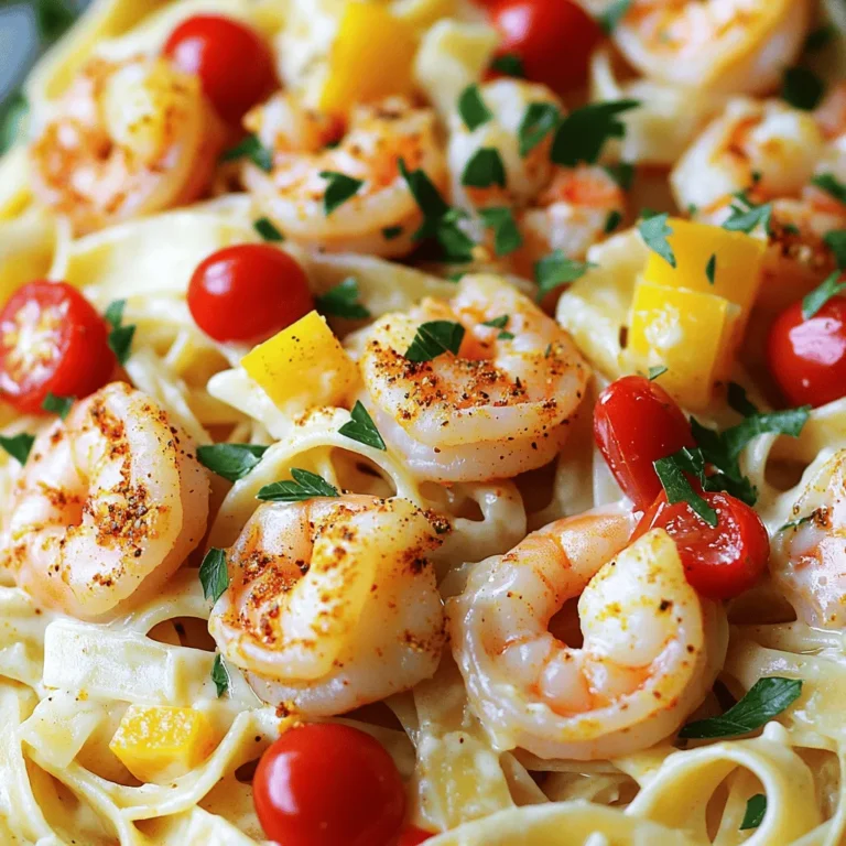 To make Creamy Cajun Shrimp Alfredo, you need fresh and simple ingredients. Here’s what you will need: - 1 pound shrimp, peeled and deveined - 2 tablespoons Cajun seasoning - 1 tablespoon olive oil - 3 cups chicken or vegetable broth - 12 oz fettuccine pasta - 1 cup heavy cream - 1 cup grated Parmesan cheese - 2 cloves garlic, minced - 1 small onion, finely chopped - 1 bell pepper, diced (any color) - 1 cup cherry tomatoes, halved - Salt and pepper, to taste - Fresh parsley, chopped (for garnish) These ingredients come together to create a rich and creamy dish that’s full of flavor. Cajun seasoning is what makes this dish special. It has a mix of spices that add heat and depth. Common spices include paprika, cayenne, garlic powder, and oregano. Adjust the amount based on your spice preference. If you want a milder taste, use less seasoning. If you love heat, feel free to add more! When serving, think about adding some color and taste with garnishes. Fresh parsley adds a nice touch. You can also serve with garlic bread or a simple salad. These sides will enhance your meal and make it more satisfying. Enjoy your cooking adventure with this easy and flavorful dish! Start by taking one pound of shrimp. Make sure they are peeled and deveined. Place the shrimp in a medium bowl. Add two tablespoons of Cajun seasoning. Toss the shrimp well until they are fully coated. Set the bowl aside for now. This step adds a lot of flavor. Grab a large pot or Dutch oven. Heat one tablespoon of olive oil over medium heat. Once the oil is hot, add one small, finely chopped onion and one diced bell pepper. Sauté these for about three to four minutes. You want them to soften up nicely. Next, add two cloves of minced garlic. Cook this for one more minute until it smells great. Pour three cups of chicken or vegetable broth into the pot. Bring this mixture to a boil. Once it’s boiling, add twelve ounces of fettuccine pasta. Stir the pasta often as it cooks. Follow the package instructions, which usually take about ten to twelve minutes. In the last five minutes of cooking, add the seasoned shrimp and one cup of halved cherry tomatoes. When the pasta is done, lower the heat. Stir in one cup of heavy cream and one cup of grated Parmesan cheese. Mix well until the cheese melts into a creamy sauce. Season with salt and pepper as needed. Adjust the Cajun seasoning to your taste. Serve hot and finish with chopped fresh parsley for color. To get a creamy sauce, use heavy cream. It makes all the difference. Stir in the cream slowly after cooking the pasta. This helps blend it well. Adding Parmesan cheese last makes it even creamier. Mix until it melts fully. For extra richness, consider adding a bit more cheese. Use a large pot or Dutch oven. This gives enough space to cook and mix. A wooden spoon works best for stirring. A sharp knife is key for chopping veggies. I also recommend a measuring cup for measuring broth and cream. Having everyone ready will make cooking easier. Cajun seasoning can be spicy. If your kids don’t like heat, cut back on it. Use half the amount or even less. You can also skip it altogether. Instead, add extra garlic or cheese for flavor. A touch of lemon juice brightens the dish without adding spice. {{image_2}} You can make this dish more vibrant by adding vegetables. Consider bell peppers, like red or yellow. They add color and crunch. You can also use spinach or kale for a healthy touch. Toss in some peas or zucchini for added flavor. These veggies will not only boost nutrition but also make your plate look fantastic. If you want a change from shrimp, try chicken or sausage. Cook chicken pieces until golden for a hearty bite. For sausage lovers, andouille sausage gives a spicy kick. You might also consider tofu for a plant-based twist. Each protein adds its unique flavor to the dish. For a gluten-free meal, swap fettuccine with gluten-free pasta. Rice noodles or chickpea pasta work well too. If you’re avoiding dairy, use coconut milk instead of heavy cream. Nutritional yeast can replace Parmesan for a cheesy taste. These swaps let everyone enjoy the creamy goodness without worry. To keep your Creamy Cajun Shrimp Alfredo fresh, store it in an airtight container. Let it cool down before sealing. This helps prevent moisture build-up. You can keep it in the fridge for up to three days. Always label your container with the date. This way, you won’t forget when you made it. When you reheat your dish, use low heat on the stove. Add a splash of broth or cream to keep it creamy. Stir it gently to mix the flavors. Avoid using the microwave if you can. It can make the shrimp tough and the sauce clumpy. You can freeze this dish, but it may change the texture. To freeze, place the cooled dish in a freezer-safe container. Make sure to leave some space for expansion. This dish can last up to three months in the freezer. To thaw, move it to the fridge overnight before reheating. You can use any long pasta. Spaghetti or linguine works well. You can also try gluten-free pasta if needed. Just follow the cooking time on the package. To add heat, increase the Cajun seasoning. You can also add red pepper flakes. Fresh chopped jalapeños or a dash of hot sauce work great too. Adjust to your taste! Yes, you can prepare it ahead of time. Cook the pasta and sauce but leave out the shrimp. Store everything in the fridge. When ready to eat, add the shrimp and heat it up. This keeps the shrimp fresh! Creamy Cajun Shrimp Alfredo is a simple dish with bold flavors. We covered how to prepare shrimp, cook veggies, and boil pasta. You learned about tips for a creamy sauce and various ingredient options. Remember, you can add colorful veggies or switch proteins to suit your taste. Store leftovers well and reheat for the best results. This dish is fun to make and easy to customize. Enjoy your cooking adventure and share it with those you love!