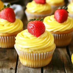 - 1 ½ cups all-purpose flour - 1 teaspoon baking powder - ½ teaspoon baking soda - ¼ teaspoon salt For the cupcakes, I start with the dry ingredients. The all-purpose flour gives the cupcakes structure. Baking powder and baking soda help them rise. Salt enhances the flavors in the batter. - ½ cup unsalted butter, softened - 1 cup granulated sugar - 2 large eggs - ½ cup freshly squeezed lemon juice - Zest of 1 lemon - 1 teaspoon vanilla extract - ½ cup buttermilk - 1 cup fresh strawberries, chopped Next, I gather the wet ingredients. Softened butter and granulated sugar create a creamy base. Eggs add richness and moisture. Fresh lemon juice and zest provide that zesty kick. Vanilla extract adds warmth, while buttermilk keeps the cupcakes tender. Finally, chopped strawberries add fruity bursts in every bite. - 1 cup unsalted butter, softened - 4 cups powdered sugar - 2-3 tablespoons freshly squeezed lemon juice - 1 teaspoon lemon zest - Fresh strawberries for garnish For the frosting, I use softened butter and powdered sugar as the base. Lemon juice and zest keep it fresh and tangy. I top each cupcake with a fresh strawberry for a pretty finish and extra flavor. 1. First, preheat your oven to 350°F (175°C). Line a 12-cup muffin tin with cupcake liners. 2. In a medium bowl, whisk together the all-purpose flour, baking powder, baking soda, and salt until mixed well. 3. In a large bowl, cream the softened butter with granulated sugar. Use an electric mixer and mix until light and fluffy, about 3 minutes. 4. Add the eggs one at a time. Mix well after each addition. Pour in the lemon juice, lemon zest, and vanilla extract. Mix until it is all combined. 1. Next, alternate adding the dry flour mixture and buttermilk to the butter mixture. Start and end with the flour mixture. Mix just until combined. 2. Gently fold in the chopped strawberries with a spatula until they are evenly spread throughout the batter. 1. Divide the batter evenly among the cupcake liners. Fill each about 2/3 full. 2. Bake for 18-20 minutes. Check doneness by inserting a toothpick in the center. If it comes out clean, they are ready. 3. Remove the cupcakes from the oven and let them cool in the tin for 5 minutes. After that, transfer them to a wire rack to cool completely. 1. In a large bowl, beat the softened butter until creamy using an electric mixer. 2. Gradually add the powdered sugar. Mix on low speed until combined. 3. Add 2 tablespoons of lemon juice and lemon zest. Mix on medium speed until the frosting is fluffy. If needed, adjust the consistency with more lemon juice. 1. Once the cupcakes are completely cool, generously frost each cupcake with the lemon frosting. 2. To finish, garnish each cupcake with a fresh strawberry on top. This adds flavor and makes them look pretty! To make great cupcakes, measure your ingredients carefully. Use a kitchen scale for precise measurements. If measuring cups, spoon flour into the cup without packing it down. Level it off with a knife for accuracy. Room temperature ingredients are key. Softened butter mixes better with sugar, creating a light batter. Eggs and buttermilk should also be at room temperature. This helps them blend smoothly and gives your cupcakes a nice rise. For a beautiful finish, use a piping bag. This makes frosting easy and fun. Choose a star or round tip for different designs. Practice on a plate if you need to before frosting your cupcakes. Adjust the sweetness of your frosting to fit your taste. Add more powdered sugar for sweetness, or more lemon juice for tartness. Taste as you go, and find the right balance for your palate. Want to boost the flavor? Try adding fresh herbs like mint or basil. A small amount can give your cupcakes a unique twist. You can also swap strawberries for other fruits. Raspberries or blueberries can add a fun burst of flavor. Mix and match to find your favorite combination. {{image_2}} You can change up the flavor of your cupcakes. Try adding different fruits for a fun twist. Raspberries or blueberries work well with lemon. You can mix them into the batter just like the strawberries. This gives you a new flavor burst in every bite. You can also add herbs for a unique touch. Basil and mint add a fresh flavor. Chop them finely and fold them into the batter. It surprises people when they taste the herbs with the sweet lemon. If you need gluten-free cupcakes, use a gluten-free flour blend. Many blends work well in cupcake recipes. Just make sure to check the package for tips on baking. For a dairy-free option, use plant-based butter and milk. Coconut or almond milk can replace buttermilk. This way, everyone can enjoy these tasty treats. You can make mini cupcakes for a fun party treat. They bake faster, so keep an eye on them. Bake for about 12-15 minutes, checking doneness with a toothpick. You can use different molds too. Bundt pans create a lovely shape for a cake version. Just adjust your baking time, as larger cakes need more time to cook. Enjoy experimenting with sizes and shapes! To keep your Strawberry Lemonade Cupcakes fresh, store them in an airtight container. This method helps retain moisture. You can keep them at room temperature for a few days. If your kitchen is warm, consider refrigerating them to prevent spoilage. If you have extra frosting, store it in a sealed container in the fridge. It can last for up to a week. Before using, let the frosting sit at room temperature for about 15 minutes. If it feels too stiff, mix in a teaspoon of lemon juice or milk to restore its creamy texture. The cupcakes last for about three days at room temperature. In the fridge, they can last up to a week. For the frosting, it lasts a week in the fridge. Look for signs of spoilage such as mold, off smells, or changes in texture. Always trust your senses; if something seems off, it's best to throw it away. Strawberry Lemonade Cupcakes stay fresh for about 3 to 5 days. Store them in an airtight container at room temperature. If you keep them in the fridge, they may last a bit longer. However, the fridge can dry them out. Yes, you can freeze Strawberry Lemonade Cupcakes. Here’s how: 1. Let the cupcakes cool completely. 2. Wrap each cupcake in plastic wrap tightly. 3. Place the wrapped cupcakes in a freezer-safe bag or container. 4. Label and date the container. 5. Freeze for up to 3 months. When you want to enjoy them, thaw them in the fridge overnight and let them come to room temperature before serving. If you don’t have buttermilk, you can make a substitute. Here are a few options: - Mix 1/2 cup milk with 1/2 tablespoon vinegar or lemon juice. Let it sit for 5 minutes. - Use plain yogurt or sour cream, thinned with a little milk. - Almond milk can work, too, with a splash of vinegar. Absolutely! Sprinkles add color and fun. You can also use: - Shredded coconut for a tropical touch. - Edible flowers for a fancy look. - Crushed graham crackers for a crunch. Serve the cupcakes at room temperature for the best flavor. Pair them with: - A glass of chilled lemonade. - Fresh fruit like berries or a fruit salad. - A scoop of vanilla ice cream for a special treat. In this article, we explored how to make delicious Strawberry Lemonade Cupcakes. We covered key ingredients, from dry flour to fresh strawberries. Step-by-step, you learned how to mix, bake, and frost. Remember to measure your ingredients carefully for the best results. You can also experiment with flavors, sizes, and storage tips to keep your cupcakes fresh. Enjoy your baking journey and make these treats your own! They are sure to bring joy to your table.