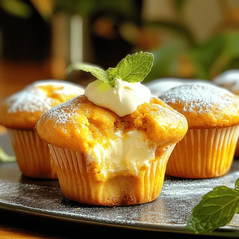 - 1 cup all-purpose flour - 1/2 cup sugar - 1 teaspoon baking powder - 1/2 teaspoon baking soda - 1/2 teaspoon ground cinnamon - 1/4 teaspoon ground nutmeg - 1/4 teaspoon ground ginger - 1/2 teaspoon salt For the dry ingredients, mix the flour, sugar, baking powder, and baking soda. Add the spices: cinnamon, nutmeg, and ginger. Lastly, sprinkle in the salt. This blend creates a warm and cozy flavor that pairs perfectly with pumpkin. - 1/2 cup canned pumpkin puree - 1/4 cup vegetable oil - 1 large egg - 1 teaspoon vanilla extract - 1/2 cup cream cheese, softened For the wet ingredients, blend pumpkin puree, vegetable oil, egg, and vanilla extract. This mixture gives the muffins a rich and creamy texture. The cream cheese adds a delightful surprise in the middle. - 1/4 cup powdered sugar - 1 tablespoon milk Finally, for the cream cheese filling, beat together the powdered sugar and milk. This mixture should be smooth and creamy. It adds sweetness and richness to each muffin. With these ingredients, you create a tasty treat. The mix of spices, pumpkin, and cream cheese makes these muffins stand out. They are a joy to make and even more fun to eat. Enjoy baking! - Preheat the oven to 350°F (175°C). - Line a muffin tin with paper liners. - In a large bowl, combine 1 cup of flour, 1/2 cup of sugar, 1 teaspoon of baking powder, and 1/2 teaspoon of baking soda. - Add 1/2 teaspoon of ground cinnamon, 1/4 teaspoon of nutmeg, 1/4 teaspoon of ginger, and 1/2 teaspoon of salt. Stir until mixed well. - In a separate bowl, mix together 1/2 cup of canned pumpkin puree, 1/4 cup of vegetable oil, 1 large egg, and 1 teaspoon of vanilla extract. Blend until smooth. - Pour the wet mix into the dry mix. Stir gently until just combined. It’s okay if there are a few lumps; don’t overmix. - In a small bowl, beat 1/2 cup of softened cream cheese, 1/4 cup of powdered sugar, and 1 tablespoon of milk together. Mix until creamy. - Fill each muffin liner halfway with pumpkin batter. - Add about a teaspoon of the cream cheese mixture in the center of each muffin. - Cover the cream cheese with the remaining batter. - Bake the muffins in the preheated oven for 18 to 20 minutes. - Check with a toothpick; it should come out clean. - Let the muffins cool in the pan for 5 minutes. After that, transfer them to a wire rack to cool completely. To avoid overmixing, mix the wet and dry ingredients just until they blend. A few lumps are perfectly fine. Overmixing can make your muffins tough. For a moist texture, add just enough oil and pumpkin puree. This keeps them soft and tender. You can add more spices for extra warmth. Try cloves or allspice for a richer taste. If you like sweet muffins, adjust the sugar to your liking. Taste the batter before baking, and add more sugar if needed. Garnish your muffins with powdered sugar for a sweet touch. A drizzle of cream cheese icing looks fancy. Serve them on a pretty plate with fresh mint leaves for a pop of color. These small details make your muffins look and taste even better. {{image_2}} You can make these muffins fit many diets. For gluten-free options, try using almond flour or coconut flour. Both work well and keep the flavor. Look for recipes that guide you on how to swap them in. If you're vegan, you can replace the egg with flaxseed meal. Mix 1 tablespoon of flaxseed with 2.5 tablespoons of water. Let it sit until it thickens. You can also use vegan cream cheese to keep that rich taste. Want to spice things up? You can add chocolate chips or chopped nuts to the batter. Chocolate makes a sweet mix with pumpkin. Nuts add a nice crunch. You can also change the spice blend. Try allspice or cardamom for a unique twist. Each spice adds a different taste and aroma. As the seasons change, so can your muffins. In fall, add diced apples or chopped pecans for extra flavor. They pair so well with pumpkin. During the holidays, think about adding peppermint or cranberries. These flavors bring cheer and warmth. Your guests will love the festive touch! To keep your pumpkin cheesecake muffins fresh, store them in an airtight container. This helps maintain moisture. You can leave them at room temperature for up to three days. Make sure to keep them away from direct sunlight. If you want them to last longer, consider refrigerating them. They will stay fresh for about a week in the fridge. If you want to save muffins for later, freezing is a great option. First, let them cool completely. Then, wrap each muffin tightly in plastic wrap. Place them in a freezer-safe bag or container. They can last up to three months in the freezer. When you're ready to eat them, take out the muffins and let them thaw in the fridge overnight. You can also thaw them at room temperature for a couple of hours. To reheat pumpkin cheesecake muffins, avoid drying them out. The best method is to use the oven. Preheat it to 350°F (175°C). Place muffins on a baking sheet and cover them with aluminum foil. Heat for about 10 minutes. This keeps them soft and warm. You can also use a microwave. Heat for about 20-30 seconds. Just be careful not to overheat, or they may become tough. Pumpkin cheesecake muffins stay fresh for about 3 to 4 days. Store them in an airtight container at room temperature. For longer storage, place them in the fridge. They can last up to a week when chilled. Yes, you can make mini muffins! Just reduce the baking time to about 12 to 15 minutes. Check them often to avoid overbaking. Mini muffins are perfect for a quick snack or party treats. The best way to check if muffins are done is to use a toothpick. Insert a toothpick in the center of a muffin. If it comes out clean or with a few crumbs, they are ready. If it comes out wet, they need more time. Absolutely! These muffins are great for meal prep. You can bake them ahead of time and store them in the fridge. They make a quick breakfast or snack during the week. Just grab and go! Yes, fresh pumpkin works well, too. Just cook and puree the pumpkin until smooth. Make sure to drain any excess liquid to keep the muffins from getting soggy. Fresh pumpkin adds a lovely flavor. In this blog post, I walked you through making delicious pumpkin cheesecake muffins. We covered the key ingredients, from dry to wet, and additional elements like cream cheese. I laid out clear steps for mixing, assembling, and baking. I also shared tips for perfecting your muffins, variations for dietary needs, and smart storage methods. These muffins are easy to make and perfect for any season. Experiment with flavors and enjoy them fresh or stored. Happy baking!