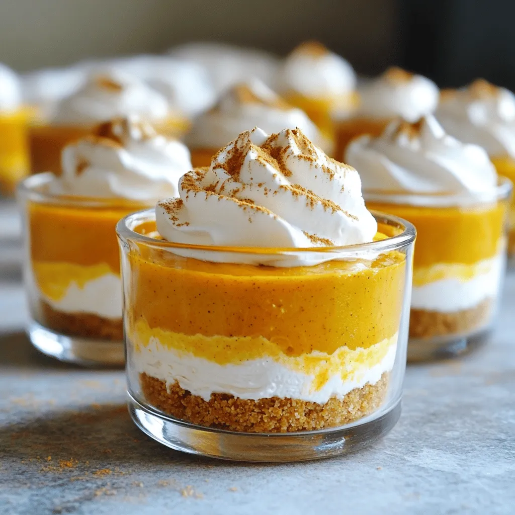 - 1 cup pumpkin puree - 8 oz cream cheese, softened - 1/2 cup powdered sugar - 1 teaspoon vanilla extract - 1 teaspoon ground cinnamon - 1/2 teaspoon ground nutmeg - 1/4 teaspoon ground ginger - 1 cup heavy whipping cream - 1 cup graham cracker crumbs - 4 tablespoons unsalted butter, melted - Whipped cream for garnish - Pumpkin pie spice for garnish To make these no-bake pumpkin cheesecake mousse cups, gather all your ingredients first. The pumpkin puree gives a rich flavor. Cream cheese adds creaminess to the mixture. Powdered sugar sweetens it perfectly. Vanilla extract brings a lovely scent. Ground cinnamon, nutmeg, and ginger add warmth and spice. Heavy whipping cream makes the mousse light and fluffy. For the crust, graham cracker crumbs mix well with melted butter. You will also need whipped cream and pumpkin pie spice for a pretty topping. Keeping your ingredients fresh is key for the best taste. With the right components, you can create a delightful treat that everyone will love. Start by mixing graham cracker crumbs with melted butter. You want the mixture to feel like wet sand. Take your time to mix it well. Next, divide this mixture into 4 to 6 cups. Press it down gently to make a solid crust layer at the bottom. This crust will give a nice crunch to the soft mousse. In a large bowl, beat the softened cream cheese until it is smooth. You can use an electric mixer or a whisk. Then, add in the pumpkin puree, powdered sugar, vanilla extract, ground cinnamon, nutmeg, and ginger. Mix everything together until it is fully combined. The flavors should blend nicely, giving you a rich, creamy texture. In another bowl, whip the heavy cream until you see soft peaks forming. It’s important not to over-whip. Once ready, carefully fold this whipped cream into the pumpkin cheesecake mixture. Use a spatula and be gentle. You want the mixture to stay light and fluffy, so take your time. Now, it’s time to layer! Spoon the pumpkin cheesecake mousse over the graham cracker crust in each cup. Fill them about three-quarters full. For a neat look, use a piping bag to layer the mousse. This makes it more fun and gives a nice presentation. Cover each cup with plastic wrap. Place them in the refrigerator for at least 2 to 4 hours. This chilling time allows the flavors to meld. It also helps the mousse to set up nicely. Trust me; the wait is worth it! Once the mousse has set, take the cups out of the fridge. Top each mousse cup with a dollop of whipped cream. Then, sprinkle some pumpkin pie spice on top for decoration. This adds a lovely touch and a burst of flavor. Enjoy your delightful treat! - Use soft cream cheese for better mixing: Start with room temperature cream cheese. It blends smoothly and helps avoid lumps. - Importance of not over-folding whipped cream: Gently fold the whipped cream into the mixture. This keeps your mousse light and fluffy. - Avoiding grainy texture in the cheesecake: Blend the cream cheese until very smooth before adding other ingredients. This prevents a gritty feel. - Ensuring the crust is tightly packed: Press the graham cracker mixture firmly into the cups. A good base keeps the layers from mixing. - Creative serving options for dessert tables: Use clear cups to show off the beautiful layers. Small mason jars also add a rustic charm. - Garnishing tips for an eye-catching finish: Top with a swirl of whipped cream and a sprinkle of pumpkin pie spice. Add a cinnamon stick for an extra touch! {{image_2}} You can easily switch up the flavors in your pumpkin cheesecake mousse. Adding chocolate or caramel layers can create a rich twist. Just melt some chocolate or warm caramel and layer it between the crust and mousse. It adds a sweet depth and surprises in every bite. You can also substitute spices. Instead of cinnamon, try allspice or clove for a different kick. You could even use pumpkin pie spice for more warmth. For those with dietary needs, making this dessert gluten-free is simple. Use almond flour or gluten-free crumbs for the crust. This keeps the treat tasty while meeting your needs. If you need a dairy-free option, swap cream cheese for a dairy-free cream cheese brand. Coconut whipped cream works well in place of heavy cream, adding a light coconut flavor. Pairing these mousse cups with coffee or tea enhances the experience. The warm drinks balance the cool, creamy dessert. For festive occasions, display the cups on a dessert table. You can add seasonal decorations, like mini pumpkins or fall leaves, for a cozy touch. These small cups work great for parties and gatherings, making them a perfect choice for fall celebrations. Store leftover mousse cups in the fridge. Use airtight containers to keep them fresh. This will help prevent moisture loss and keep the flavors intact. If you don’t have containers, wrap the cups in plastic wrap tightly. This also helps to seal in freshness. You can store the mousse cups for up to three days in the fridge. If you see any change in texture or smell, it’s best to throw them away. Signs of spoilage include a watery layer on top or an off smell. Always check before enjoying! Yes, you can freeze the mousse cups! To freeze, place them in freezer-safe containers. Make sure to leave some space at the top, as the mousse will expand. When you’re ready to eat them, thaw in the fridge overnight. Avoid refreezing after thawing for best results. Yes, you can make these mousse cups ahead of time. I suggest preparing them 1 to 2 days before serving. This allows the flavors to blend and the mousse to set properly. Just remember to keep them covered in the fridge until you are ready to serve. Serve these mousse cups cold for the best taste. After chilling, top each cup with whipped cream. A sprinkle of pumpkin pie spice adds a nice touch. Use clear cups to show off the lovely layers. This makes for a pretty presentation that your guests will love! You can use fresh pumpkin puree, but it requires more work. Fresh pumpkin has a different texture and taste. Make sure to cook and blend the pumpkin well to get a smooth puree. Canned pumpkin is easy and consistent, making it a great choice for this recipe. You now have a complete guide to making pumpkin cheesecake mousse cups. We covered the necessary ingredients, step-by-step instructions, and key tips. With these details, you can create delicious, festive desserts that impress your guests. Remember, the right balance of flavors and textures is key. Feel free to experiment with variations for a unique twist. Enjoy the process, and happy baking!