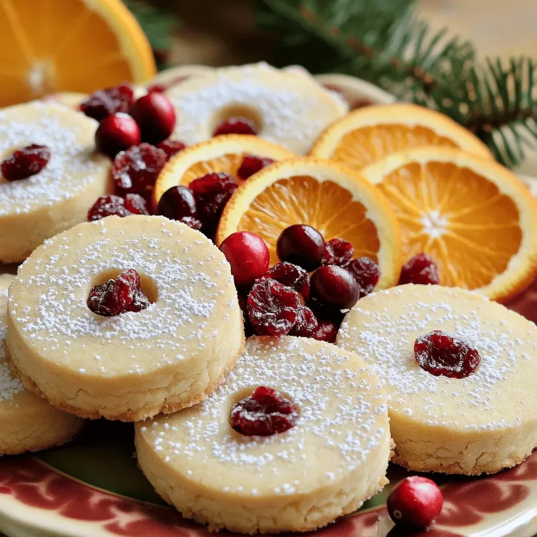 When making Cranberry Orange Shortbread Cookies, you need the right ingredients. Here's what you'll need: - 1 cup unsalted butter, softened - 1/2 cup powdered sugar - 1 teaspoon vanilla extract - Zest of 1 orange - 2 cups all-purpose flour - 1/4 teaspoon salt - 1/2 cup dried cranberries, chopped - 1/4 cup chopped pecans (optional) - 1 tablespoon orange juice Each ingredient plays a key role in the flavor and texture. The butter adds richness, while the sugar sweetens the cookies. The orange zest gives a fresh, bright taste that pairs well with cranberries. The all-purpose flour forms the base, and the salt enhances the flavors. Dried cranberries add a chewy texture, and pecans (if you choose to use them) bring a nice crunch. Finally, orange juice adds moisture and a hint of citrus flavor. Make sure to gather these ingredients before starting. This way, you’ll have everything ready to create your delicious cookies! 1. Creaming the butter and sugar Start by taking your softened butter and powdered sugar. Place them in a large bowl. Mix them with a hand mixer or a spatula. You want the mixture to be light and fluffy. This step is key for a soft cookie. 2. Adding flavorings and zest Next, pour in the vanilla extract and add the orange zest. Mix until everything is combined well. The orange zest gives a fresh taste that pairs perfectly with the cranberries. 3. Combining dry and wet ingredients In another bowl, whisk together the all-purpose flour and salt. Slowly add this mix to the wet ingredients. Stir gently until the dough starts to come together. 1. Forming logs and wrapping them Once the dough is mixed, divide it into two equal parts. Shape each part into a log about 1.5 inches wide. Wrap each log tightly in parchment paper or plastic wrap. This helps keep the shape. 2. Refrigeration and chilling process Place the wrapped logs in the fridge for at least one hour. Chilling firms the dough, making it easier to slice later. 1. Preheating the oven While the dough chills, preheat your oven to 350°F (175°C). Getting the oven hot ensures even baking. 2. Slicing the cookies After an hour, take the logs out of the fridge. Unwrap them and slice each log into 1/4-inch thick rounds. Place the slices on a baking sheet lined with parchment paper. Make sure to leave some space between each cookie. 3. Baking until golden Bake the cookies in your preheated oven for 12-15 minutes. Watch for the edges to turn lightly golden. Let them cool on the baking sheet for about 5 minutes. Then, transfer them to a wire rack to cool completely. Enjoy your delicious cookies! To make the best cookies, start with the right creaming technique. Cream the butter and sugar until light and fluffy. This step adds air and helps the cookies rise. Use a stand mixer or a hand mixer at medium speed for about 3 to 5 minutes. Be careful to avoid overmixing. Once you add the flour, mix gently. Stir just until the dough comes together. Overmixing can lead to tough cookies. Adjust baking time based on your oven. Start with 12 minutes, but keep an eye on the cookies. They should be lightly golden at the edges. If they are not, add a minute or two. Every oven is different, so check often. For festive serving, arrange the cookies on a colorful plate. Dust them with powdered sugar for a snowy look. You can add fresh cranberries and orange slices on the side. This adds color and a touch of elegance. For garnishing, consider drizzling a bit of orange glaze. Mix powdered sugar with orange juice until smooth. A light drizzle over the cookies makes them shine. This small touch can impress your guests and make the cookies look gourmet. {{image_2}} You can make these cookies even better! Here are some ideas: - Adding other dried fruits: Try raisins, apricots, or cherries. They will add sweet and chewy bites to your cookies. Mix in about 1/2 cup of your favorite fruit. - Incorporating nuts or chocolate: Feel free to add chopped walnuts, almonds, or dark chocolate chips. Nuts add crunch, while chocolate adds a rich flavor. Use 1/4 cup of nuts or chocolate for a tasty twist. If you have dietary needs, you can still enjoy these cookies. Here are some easy swaps: - Gluten-free alternatives: Use a gluten-free flour blend instead of all-purpose flour. This will let everyone enjoy your cookies. Look for a blend that works well for baking. - Vegan substitutes for butter: Replace unsalted butter with coconut oil or vegan butter. This keeps the cookies rich and tasty for everyone. Use the same amount as the recipe states for butter. To keep your cranberry orange shortbread cookies fresh, store them properly. Place the cookies in an airtight container at room temperature. This helps maintain their crispness. You can also line the container with parchment paper to avoid sticking. If you want to keep them longer, refrigerate the cookies. Use a sealed container to prevent them from absorbing any odors. For even longer storage, freeze the cookies. Wrap them in plastic wrap, then place them in a freezer bag. This keeps them fresh for months. How long do cookies last? When stored at room temperature, these cookies last about one week. In the fridge, they can last up to two weeks. If frozen, they stay good for about three months. Recognizing signs of spoilage is key. Look for changes in texture or smell. If the cookies feel soft or crumbly, or if they have an off odor, it’s time to throw them away. Enjoy your cookies while they are fresh and tasty! Can I use fresh cranberries instead of dried? Yes, you can use fresh cranberries. However, they are tart. I suggest adding more sugar to balance the taste. Chop the fresh cranberries into small bits before mixing them in. This helps them blend well into the dough. How to achieve a softer texture? To make your cookies softer, add a little more butter. You can also bake them for a shorter time. Keep an eye on them in the oven. When they are just lightly golden, take them out. They will firm up as they cool. What is the best way to store cookies? Store cookies in an airtight container. This keeps them fresh longer. If you want to keep them for a while, place parchment paper between layers. This prevents them from sticking together. Can I freeze the cookie dough? Absolutely! Freezing the dough is a great idea. Shape the logs and wrap them tightly in plastic wrap. You can freeze them for up to three months. When you’re ready, just slice and bake without thawing. How to make the cookies in advance? You can prepare the dough ahead of time. After mixing, shape it into logs and refrigerate. This will last up to a week in the fridge. When you are ready to bake, just slice and enjoy fresh cookies. You now have all the steps and tips to make delicious cookies. We covered the ingredients, preparation, and baking. Plus, I shared helpful hints and fun variations. With these details, you can create tasty cookies that impress everyone. Remember, practice makes perfect, so don’t hesitate to try different flavors. Enjoy your baking journey and share these cookies with friends and family!