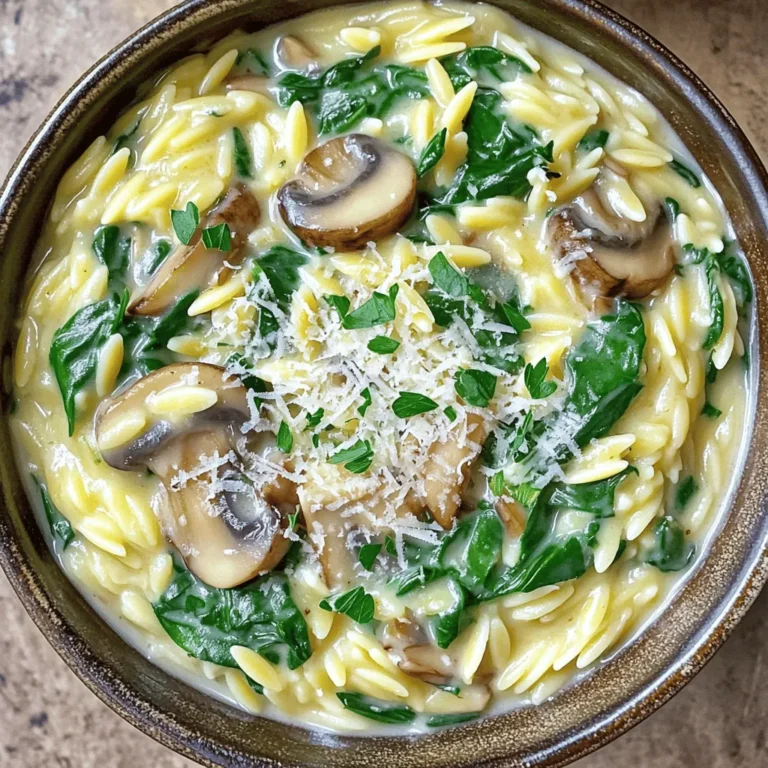 The key ingredients for Creamy Mushroom Spinach Orzo create a rich and tasty dish. Each one plays a vital role: - Orzo pasta: This small pasta cooks quickly and blends well with the sauce. It absorbs flavors nicely. - Vegetable broth: This gives a tasty base for cooking the orzo. It adds depth to the dish. - Olive oil: This healthy fat helps cook the onions and mushrooms. It adds a light flavor. - Onion: Finely chopped onions bring sweetness and depth to the dish. They form the base of the flavor. - Garlic: Minced garlic adds a strong, aromatic flavor. It pairs well with mushrooms. - Mushrooms: Sliced mushrooms provide a meaty texture and earthy flavor. They are the star of the dish. - Fresh spinach: Chopped spinach adds color and nutrients. It wilts down and blends well with other ingredients. - Heavy cream: This adds creaminess and richness. You can use coconut milk for a dairy-free option. - Parmesan cheese: Grated Parmesan adds a salty, savory kick. Nutritional yeast can replace it for a vegan dish. - Salt and pepper: These seasonings enhance the flavors of all the ingredients. - Dried thyme: This herb adds warmth and earthiness, tying the dish together. - Fresh parsley: Chopped parsley is a garnish that adds freshness and color. You can swap or add ingredients to make this dish your own: - Protein options: Add chicken, shrimp, or chickpeas for more filling meals. - Different herbs: Try basil, oregano, or rosemary for new flavors. - Plant-based cream: Use cashew cream or almond milk for a lighter dish. - Gluten-free pasta: Use gluten-free orzo or another small pasta as a substitute. - Dairy-free cheese: Look for plant-based cheese to keep it vegan. Consider any dietary needs when choosing ingredients. This dish can be flexible and still taste great! To cook orzo to al dente, bring vegetable broth to a simmer. Add 1 cup of orzo pasta. Cook for about 8-10 minutes. Stir occasionally to avoid sticking. If you see any, add a little more broth. This keeps the orzo from clumping together. Start by heating 1 tablespoon of olive oil in a large skillet over medium heat. Next, add 1 medium onion, finely chopped. Sauté it for 3-4 minutes until it turns translucent. This step adds depth to your dish. Then, add 2 cloves of minced garlic and 8 oz of sliced mushrooms. Cook for 5-7 minutes. Stir regularly until the mushrooms turn golden brown. This browning adds a rich flavor to the meal. Once the orzo is ready, drain any extra broth. Add the orzo to the skillet with the onion, garlic, and mushrooms. Next, stir in 2 cups of roughly chopped spinach. Cook just until it wilts. Now, reduce the heat to low and pour in 1/2 cup of heavy cream, or coconut milk for a vegan twist. Mix everything well. Gradually add 1/4 cup of grated Parmesan cheese. Stir until it melts and creates a creamy texture. Taste and adjust seasoning with salt and pepper as needed. To make your Creamy Mushroom Spinach Orzo really shine, follow these tips: - Use fresh ingredients. Fresh spinach and mushrooms enhance flavor. - Don’t rush the sauté. Cook onions slowly. This gives a sweet taste. - Cook mushrooms well. Let them release moisture. This step adds depth. - Stir often. This helps prevent sticking and ensures even cooking. - Taste as you go. Adjust salt and pepper for your perfect flavor. Common mistakes can derail your dish: - Overcooking the orzo. It should be al dente, not mushy. - Skipping the seasoning. Salt and pepper bring all flavors together. - Using low-quality broth. A good broth boosts the whole dish. Pair your orzo with these ideas for a full meal: - Add grilled chicken or shrimp. This adds protein and makes it hearty. - Serve with a fresh salad. A light green salad complements the dish well. - Pair with crusty bread. Great for soaking up the creamy sauce. Garnishing is also key for presentation: - Sprinkle fresh parsley on top. This adds color and freshness. - Grate extra Parmesan. A little more cheese makes it extra special. - Drizzle with olive oil. A touch of oil enhances the dish’s richness. These tips will help you create a delicious and beautiful meal! {{image_2}} You can easily make this dish vegan and gluten-free. For a vegan option, use coconut milk instead of heavy cream. Replace grated Parmesan with nutritional yeast. To make it gluten-free, swap orzo for gluten-free pasta. These swaps keep the dish rich and tasty while meeting dietary needs. If you have allergies, here are some suggested ingredient swaps: - Use sunflower oil if you are allergic to olive oil. - Substitute mushrooms with zucchini or bell peppers for a different flavor. - For onion allergies, use leeks or shallots for sweetness without the strong taste. Adding herbs and spices can elevate the flavor of your dish. Try fresh basil or rosemary for a fragrant touch. A pinch of red pepper flakes adds warmth and a bit of heat. Incorporating proteins can make this meal more filling. You can add cooked chicken, shrimp, or beans for a boost. If you want a meatless protein, chickpeas or lentils work well too. Mix in these options for a heartier dinner that still feels light and fresh. To keep your Creamy Mushroom Spinach Orzo fresh, store it in an airtight container. This helps prevent moisture loss and keeps flavors intact. You can refrigerate it for up to three days. If you want to enjoy it later, check for any signs of spoilage, like unusual smells or colors. To freeze the orzo, let it cool completely. Then, place it in a freezer-safe bag or container. Press out as much air as possible before sealing. This helps avoid freezer burn. When you're ready to eat, thaw it in the fridge overnight. To reheat, add a splash of broth or water in a pan over low heat. Stir it often to keep the texture creamy. Avoid high heat as it can dry out the dish. Enjoy your delicious meal even after storing! To make this dish vegan, swap heavy cream for coconut milk. It gives a rich taste. You can also replace Parmesan cheese with nutritional yeast. Nutritional yeast adds a cheesy flavor without dairy. This way, you can enjoy a creamy texture while keeping it plant-based. Yes, you can use other pasta types, like penne or fusilli. Just remember that cooking times may change. For smaller pasta, check the package for the right time. Larger pasta may need a few extra minutes. Adjust the vegetable broth as needed to ensure the pasta cooks well. To make your meal heartier, add protein like chickpeas or cooked chicken. These options add flavor and nutrition. You can also serve it with a side salad or garlic bread. Both pair well with the creamy orzo and make a complete meal. In this post, we explored Creamy Mushroom Spinach Orzo. We covered key ingredients and their roles, plus helpful alternatives for different diets. You learned the steps to cook orzo and sauté vegetables perfectly. We shared tips for avoiding common mistakes and enhancing flavor. Whether you want to store leftovers or add protein, we provided clear guidance. This dish is flexible and great for any meal. Try out these ideas to make your orzo delicious and satisfying. Enjoy your cooking journey!