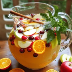 To make this tasty Apple Cider Sangria, gather these ingredients: - 4 cups apple cider - 2 cups sparkling water - 1 cup fresh cranberries - 2 apples (like Granny Smith or Honeycrisp), cored and thinly sliced - 1 orange, sliced - 1 cinnamon stick - 2 tablespoons maple syrup (optional, for sweetness) - Fresh mint leaves for garnish You can add a twist to your sangria with these options: - A splash of red wine for depth - Pear slices for added sweetness - Pomegranate seeds for extra color - Ginger slices for a spicy kick When picking apples and oranges, look for firm fruit. Firm apples hold up well in the drink. Choose apples with vibrant skin. For oranges, select ones that feel heavy for their size. Fresh cranberries should be bright and firm. Avoid any that are mushy or discolored. This way, your sangria bursts with flavor and looks great too! To start making your Apple Cider Sangria, gather all the ingredients. You will need: - 4 cups apple cider - 2 cups sparkling water - 1 cup fresh cranberries - 2 apples, cored and thinly sliced - 1 orange, sliced - 1 cinnamon stick - 2 tablespoons maple syrup (optional) - Fresh mint leaves for garnish 1. First, grab a large pitcher. Pour in the apple cider and sparkling water. Stir gently to mix. 2. Next, add the fresh cranberries, apple slices, and orange slices. 3. Now, drop in the cinnamon stick. This will add warmth and flavor. 4. If you want a sweeter drink, mix in the maple syrup until it dissolves. 5. Cover the pitcher and place it in the fridge for at least one hour. This lets the flavors blend. Infusing flavors is key to making a great sangria. The longer you let it sit, the better it tastes. Here’s how to do it right: - Use fresh fruits for the best flavor. - Slice the fruits thinly. This allows for more juice to mix in. - Always add herbs, like fresh mint, right before serving. This keeps them vibrant and fresh. - Feel free to experiment! Try adding different spices, like cloves or nutmeg, for extra warmth. Before serving your Apple Cider Sangria, give it a good stir. This ensures all the flavors mix well. Taste it to see if you need to adjust the sweetness. Here’s how to finish up: 1. Grab some glasses and fill them with ice. 2. Pour the sangria over the ice. 3. Finally, garnish each glass with fresh mint leaves. This adds a pop of color and extra flavor. Enjoy your delicious Apple Cider Sangria with Cranberries! When making apple cider sangria, use fresh ingredients. Fresh fruit adds flavor and color. Choose crisp apples like Granny Smith or Honeycrisp. These apples pair well with cider's sweetness. Always slice the fruit thin. This helps release their juices into the drink. Mix the apple cider and sparkling water gently. You want bubbles from the sparkling water to stay. Let the sangria sit in the fridge for at least one hour. This time helps the flavors blend well. The longer it sits, the tastier it gets. If your sangria tastes too tart, add maple syrup. Start with one tablespoon and mix well. Taste it after mixing. You can always add more if needed. If it’s too sweet, add more apple cider or sparkling water. This helps balance the flavors without losing the fruit essence. Serve the sangria in clear glasses. This way, everyone can see the fruit. Fill the glasses with ice to keep the drink cold. Garnish each glass with fresh mint leaves. The mint adds a pretty touch and a fresh scent. Consider using a large pitcher for serving. It makes it easy for guests to refill. You can also add extra fruit slices to the pitcher for a lovely look. Enjoy your sangria with friends and family for a fun gathering! {{image_2}} You can enjoy Apple Cider Sangria without alcohol. Use only apple cider and sparkling water. This mix still tastes great! Add fresh fruits, like oranges or berries, for extra flavor. You can also spice it up with cinnamon sticks or ginger slices. This way, everyone can enjoy a tasty drink. Why not switch up your fruits? Try pears, peaches, or even pomegranates. Each fruit brings a new twist. You can also add berries for a burst of color and sweetness. If you want a touch of zest, squeeze in some lemon or lime juice. Fresh herbs like basil or rosemary can add a fun taste, too. Experiment with what you love! You can make this sangria all year! In winter, add warm spices like nutmeg or cloves. This gives a cozy feel. During spring and summer, use fresh berries and citrus fruits. They will keep it light and refreshing. In fall, keep the cranberries and apples, but try spiced rum for a kick. No matter the season, this drink stays delightful! To store leftover sangria, pour it into a clean, airtight container. Glass jars or pitchers work well. Seal it tightly to keep out air and odors. Place the container in the fridge. Sangria tastes best cold, so chilling it is key. When you’re ready to serve leftover sangria, give it a good stir. This helps mix the flavors again. Taste it first. If it's lost some sweetness, add a little maple syrup. Pour the sangria into glasses with ice. Add fresh mint for a nice touch. Leftover sangria lasts about three days in the fridge. After that, the fruit may spoil. If you see any off smells or colors, it’s best to toss it out. Always check before drinking. Enjoy your sangria safely! Yes, you can make Apple Cider Sangria up to 24 hours ahead. Just prepare it and chill it in the fridge. This gives the fruit time to soak up the flavors. If you make it early, add the sparkling water just before serving. This keeps it fizzy and fresh. For Apple Cider Sangria, a dry white wine works best. Choose a wine like Sauvignon Blanc or Pinot Grigio. These wines balance the sweetness of apple cider and cranberries. You want the flavors to shine without being too sweet. You can easily adjust the sweetness of your sangria. To make it sweeter, add more maple syrup. Stir it in until it dissolves well. For less sweetness, use less maple syrup or try a drier wine. Taste as you go to find your perfect balance. You learned how to make delicious Apple Cider Sangria. We covered fresh ingredients, step-by-step prep, and ways to customize it. I shared tips for serving and storage, plus fun variations for all seasons. Try different fruits or adjust the sweetness to match your taste. Making this drink ahead is easy, and it keeps well. Enjoying Apple Cider Sangria can bring joy to any gathering. Now, get ready to impress your guests with this refreshing drink!