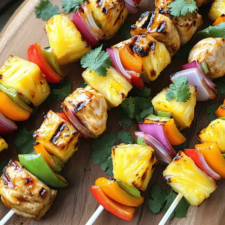 - 1 lb chicken breast, cut into 1-inch cubes - 1 cup fresh pineapple, cut into 1-inch pieces - 1 bell pepper (red or yellow), cut into 1-inch pieces - 1 red onion, cut into wedges You can choose between store-bought and homemade teriyaki sauce. Store-bought sauces are quick and easy. They save you time when you are in a hurry. Homemade teriyaki sauce offers richer flavors and lets you control the taste. A simple recipe includes soy sauce, brown sugar, garlic, and ginger. Both options work well, so pick what suits you best. You will need a few tools to make these kabobs. Gather skewers, either wooden or metal. Wooden skewers need to soak in water for 30 minutes before grilling. A grill is essential for that smoky flavor. Mixing bowls help you marinate the chicken and combine your ingredients. With these tools, you are set for a fun cooking experience. To start, marinate the chicken. In a bowl, mix the cubed chicken with teriyaki sauce, olive oil, garlic powder, grated ginger, salt, and pepper. Coat the chicken well. Cover the bowl and refrigerate for at least 30 minutes. This helps the chicken absorb all the flavors. If you use wooden skewers, soak them in water for 30 minutes. This step stops them from burning on the grill and makes your kabobs safe to enjoy. Next, it's time to assemble your kabobs. Take the marinated chicken and thread it onto the skewers. Alternate the chicken with pineapple pieces, bell pepper, and red onion. This mix of colors not only looks nice but also adds great flavor. Aim for a fun pattern to make them more appealing. Preheat your grill to medium-high heat. Lightly oil the grill grates to prevent sticking. Place the kabobs on the grill and cook for about 12 to 15 minutes. Turn them occasionally to cook evenly. Make sure the chicken reaches an internal temperature of 165°F. You want those beautiful grill marks for a tasty look! For the best taste, marinate your chicken for at least 30 minutes. This time lets the chicken soak up the teriyaki sauce and spices. If you have time, marinate for up to 2 hours for even more flavor. Just remember to keep it in the fridge while it soaks. To stop your kabobs from sticking, oil your grill grates lightly before cooking. Use tongs to turn the kabobs often. This helps them cook evenly and get those nice grill marks. Cook them until the chicken reaches 165°F. This ensures it’s safe to eat and juicy. Make your kabobs look great when serving. Use a large platter to arrange them neatly. You can garnish with fresh cilantro or green onions for a pop of color. Serve extra teriyaki sauce on the side for dipping. This adds flavor and lets everyone enjoy their kabobs just how they like them. {{image_2}} You can change the veggies and protein in your kabobs. Use shrimp or tofu instead of chicken. Both options add unique flavors. For veggies, try zucchini, mushrooms, or cherry tomatoes. Each will give a different taste and texture. Mix and match to find your favorite combo! Want to spice things up? Add a dash of cayenne pepper for heat. You can also try adding sesame oil for a nutty flavor. For a twist, use different sauces like teriyaki BBQ or sweet chili. These small changes can make a big difference in taste! Pair your kabobs with rice or a fresh salad. Jasmine or coconut rice adds a lovely touch. You can also serve them with a fruity salsa. Mango or avocado salsa works well. This adds freshness and color to your meal. Get creative and enjoy your kabobs in new ways! To keep your leftover kabobs fresh, store them in the fridge. Place them in an airtight container. They will last for up to three days. If you want to keep them longer, freeze the kabobs. Wrap them tightly in plastic wrap, then in foil. This way, they can last for three months in the freezer. When you are ready to enjoy the kabobs again, reheat them gently. You can use the oven or a skillet. If using the oven, set it to 350°F. Place the kabobs on a baking sheet and cover them with foil. Heat for about 10-15 minutes. If you prefer a skillet, heat a little olive oil over medium heat. Add the kabobs and cook for about 5-7 minutes, turning occasionally. This keeps them juicy and tasty. Meal prepping these kabobs can save you time. You can marinate the chicken and chop the veggies ahead of time. Store them in the fridge for up to two days. On a busy night, just thread the ingredients onto skewers and grill. You can also cook a larger batch and freeze some for later. This makes for quick weeknight meals with great flavor. Yes, you can easily make these kabobs in the oven. Start by preheating your oven to 400°F. Use a baking sheet lined with foil for easy cleanup. Arrange the kabobs on the sheet, making sure they are spaced out. Bake for about 20 minutes, turning halfway through. This helps the chicken cook evenly and gives it a nice color. These kabobs pair well with many sides. Here are some tasty options: - Steamed rice or jasmine rice - Quinoa salad with veggies - Grilled corn on the cob - A fresh green salad - Stir-fried vegetables These sides enhance the meal while keeping it light and healthy. To check if the chicken is done, use a meat thermometer. The internal temperature should reach 165°F. If you don’t have a thermometer, cut into a piece of chicken. If the juices run clear and the meat is no longer pink, it’s ready to eat. Always ensure the chicken is cooked well to keep it safe and tasty. Pineapple Teriyaki Chicken Kabobs are easy to make and fun to grill. We covered key ingredients like chicken and pineapple, along with sauce options. You learned essential tools, preparation steps, and grilling tips. I shared ideas for enhancing flavor and creative serving. Remember to store leftovers properly and reheating gently keeps them tasty. Enjoy making these kabobs any day of the week! You'll impress friends and family with your skills.