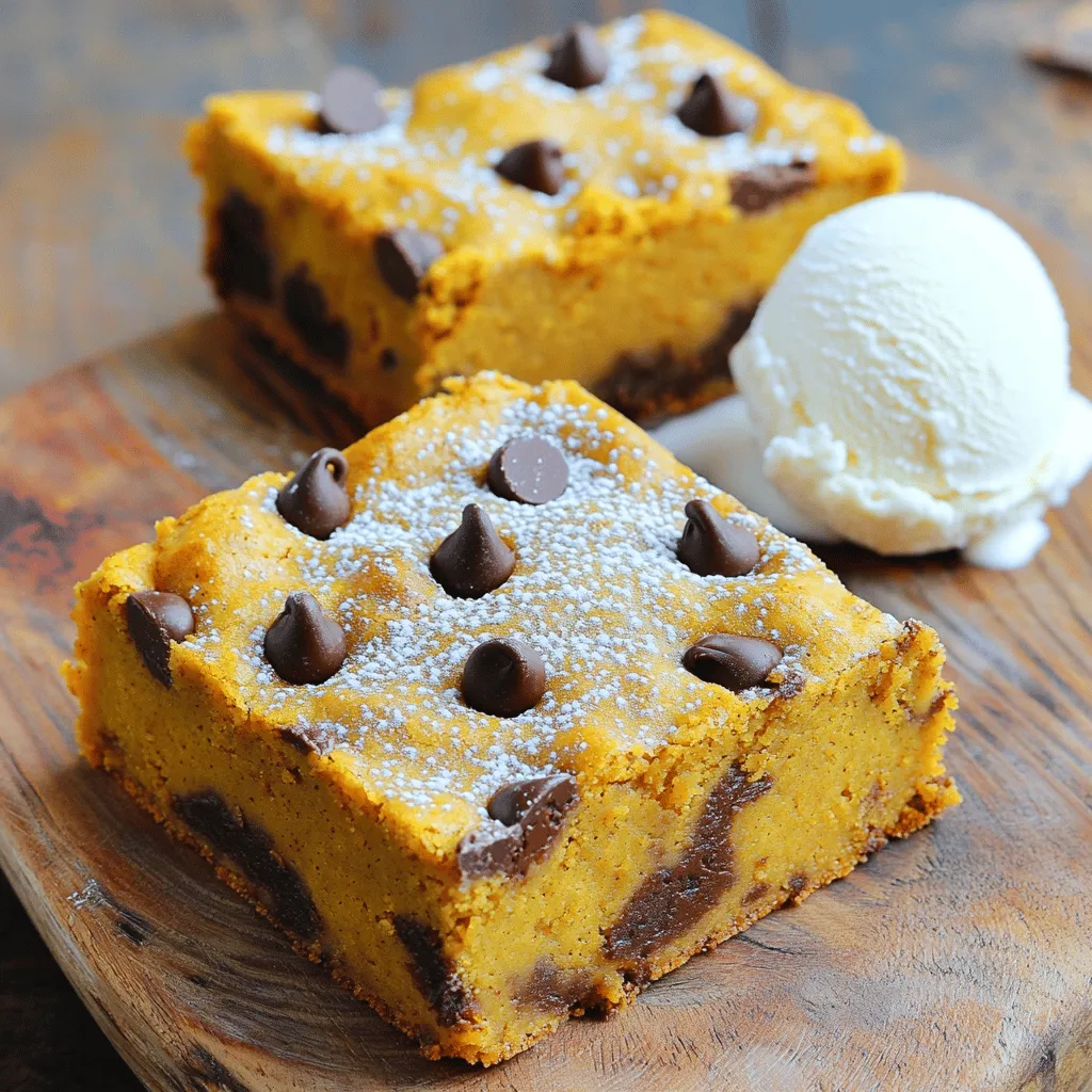 To make these yummy pumpkin chocolate chip blondie bars, you need a few key items: - 1 cup pumpkin puree - 1/2 cup unsalted butter, melted - 1 cup brown sugar - 1/2 cup granulated sugar - 2 large eggs - 1 teaspoon vanilla extract - 1 teaspoon baking powder - 1/2 teaspoon baking soda - 1/2 teaspoon salt - 1 teaspoon ground cinnamon - 1/2 teaspoon ground nutmeg - 1 1/2 cups all-purpose flour - 3/4 cup chocolate chips (semi-sweet or dark) These ingredients create a rich and moist treat that you will love. The pumpkin adds warmth and flavor, while the chocolate brings a sweet touch. You can swap some ingredients if you need to. Here are a few ideas: - Use applesauce instead of butter for a lower-fat option. - Replace granulated sugar with coconut sugar for a healthier choice. - For a gluten-free version, use a 1:1 gluten-free flour blend. - If you don’t have eggs, try using flaxseed meal mixed with water. These swaps keep the taste great while meeting your needs. To bake these blondies, you will need some tools: - 8x8 inch baking pan - Mixing bowls - Whisk - Spatula - Parchment paper - Toothpick (for testing doneness) Having these tools ready makes baking easy and fun! To make your pumpkin chocolate chip blondie bars, start by gathering all your ingredients. You will need pumpkin puree, butter, brown sugar, granulated sugar, eggs, vanilla extract, baking powder, baking soda, salt, cinnamon, nutmeg, flour, and chocolate chips. This makes the process smooth and fun. 1. Preheat your oven to 350°F (175°C). This ensures even baking. 2. Grease and line an 8x8 inch baking pan with parchment paper. Let the edges hang over for easy removal. 3. In a large bowl, mix together melted butter, pumpkin puree, brown sugar, and granulated sugar. Stir until smooth. 4. Add the eggs one by one. Beat well after each egg. Then stir in the vanilla extract. 5. In another bowl, whisk together flour, baking powder, baking soda, salt, cinnamon, and nutmeg. This helps to blend the dry ingredients well. 6. Fold the dry mix into the wet mixture slowly. Mix until just combined. Do not overmix! This keeps the blondies soft. 7. Gently fold in the chocolate chips. Make sure they spread evenly in the batter. 8. Pour the batter into the prepared pan. Use a spatula to spread it evenly. 9. Bake for 25-30 minutes. A toothpick should come out with a few moist crumbs, not wet batter. To check if your blondies are done, insert a toothpick in the center. If it comes out with a few moist crumbs, they are ready. If the toothpick has wet batter, bake for a few more minutes. After baking, let the blondies cool for about 10 minutes in the pan. Use the parchment overhang to lift them out. Cool them completely on a wire rack before cutting them into squares. Enjoy! To make the best pumpkin chocolate chip blondies, follow these tips: - Use fresh pumpkin puree for a richer flavor. - Make sure your butter is melted but not hot; this helps blend well. - Mix the wet ingredients until smooth but don’t overmix. - Fold in the chocolate chips gently to keep them whole. - Spread the batter evenly in the pan for uniform baking. Avoid these common pitfalls: - Don't overmix the batter; it can make the blondies tough. - Make sure to check for doneness with a toothpick; it should have a few moist crumbs, not wet batter. - Let the blondies cool before cutting them; this helps them set properly. - Skipping the parchment paper makes it hard to remove the blondies later. For the best experience, try these serving ideas: - Serve warm with a scoop of vanilla ice cream on top. - Dust with powdered sugar for a sweet touch. - Pair with a hot drink like coffee or chai. - Add a sprinkle of sea salt for a sweet-salty balance. - Enjoy them fresh or slightly warm for gooey chocolate goodness. {{image_2}} You can switch up the flavors in your pumpkin chocolate chip blondies. Try adding nuts like walnuts or pecans for a crunchy bite. Dried fruit, such as cranberries or raisins, adds sweetness too. If you love spices, add a pinch of ginger or allspice for a warm twist. You can even swap chocolate chips for white chocolate or butterscotch chips for a fun change. Making these blondies gluten-free is easy. Simply substitute the all-purpose flour with a gluten-free blend. Look for one that works well in baking. You may also want to add a bit of xanthan gum if your blend doesn’t include it. This helps give the blondies a nice texture. The taste will still be delicious, and no one will know they are gluten-free! To make vegan pumpkin chocolate chip blondies, replace the eggs with flax eggs. Mix one tablespoon of ground flaxseed with three tablespoons of water. Let it sit until it thickens. Use coconut oil instead of butter for a rich flavor. You can also choose vegan chocolate chips. These swaps keep the blondies soft and tasty while fitting a vegan diet. To store your leftover pumpkin chocolate chip blondies, place them in an airtight container. Layer them with wax paper or parchment to keep them from sticking together. This method helps keep them fresh and moist. You can also cover the container with plastic wrap for added protection. If you want to freeze your blondies, start by letting them cool completely. Once cooled, cut them into squares. Wrap each square tightly in plastic wrap. After wrapping, place them in a freezer bag or container. Make sure to label the bag with the date. This way, you can enjoy them later! When stored at room temperature, your blondies will stay fresh for about four days. In the fridge, they can last up to a week. If you freeze them, they can stay good for about three months. Just remember, the longer you store them, the more they may lose their fresh taste and texture. Yes, you can use fresh pumpkin. First, cook the pumpkin until soft. Then, mash it until smooth. Make sure to drain any excess water. This will keep your blondies from being too wet. You can use applesauce as an egg substitute. Use 1/4 cup of applesauce for each egg. You can also use flaxseed meal. Mix 1 tablespoon of flaxseed with 2.5 tablespoons of water. Let it sit for a few minutes before adding it to the batter. To check if the blondies are done, insert a toothpick in the center. It should come out with a few moist crumbs, but not wet batter. Bake them for 25-30 minutes. If they look golden brown, they are likely ready. You learned about the key ingredients and steps for making pumpkin chocolate chip blondies. We covered substitutions, tools needed, and how to check for doneness. I shared tips for baking success and variations to meet different diets. You also discovered storage methods to keep them fresh and long-lasting. Enjoy your baking journey, and remember to experiment with flavors. Each batch can bring new joy!