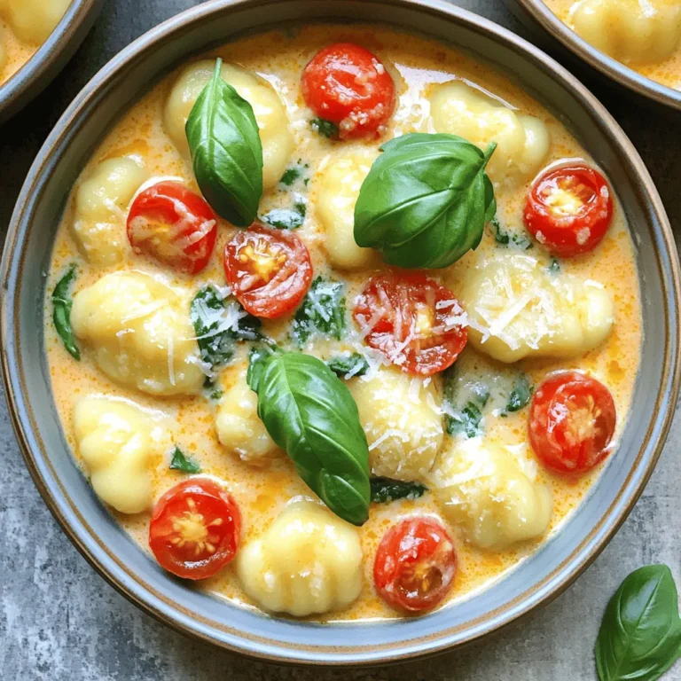 - 1 pound gnocchi (fresh or shelf-stable) - 2 cups cherry tomatoes, halved - 1 cup vegetable broth - 1 cup heavy cream - 1 cup fresh basil leaves, chopped (reserve some for garnish) - 1/2 cup grated Parmesan cheese - 2 cloves garlic, minced - 1 tablespoon olive oil - Salt and pepper to taste - Crushed red pepper flakes The heart of my One-Pot Creamy Tomato Basil Gnocchi lies in its fresh ingredients. Gnocchi forms the base of this dish. You can choose fresh or shelf-stable gnocchi based on what you have. Fresh gnocchi cooks quicker, while shelf-stable can be stored longer. Cherry tomatoes add a sweet burst of flavor. Halving them helps release their juices, creating a rich sauce. Vegetable broth brings in depth and moisture. Heavy cream is the magic ingredient. It gives the dish its creamy texture and richness. Next, fresh basil leaves infuse a bright taste. I always chop some but save a bit for later. Grated Parmesan cheese adds a salty, nutty kick. Garlic enhances the overall flavor with its aromatic notes. Olive oil is essential for sautéing and adds a nice finish. Don’t forget the salt and pepper! They help balance all the flavors. If you like a bit of heat, crushed red pepper flakes are a great option. They elevate the dish without overpowering it. Gather these ingredients, and you’re on your way to a creamy delight! - Heating olive oil and cooking garlic Start by heating 1 tablespoon of olive oil in a large pot over medium heat. Add 2 minced cloves of garlic. Stir and cook for about 1 minute. The garlic should smell nice but not burn. - Adding cherry tomatoes Next, add 2 cups of halved cherry tomatoes to the pot. Stir them around. Cook for 3 to 5 minutes. The tomatoes will soften and release their juices, making a tasty base. - Pouring in vegetable broth Pour in 1 cup of vegetable broth. Bring the mix to a simmer. Let it cook for 2 to 3 minutes. This adds flavor and moisture to your dish. - Stirring in gnocchi and cooking Now, add 1 pound of gnocchi to the pot. Reduce the heat to medium-low. Stir the gnocchi into the tomato mix. Cook for about 5 minutes. The gnocchi will float to the top when done. - Adding heavy cream and Parmesan cheese Once the gnocchi is cooked, reduce the heat to low. Stir in 1 cup of heavy cream and 1/2 cup of grated Parmesan cheese. Mix until the cheese melts and the sauce is smooth. - Incorporating fresh basil and seasoning Fold in 1 cup of chopped fresh basil, saving some for garnish. Season with salt, pepper, and optional crushed red pepper flakes. Stir well to combine. Let it sit for a couple of minutes to thicken. To boost the taste of your One-Pot Creamy Tomato Basil Gnocchi, consider adding crushed red pepper flakes. This small touch gives the dish a pleasant kick. If you want more flavor, try adding fresh herbs like oregano or thyme. They pair well with the basil and tomatoes. To get that perfect creamy sauce, make sure to stir in the heavy cream slowly. This helps it blend well with the other ingredients. If you like a thicker sauce, let it cook a bit longer. You can also add more cheese for creaminess if desired. Use a large pot or deep skillet for the best results. A non-stick surface helps prevent sticking and burning, making cleanup easier. A wooden spoon is great for stirring the ingredients without scratching your cookware. {{image_2}} You can swap ingredients to make this dish your own. - Using different types of pasta: If you don’t have gnocchi, try small pasta shapes like penne or fusilli. They soak up the sauce well. - Substituting cream with lighter options: For a lighter dish, use half-and-half or even coconut milk. This keeps the creamy texture but reduces calories. Get creative with what you add to the dish. - Incorporating protein like chicken or shrimp: Adding cooked chicken or shrimp gives the dish more protein. Cook it separately, then mix it in. - Adding vegetables for a healthier twist: Toss in veggies like spinach or zucchini. They add nutrition and color, making your meal even better. Think about what to serve with your gnocchi for a full meal. - Pairing with sides or salads: A fresh green salad pairs well with the creamy sauce. You can also serve crusty bread to soak up the sauce. - Suggestions for side dishes that complement gnocchi: Roasted vegetables or garlic bread are great sides. They add flavor and texture to your meal. To keep your creamy tomato basil gnocchi fresh, use airtight containers. Glass or plastic containers work well. Store the dish in the fridge. It stays good for up to three days. Make sure to cool it first before sealing. When it's time to enjoy leftovers, heat gently on the stove. This keeps the sauce smooth and creamy. Add a splash of cream or broth to help. Stir often to avoid burning. If the sauce separates, whisk it back together. You can freeze creamy tomato basil gnocchi for later. Let it cool completely before freezing. Use freezer-safe bags or containers. Press out as much air as you can. It can last for up to three months. To thaw, place it in the fridge overnight. Reheat it on low heat, stirring gently. Add a bit of cream or broth to help it return to its creamy state. Enjoy your meal even after storing! Yes, you can make this dish vegan with a few swaps. Use plant-based gnocchi made from potatoes or other veggies. Replace heavy cream with coconut milk or cashew cream. For cheese, try nutritional yeast or a vegan Parmesan. These swaps keep the creamy texture while making it plant-based. If you lack gnocchi, don't worry! You can use other pasta types. Try small shapes like penne, fusilli, or farfalle. Cook them in the same sauce until tender. For a gluten-free option, look for gluten-free pasta. This will still create a tasty one-pot dish. Watch for gnocchi to float to the top of the pot. This shows they're cooked through. You can also taste one to check for doneness. It should be soft but firm. Avoid overcooking to keep the perfect texture. This blog post covered how to make a delicious gnocchi dish. We explored the key ingredients, step-by-step instructions, and helpful tips. You can customize this recipe by adding flavors and swapping ingredients. Remember to store leftovers properly and enjoy them later by reheating correctly. With these instructions, you can create a creamy, flavorful meal that satisfies your cravings. Now it's your turn to try making this gnocchi dish at home. Enjoy the cooking experience and have fun experimenting!