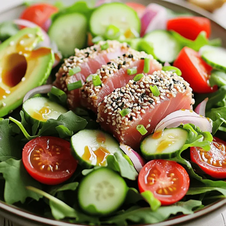 - 2 Ahi tuna steaks (6 oz each) - 1/4 cup sesame seeds (mix of white and black) - 6 cups mixed greens (such as arugula, spinach, and romaine) - 1 avocado, sliced - 1 cup cherry tomatoes, halved - 1/4 cucumber, thinly sliced - 1/4 red onion, thinly sliced - 2 tablespoons sesame oil - 1 tablespoon soy sauce (low sodium) - 1 tablespoon rice vinegar - 1 teaspoon honey - 1 teaspoon grated ginger The main ingredients in this dish create a delicious balance. Ahi tuna steaks are tender and rich in flavor. The sesame seeds add a nutty crunch. Mixed greens provide a fresh base. Sliced avocado brings creaminess, while halved cherry tomatoes add sweetness. The cucumber and red onion give extra crunch and flavor. For the dressing, sesame oil gives a deep, toasty essence. Low-sodium soy sauce adds umami without too much salt. Rice vinegar gives bright acidity. Honey brings sweetness, and ginger adds warmth and spice. This dressing ties all the ingredients together perfectly. - First, pat the Ahi tuna steaks dry with a paper towel. This helps the seasoning stick well. - Next, season both sides with salt and pepper. Use just enough to enhance the flavor. - Take a plate and spread the sesame seeds evenly. Press each side of the tuna steaks firmly into the seeds. Make sure they are coated evenly. - In a skillet, heat the olive oil over medium-high heat. Wait until it shimmers, then you are ready. - Add the tuna steaks and sear them for about 1-2 minutes per side. For medium-rare, that’s perfect. Adjust the time if you want it cooked more. - Once done, remove the tuna from the skillet and let it rest. This step keeps the juices in. - In a small bowl, combine the sesame oil, soy sauce, rice vinegar, honey, and grated ginger. - Whisk these ingredients together until they are well mixed. The dressing should be smooth and flavorful. - In a large bowl, combine the mixed greens, cherry tomatoes, avocado, cucumber, and red onion. - Toss the salad gently to mix the ingredients. Then, drizzle the dressing over the salad. Toss again to coat everything evenly. - After the tuna has rested, slice it thinly. This makes it easy to eat and looks nice. - Divide the salad among serving plates. Top each plate with slices of the sesame-crusted tuna. - For a beautiful presentation, add extra sesame seeds and a sprinkle of chopped green onions. A drizzle of extra dressing adds flair too. When you choose ahi tuna, look for bright color. Fresh tuna should have a rich, deep red hue. Avoid fish that looks dull or brown. Check for a clean smell, not a fishy one. Firmness is key; the fish should spring back when you press it. If you find it in a market, ask the fishmonger about its source. Sustainable options often have better flavor. Toasting sesame seeds adds a nutty taste. It makes your dish more flavorful. Heat a dry skillet over medium heat. Add the seeds and stir often. Watch them closely; they can burn quickly. You want them golden brown, not dark. Remove them from the heat as soon as they change color. Let them cool before using them in your salad. A great dish looks as good as it tastes. Add more sesame seeds on top for flair. Chopped green onions add a pop of color and flavor. Drizzle a bit of extra dressing to enhance the appeal. Serve on a bright plate to make the colors stand out. Place the tuna slices artfully over the salad for a stunning look. Enjoy the blend of colors and textures. {{image_2}} You can make your sesame crusted ahi tuna salad even more exciting! Here are some options: - Fruits: Try adding sliced mango or diced apples for a sweet touch. - Nuts: Crushed almonds or walnuts add great crunch and flavor. For a heartier salad, you can mix in: - Quinoa: This grain boosts protein and makes the dish filling. - Chickpeas: They add texture and extra nutrition. If you want to switch up the dressing, consider these ideas: - Creamy Avocado Dressing: Blend avocado with lime juice for a smooth texture. - Spicy Peanut Dressing: Mix peanut butter with soy sauce and a bit of sriracha. These options can give your salad a new twist and exciting flavor. You can cook your ahi tuna in different ways. Here are some methods to try: - Grilling: This method adds a smoky flavor. Just grill for 1-2 minutes on each side. - Searing: This is what we do in the main recipe. It gives a crisp crust. If you prefer baking, here’s a simple way: - Baking: Preheat your oven to 400°F. Bake the tuna for about 10 minutes. This keeps it tender and juicy. To keep your sesame crusted ahi tuna salad fresh, store the salad and tuna separately. This helps maintain the texture of the salad and the tuna. Place the salad in an airtight container. Store the tuna in another container with a lid. You can keep both in the fridge for up to two days. After that, the salad may wilt and the tuna may lose its taste. When reheating tuna, do it gently. Use a skillet over low heat for the best results. Heat the tuna for about one minute on each side. This keeps it tender and prevents it from becoming dry. Avoid microwaving, as this can spoil the flavor and texture. For the salad, keep it fresh by not reheating it. If you have leftover dressing, you can drizzle it on when serving. Enjoy the fresh taste of your salad with each bite! Yes, you can use frozen tuna. To defrost it, place the tuna in the fridge overnight. If you're short on time, seal it in a bag and submerge it in cold water for about an hour. Avoid using hot water, as it can cook the fish unevenly. Always check the texture after thawing; it should feel firm and not mushy. Ahi tuna is safe to eat raw if it's sushi-grade. Sushi-grade fish comes from a trusted source and is handled with care. It undergoes freezing to kill harmful parasites. Always buy from a reputable fish market and ask for the sushi-grade label. This ensures you enjoy your sesame-crusted ahi tuna salad safely. If you don’t have sesame seeds, try using crushed nuts like almonds or cashews. You can also use sunflower seeds or pumpkin seeds for a similar crunch. For a sesame flavor, consider sesame oil or tahini in your dressing. Be creative and adjust based on what you have in your kitchen. To check if the tuna is cooked right, use a food thermometer. Aim for an internal temperature of 125°F for medium-rare. If you prefer it more cooked, go for 135°F. Look for a warm, pink center when you slice it. Avoid overcooking, as it can dry out and lose flavor. Always let the tuna rest before slicing for the best texture. In this article, I shared how to make a delicious ahi tuna salad. You learned about the key ingredients, from fresh tuna to ripe avocados. I outlined step-by-step instructions for preparing and cooking the tuna, making the dressing, and assembling the salad. I also included helpful tips for selecting fresh tuna and adding flavor. Remember, you can customize this dish with different add-ins or dressings. Enjoy your cooking adventure, and don’t be afraid to try new things!