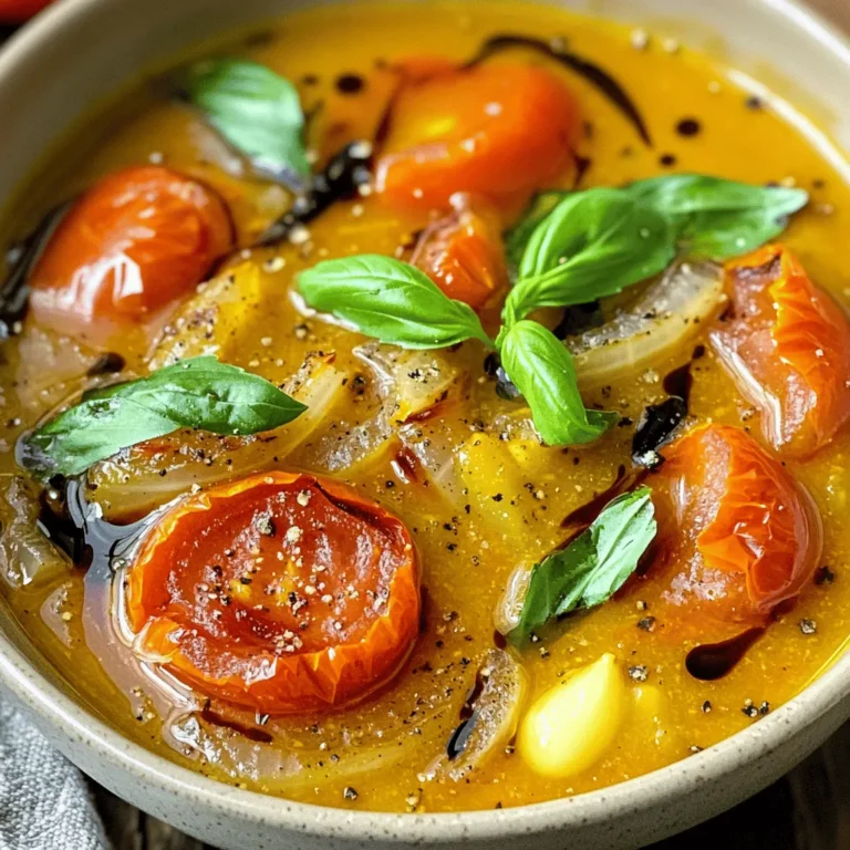 - 2 lbs ripe tomatoes, quartered - 1 large onion, chopped - 4 cloves garlic, peeled - 3 tablespoons olive oil - Salt and pepper to taste - 1 teaspoon dried oregano - 1/2 teaspoon red pepper flakes (optional for heat) - 2 cups vegetable broth - 1 cup fresh basil leaves, packed - 1 tablespoon balsamic vinegar The first step in making roasted tomato basil soup is gathering your ingredients. Fresh tomatoes are key for this recipe. Look for ripe tomatoes. They should feel soft and smell sweet. The onion adds depth to the soup. Use a large onion for a strong flavor. Garlic gives the soup a bold taste. Use fresh cloves, not the pre-peeled ones. Olive oil helps to roast the vegetables. It adds a nice richness. You can adjust salt and pepper to your liking. Dried oregano brings a classic Italian touch. If you like heat, add red pepper flakes. Vegetable broth forms the soup's base, making it hearty. Fresh basil leaves give the soup its signature flavor. They should be bright green and fragrant. Lastly, balsamic vinegar adds a sweet tang to balance the flavors. Each ingredient plays a vital role. Together, they create a comforting and savory dish. A serving has about 150 calories. It also contains around 3 grams of protein and 6 grams of fat. This soup is low in calories and full of flavor. Tomatoes are rich in vitamins C and K. They also have antioxidants for health. Basil offers anti-inflammatory benefits. - Roasting pan or baking sheet - Large pot - Immersion blender or standard blender Use a roasting pan for even cooking. A large pot is needed to simmer the soup. An immersion blender is great for a smooth texture. If you don’t have one, a standard blender works well too. Just remember to be careful with hot soup. Each tool helps make this dish simple and fun. - Preheat the oven to 400°F (200°C). - Next, prepare the fresh veggies. Quarter the ripe tomatoes and chop the onion. Peel the garlic cloves. - Spread the tomatoes, onion, and garlic on a baking sheet. - Drizzle 3 tablespoons of olive oil over the veggies. - Season with salt, pepper, dried oregano, and red pepper flakes if you want some heat. Toss everything well to coat the veggies evenly. - Roast the veggies in your preheated oven for about 30 to 35 minutes. They should look caramelized and soft. - Once roasted, transfer the veggies to a large pot. Pour in 2 cups of vegetable broth and bring it to a simmer over medium heat. - Add 1 cup of fresh basil leaves and let it simmer for 5 more minutes. This helps the flavors mix well. - Now, use an immersion blender to puree the soup until it's smooth. If you don't have one, carefully blend it in batches using a standard blender. - Stir in 1 tablespoon of balsamic vinegar to enhance the flavor. Adjust the seasoning if needed. - Serve the soup hot, garnished with extra basil leaves or a drizzle of olive oil, if you like. To make your soup even better, consider these herbs and spices: - Fresh thyme - Bay leaves - A pinch of sugar to balance acidity For serving, you can add these garnishes: - Extra basil leaves - A swirl of olive oil - Croutons for crunch Avoid undercooking by ensuring your veggies are soft and caramelized. If you overcook, the soup may lose its fresh taste. Taste as you go to find the right seasoning balance. A little salt brings out the best in the tomatoes. If you're short on time, try steaming the tomatoes instead of roasting. This method cooks faster but may not give you the same rich flavor. When blending hot soup, use an immersion blender for safety. If you use a regular blender, let the soup cool slightly to avoid splatters. {{image_2}} If you want a creamy soup without dairy, try these options: - Coconut milk: Use one can for a rich, tropical taste. - Cashew cream: Blend soaked cashews with water for a smooth texture. - Almond milk: This option adds a light flavor and works well. For added creaminess, think about using: - Silken tofu: Blend it in for a protein boost. - Avocado: It brings a smooth feel and healthy fats. To make your soup heartier, you can add protein: - Lentils: Cook red or green lentils and stir them in for fiber. - Beans: White beans or chickpeas work great for texture and nutrition. If you prefer meat, try: - Chicken: Add cooked, shredded chicken for a classic touch. - Turkey: Use leftover turkey for a tasty twist. Want to change the flavor? Here are some ideas: - Spicy: Add more red pepper flakes or a dash of hot sauce for heat. - Smoky: Use smoked paprika or roasted garlic for a deeper taste. You can also explore regional twists: - Italian: Add a sprinkle of Parmesan cheese before serving. - Mexican: Top with fresh cilantro and a squeeze of lime for a zesty kick. To store leftover soup in the fridge, let it cool first. Pour the soup into a clean, airtight container. This keeps it fresh. You can store it in the fridge for up to five days. When reheating, pour the soup into a pot. Heat it on medium until warm. Stir it often to avoid sticking. You can also use a microwave. Heat in short bursts, stirring in between. For long-term storage, you can freeze the soup. Let it cool completely. Then, pour the soup into freezer-safe bags or containers. Leave some space at the top to allow for expansion. Seal tightly to prevent freezer burn. It can last up to three months in the freezer. To thaw, place the soup in the fridge overnight. You can also use the microwave on defrost. Reheat as you would from the fridge. In the fridge, your roasted tomato basil soup lasts about five days. In the freezer, it can last up to three months. Check for signs of spoilage before eating. Look for any off smells or changes in color. If it seems odd, it’s best to throw it away. Always trust your senses when it comes to food safety. To make this soup vegan, swap the vegetable broth for homemade or store-bought vegan broth. Use olive oil for roasting as it is plant-based. You can also skip the balsamic vinegar if you prefer, but it adds nice depth. Another option is to blend in some coconut milk for creaminess if you want a richer flavor. Always taste and adjust salt as needed. Yes, you can use canned tomatoes. Canned tomatoes save time and still give good flavor. Look for whole or crushed tomatoes without added sugars or preservatives. The downside is fresh tomatoes often have a brighter taste. Canned tomatoes can be softer, leading to a different texture. If using canned, reduce the cooking time since they are already cooked. This soup pairs well with many sides. A classic choice is a grilled cheese sandwich. You can also serve it with crusty bread or a fresh salad. For a heartier meal, add a side of roasted vegetables or a quinoa salad. Don’t forget to sprinkle some extra basil on top for a fresh touch! This blog post covered how to make a delicious roasted tomato basil soup. We discussed the key ingredients, nutritional benefits, and cooking tools needed. You learned how to roast your veggies, blend them, and enhance flavors for the best taste. I shared tips for variations and storage, ensuring your soup stays fresh. Lastly, we addressed common questions to help you succeed. Now you have the tools to create a flavorful dish that warms the heart and satisfies your palate. Enjoy making and sharing this comforting soup with family and friends.