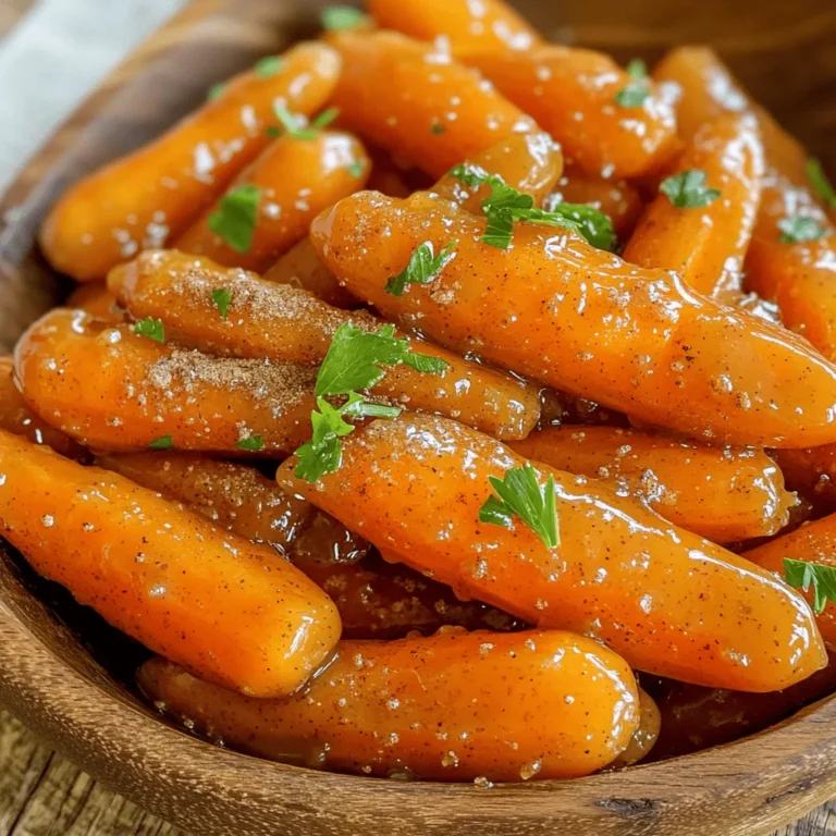 - 1 lb baby carrots, peeled - 3 tablespoons maple syrup - 2 tablespoons brown sugar - 2 tablespoons unsalted butter - 1/2 teaspoon cinnamon - Salt and pepper to taste - 1 tablespoon fresh parsley, chopped (for garnish) To make Maple Brown Sugar Glazed Carrots, gather your ingredients first. You need one pound of baby carrots, peeled to show their bright color. Then, grab three tablespoons of pure maple syrup. This syrup adds sweetness and depth to your dish. Next, use two tablespoons of brown sugar. This sugar enhances the caramel flavor in the glaze. You will also need two tablespoons of unsalted butter. This butter helps create a rich sauce that coats the carrots perfectly. Don't forget the cinnamon! Just half a teaspoon will bring warmth and a hint of spice. You may want to add salt and pepper to taste, which balance the sweetness. Finally, for a pop of color, chop one tablespoon of fresh parsley. This herb makes your dish look appealing and adds freshness. With these ingredients, you're ready to create a side dish that shines on any plate. Each bite of these glazed carrots offers a sweet and savory experience that everyone will love. Enjoy the process and savor these delightful flavors! To start, grab a medium pot and add 1 lb of baby carrots. Cover them with cold water, adding a pinch of salt. This helps to season the carrots while they cook. Now, place the pot on the stove over medium-high heat. Bring the water to a boil. Once it starts bubbling, lower the heat to medium. Let the carrots simmer for about 5 to 7 minutes. You want them tender but still crisp. After they are done, drain the carrots and set them aside. Next, let’s make the sweet glaze. In the same pot, add 2 tablespoons of unsalted butter. Then, pour in 3 tablespoons of maple syrup and 2 tablespoons of brown sugar. Turn the heat to medium and stir. Watch as the butter melts and the mixture begins to bubble. This is where the magic happens! Once it’s ready, it’s time to add the cooked carrots to the pot. Toss them gently to coat in the glaze. Now, let’s add some flavor! Sprinkle in 1/2 teaspoon of cinnamon, along with salt and pepper to taste. Mix everything well to ensure all the carrots are evenly coated. Cook for about 3 to 5 minutes more. Stir occasionally, watching for the glaze to thicken and caramelize slightly. You want the carrots to glisten and shine. Once done, remove the pot from the heat. Transfer the carrots to a serving dish and garnish with freshly chopped parsley. Enjoy your sweet and savory side dish! Using baby carrots makes this dish easy and quick. They are tender and sweet. Baby carrots need no cutting. Just peel and cook them. If you prefer regular carrots, peel and slice them into thin circles. This way, they cook evenly. Thin slices help them absorb the glaze better. You can adjust the sweetness based on your taste. If you want it sweeter, add more maple syrup or brown sugar. If you like it less sweet, use less. For a glossy finish, make sure to stir the glaze well. Keep the heat medium to avoid burning. A good stir helps coat each carrot evenly. Maple brown sugar glazed carrots pair well with many dishes. They go great with roasted meats or grilled chicken. For a vegetarian meal, serve them with quinoa or a fresh salad. To make your dish look fancy, garnish with fresh parsley. The green color brightens up the plate and adds flavor. {{image_2}} You can make this dish even better by adding flavors. Try adding minced garlic for a savory touch. The garlic pairs well with the sweetness. You can also mix in fresh herbs like thyme or rosemary. These herbs add depth to the dish. For a bright twist, try adding citrus zest. Lemon or orange zest gives a fresh taste that brightens the glaze. If you want to switch things up, you can use different sweeteners. Honey is a great alternative to maple syrup. It brings a nice floral note to the carrots. Agave syrup is another option. It has a mild flavor that works well in this dish. If you want something less common, try brown rice syrup. It adds a unique taste and is a fun twist on the classic recipe. You can easily make this recipe fit your diet. To make it vegan, simply swap out the butter for vegan butter or olive oil. This keeps the dish rich without using animal products. If you need it gluten-free, check your maple syrup. Most brands are gluten-free, but always read labels. Enjoy your glazed carrots without any worry! To store your glazed carrots, let them cool first. Place them in an airtight container. This helps keep them fresh. You can keep them in the fridge for up to four days. When it's time to reheat, I suggest using the stovetop method. This keeps the carrots crisp. Just add the carrots to a pan over medium heat. Stir them gently until they are warm. To avoid sogginess, do not add extra water. If they seem dry, add a tiny bit of butter or oil. This will help bring back the glaze's shine. Enjoy your perfectly reheated Maple Brown Sugar Glazed Carrots! Glazed carrots can last about 4 to 5 days in the fridge. Store them in an airtight container to keep them fresh. Make sure they cool down before sealing. If you notice any off smell or mold, it’s best to toss them. Yes, you can use frozen carrots. They are convenient and quick to use. However, fresh carrots provide a better texture and taste. Frozen carrots may be softer after cooking. If you use frozen, cook them briefly to avoid mushiness. To reheat glazed carrots, use a skillet over low heat. Stir them gently until warmed through. This keeps their flavor and texture intact. You can also microwave them in short bursts. Add a splash of water to keep them moist. This article showed you how to make delicious Maple Brown Sugar Glazed Carrots. We covered the simple ingredients and steps to prepare them. You learned tips for choosing the best carrots and making the glaze perfect. We even discussed fun variations and how to store leftovers. Enjoy making this easy, tasty dish that will impress everyone at your table. These carrots are great next to many meals. I hope you feel inspired to try this recipe!