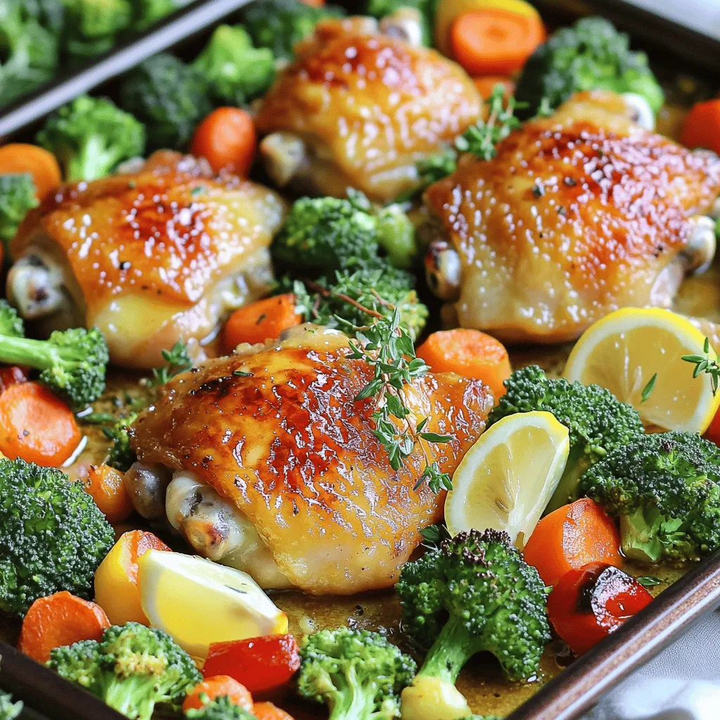 - 4 bone-in skin-on chicken thighs - 1/2 cup unsalted butter, melted - 6 cloves garlic, minced - 2 cups broccoli florets - 2 cups baby carrots - 1 red bell pepper, sliced - 1 tablespoon fresh thyme, chopped (or 1 teaspoon dried thyme) - 1 tablespoon olive oil - 1 teaspoon paprika - Salt and pepper to taste - Juice of 1 lemon - Additional spices or vegetables The main ingredients create a rich flavor. The chicken thighs give great taste and juicy texture. The butter and garlic mix adds depth. The veggies bring color and crunch to the dish. Thyme adds a fresh touch. Olive oil helps the veggies roast nicely. Paprika gives a warm kick. Salt and pepper enhance all the flavors. Lemon juice brightens the dish with a tangy note. Feel free to swap in other veggies like zucchini or asparagus. You can even try different spices to suit your taste. Use this list to gather everything you need before starting. Happy cooking! First, preheat your oven to 400°F (200°C). This step is key for cooking the chicken evenly. While the oven heats, grab your sheet pan. Make sure it’s clean and ready for the chicken and veggies. In a small bowl, mix melted butter, minced garlic, thyme, paprika, salt, and pepper. This garlic butter sauce packs a lot of flavor. Next, arrange the chicken thighs on the sheet pan, skin side up. Brush half of the garlic butter mixture over the chicken. This will keep the meat juicy and tasty. Now, take a separate bowl. Toss the broccoli, baby carrots, and sliced red bell pepper with olive oil, salt, and pepper. This helps the veggies roast well. Spread the seasoned vegetables around the chicken on the same sheet pan. Drizzle the remaining garlic butter mixture over the veggies. This adds flavor and ties the dish together. Place the pan in your preheated oven. Bake for 35-40 minutes. Check that the chicken reaches an internal temperature of 165°F (75°C) and is golden brown. During the last 5 minutes of cooking, squeeze fresh lemon juice over the chicken and veggies. This adds a bright, zesty finish. Remove the pan from the oven and let it rest for 5 minutes before serving. - Achieving crispy skin on chicken: Start with skin-on chicken thighs. Pat them dry with paper towels before seasoning. This helps the skin crisp up nicely. Brush the chicken with the garlic butter mix. Bake it skin side up for the best results. - Ensuring veggies are perfectly roasted: Cut the veggies into similar sizes to cook evenly. Toss them with olive oil, salt, and pepper. Spread them out on the sheet pan, leaving space between them. This allows air to circulate and helps them roast instead of steam. - Presentation ideas: Serve the chicken and veggies on a large platter. Add fresh herbs and lemon wedges for color. Drizzle the pan juices over the dish to enhance flavor. - Complementary side dishes: Pair this dish with rice, quinoa, or a light salad. These sides balance the meal and add variety to your plate. - Prep and store options: You can prep the chicken and veggies a day ahead. Keep them in the fridge in separate containers. Just add the garlic butter mix before baking. - Reheating tips: To reheat, use the oven for the best results. Preheat to 350°F (175°C). Bake for about 15-20 minutes. This keeps the chicken juicy and the skin crispy. {{image_2}} You can switch up the veggies in this dish. Try using: - Cauliflower florets - Zucchini slices - Green beans These options bring fresh flavors and textures. If you want to change the protein, consider these choices: - Chicken breasts for a leaner option - Firm tofu for a vegetarian twist These swaps can make the dish fit your taste. To enhance the dish, add more spices. Here are some ideas: - Italian herbs for an aromatic touch - Chili flakes for heat You can also adjust ingredient amounts. For example, add more garlic if you love its flavor. Or, reduce butter for a lighter dish. This meal works great for meal prep. Divide the chicken and veggies into containers. They make a quick lunch during the week. You can also serve it with different grains. Try: - Quinoa for a nutty flavor - Brown rice for added texture These additions can make your meal more filling. Enjoy exploring new ways to serve this dish! To store leftovers, let the dish cool first. Place the chicken and veggies in an airtight container. This keeps them fresh and tasty. In the fridge, they last for about three to four days. Make sure to label the container with the date for easy tracking. If you want to freeze this meal, use freezer-safe bags or containers. Remove as much air as you can. This helps prevent freezer burn. The dish can stay frozen for up to three months. When you're ready to eat, thaw it in the fridge overnight. This slow thawing keeps flavors intact. For reheating, you can use the microwave or the oven. Microwaving is quick but may make the chicken less crispy. If you want that crunchy skin, use the oven. Preheat it to 350°F (175°C) and reheat for 15-20 minutes. This method helps maintain flavor and texture. Enjoy your meal just like it was fresh! Yes, you can use boneless chicken thighs. They cook faster than bone-in thighs. Reduce the baking time to 25-30 minutes. Check them at 25 minutes to ensure they are done. The chicken should still reach 165°F (75°C). You can swap the veggies based on your taste. Here are some great options: - Zucchini - Bell peppers (other colors) - Green beans - Cauliflower - Asparagus Feel free to mix and match your favorites! To check for doneness, look for these signs: - The chicken skin should be golden brown and crispy. - The juices should run clear when pierced. - Use a meat thermometer. The internal temperature must reach 165°F (75°C). These tips ensure your chicken is cooked perfectly! Yes, you can prep this dish ahead. Here’s how: - Marinate the chicken in the garlic butter mix up to 24 hours in advance. - Chop the veggies a few hours before cooking. - Store them in the fridge until you’re ready to bake. Cook it fresh right before serving for the best taste! This recipe brings together simple ingredients and clear steps. You start with juicy chicken, fresh herbs, and colorful veggies. Baking them together makes a tasty meal that's easy to share. Remember to store any leftovers properly to keep the flavor. You can even change up the ingredients for variety. Explore different spices and techniques. Enjoy cooking and sharing this dish with others. It’s all about delicious food and happy moments together.