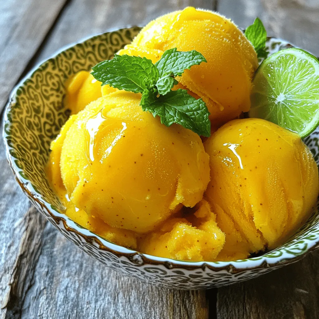 - 3 ripe mangoes, peeled and diced - 1/2 cup fresh lime juice (about 4 limes) - 1/2 cup sugar (adjust according to sweetness of mangoes) - 1 cup water - 1/2 teaspoon ground chili powder (or to taste) - Pinch of salt Mango chili lime sorbet bursts with sweet and zesty flavors. The ripe mangoes are the star. Choose mangoes that are soft to the touch and smell sweet. They add a rich, fruity base. Fresh lime juice gives the sorbet its bright tang. The sugar balances the tartness. Adjust it based on how sweet your mangoes are. Water helps blend everything smoothly. The chili powder adds a kick. Just a pinch will do, but taste as you go. A small pinch of salt enhances all the flavors. - Fresh mint leaves - Additional lime slices Garnishing adds a fun touch. Fresh mint leaves give a burst of color and flavor. Lime slices look pretty and add extra zest. You can serve the sorbet in bowls or even in halved lime shells for a special twist. - First, take a medium saucepan. - Add 1/2 cup of sugar and 1 cup of water. - Heat it over medium heat. - Stir until the sugar fully dissolves. - Remove the pan from heat and let it cool to room temperature. - Now, grab your blender. - Add 3 ripe mangoes, peeled and diced. - Squeeze in 1/2 cup of fresh lime juice. - Sprinkle in 1/2 teaspoon of chili powder and a pinch of salt. - Blend everything until it is smooth and creamy. - Pour the cooled sugar syrup into the blender with the mango mix. - Blend again until it is fully combined. - Taste it and adjust the chili powder if you want more spice. - Next, pour the mixture into a shallow dish or your sorbet maker. - If using a shallow dish, place it in the freezer. - Stir the mixture every 30 minutes for about 3-4 hours. - This will make it smooth and ready to scoop. - If you use a sorbet maker, follow the instructions that come with it. To get a great texture, you must stir the mixture while it freezes. This step helps break up ice crystals. Stir every 30 minutes for about 3-4 hours. This keeps your sorbet smooth. If you forget to stir, your sorbet may turn icy. Avoiding ice crystals is key. Use a shallow dish for freezing. This allows the mixture to freeze faster and more evenly. If you have a sorbet maker, use it! It can help create a creamier texture. Taste is everything when adding chili powder. Start with a little and adjust to your liking. Remember, you can always add more, but you can't take it out! Balancing sweetness and spiciness is important. The sugar helps tame the heat from the chili. So, if it’s too spicy, add a bit more sugar. Get creative with how you serve your mango chili lime sorbet. You can scoop it into bowls and garnish with fresh mint leaves. This adds color and flavor. You can also serve it in halved mango skins for a fun twist! Pair it with other desserts like brownies or coconut cake. The sorbet's bright flavors can balance rich desserts. You could also serve it with sparkling water or a fruity drink for a refreshing treat! {{image_2}} You can make this sorbet even better by adding other fruits. Pineapple brings a tropical flair. Oranges add brightness and sweetness. You can mix and match to find your favorite blend. Using frozen mangoes is also a great option. They are often picked at peak ripeness. This means they can taste just as good as fresh mangoes. Plus, they can make your sorbet extra cold and refreshing. If you want to change the sweetness, try honey or agave. They add unique flavors and can be healthier options. Just use the same amount as the sugar in the recipe. If you use different natural sweeteners, adjust to taste. Some sweeteners are stronger than sugar. Keep tasting until you get the flavor you love. You can easily make this sorbet vegan. The recipe is already dairy-free, so you are halfway there! Just check your sweetener to ensure it fits your diet. For a low-calorie option, use less sugar or a low-calorie sweetener. This keeps the delicious flavor while making it lighter. Lastly, this recipe is gluten-free. All the ingredients are safe for those avoiding gluten. Enjoy this treat without worry! To keep your mango chili lime sorbet fresh, store it in the freezer. This helps maintain its firmness. Use an airtight container or a shallow dish. These options prevent ice crystals from forming, keeping the texture smooth. You can also wrap the dish tightly with plastic wrap. This extra layer keeps air out and helps with storage. For the best taste, consume your sorbet within one month. After this time, it can lose flavor and texture. Look for signs of spoilage, like ice crystals on the surface or a change in color. If it smells off or has a grainy texture, it’s time to toss it. Yes, you can refreeze sorbet. If it becomes too hard, let it sit at room temperature for a few minutes. This softens it up. You can also stir it gently to break up any ice crystals. This way, you restore some of the creamy texture you love. Mango chili lime sorbet is a frozen treat. It combines ripe mangoes, fresh lime juice, and a hint of chili. The sorbet has a sweet and tangy flavor. The chili powder adds a spicy kick. This dessert is smooth and refreshing, perfect for hot days. Yes, you can make sorbet without a blender. You can mash the mangoes with a fork. Then mix in lime juice, sugar, and chili powder by hand. Use a whisk to combine well. This method takes longer but still works. You can find mango chili lime sorbet at many local shops. Look in ice cream parlors or specialty grocery stores. Some supermarkets may carry it in the frozen aisle. If you prefer online shopping, check delivery services or gourmet food websites. Mango chili lime sorbet can be a healthy treat. Mangoes are rich in vitamins A and C. Lime juice adds more vitamin C and can aid digestion. The sweetness comes from sugar, so adjust it to your taste. Enjoy this sorbet in moderation for a balanced diet. Mango chili lime sorbet is refreshing and fun to make. You now know the key ingredients, step-by-step instructions, and helpful tips for the best texture. Remember to adjust spice to your liking and try fun variations. This sorbet is perfect for hot days or gatherings. With simple storage tips, you can keep it fresh and tasty. Get creative with serving ideas to impress everyone. Enjoy making and sharing this delicious treat!