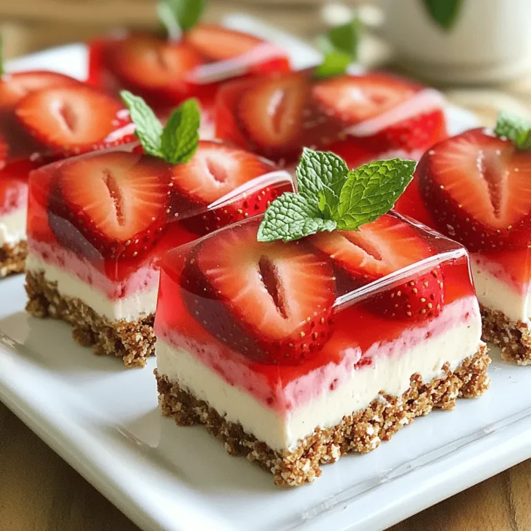 - 1 ½ cups pretzel crumbs - ½ cup unsalted butter, melted - ¼ cup brown sugar - 2 (8 oz) packages cream cheese, softened - 1 cup granulated sugar - 1 teaspoon vanilla extract - 2 large eggs - 1 cup sour cream - 2 cups fresh strawberries, hulled and sliced - 1 cup strawberry gelatin powder - 1 ¼ cups boiling water The crust of these bars uses pretzel crumbs. They add a nice salty crunch. Mixing them with melted butter and brown sugar makes a sweet base. The cream cheese filling is rich and creamy. You blend it with sugar and vanilla for flavor. Adding eggs helps it set perfectly when baked. Sour cream gives it a nice tang and creaminess. Fresh strawberries are key for that fruity topping. You mix them with strawberry gelatin. The boiling water helps dissolve the gelatin. This mixture adds a bright, sweet layer on top. - Whipped cream for topping - Mint leaves for garnish Whipped cream can add a creamy touch on top. Mint leaves give a fresh look and taste. They make your bars feel fancy and special. - Preheat your oven to 350°F (175°C). - Make the crust by combining pretzel crumbs, melted butter, and brown sugar. To start, you want your oven warm. Preheating helps the crust set just right. While it warms up, mix the pretzel crumbs, melted butter, and brown sugar in a bowl. Make sure it blends well. This mixture gives a sweet and salty flavor, which is key to this recipe. Press the crust mixture into the bottom of a 9x9 inch baking dish evenly. After that, bake it for 10 minutes. When it’s done, let it cool while you work on the filling. - Beat cream cheese until creamy, then add sugar and vanilla. - Incorporate eggs one at a time, followed by sour cream. Now, grab a large bowl and beat the softened cream cheese with an electric mixer. You want it nice and creamy. Once it’s smooth, add the granulated sugar and vanilla extract. Mix those in until smooth again. Next, add the eggs. Do this one at a time and mix well after each egg. Finally, fold in the sour cream. This adds richness and a lovely texture to your filling. - Pour the filling over the crust and bake for 25-30 minutes. - Let the cheesecake cool on a wire rack before adding topping. Pour this creamy filling over your cooled pretzel crust. Spread it evenly. Now, bake in the oven for 25-30 minutes. You’ll know it’s ready when the edges are set, but the center should still jiggle a bit. After baking, let the cheesecake cool on a wire rack. This cooling step is important for the topping to stick well. - Dissolve strawberry gelatin in boiling water and mix with sliced strawberries. - Pour the topping over the cooled cheesecake and refrigerate. To make the topping, dissolve the strawberry gelatin powder in 1 ¼ cups of boiling water. Stir until it’s all mixed. Let it cool for a bit. Then, add the sliced strawberries to the gelatin mixture. Once your cheesecake has cooled to room temperature, pour this fruity topping over it. After that, refrigerate the bars for at least 4 hours. For the best taste, leave them overnight if you can. - Use finely crushed pretzel crumbs for best results. They give a nice crunch. - Ensure the crust is cool before adding the cheesecake layer. This keeps layers from mixing. - Avoid overmixing the cheesecake filling to keep it light and fluffy. - Bake until the center still has a slight jiggle. This means it’s creamy, not overcooked. - Chill in the fridge overnight for enhanced flavor. It allows the tastes to meld well. - Serve with fresh strawberries or whipped cream on top. This adds a nice touch to your dessert. {{image_2}} You can change up the flavors of these bars in fun ways. - Mixed Berries: Instead of using only strawberries, try mixed berries. This gives a nice fruit medley taste. - Different Gelatin Flavors: Swap strawberry gelatin for raspberry or peach. This adds a unique twist to each bite. You can also adjust the recipe for different diets. - Gluten-Free Option: Use gluten-free pretzels for a gluten-free version. This way, everyone can enjoy the treat. - Lighter Version: Choose low-fat cream cheese and sugar alternatives. This keeps the taste but makes it lighter for those watching their intake. These variations help everyone enjoy Strawberry Pretzel Cheesecake Bars their way! Store any leftover bars in an airtight container in the fridge. They will stay fresh for up to 5 days. If you want to keep them longer, you can freeze the bars for up to 3 months. Just remember to thaw them before serving to enjoy their full flavor. You do not need to reheat these bars. They taste best when served chilled. If you freeze them, allow the bars to thaw in the fridge before enjoying. This keeps the texture and flavor just right. Yes, they can be made a day ahead and stored in the fridge. This makes them ideal for gatherings. Just remember to cover them well to keep them fresh. Use a sharp knife and clean it between cuts for neat slices. This will help keep each bar intact. A little patience goes a long way here! Yes, consider drizzling chocolate sauce or adding nuts for extra flavor. You can also use whipped cream or fresh berries for a fun twist. Get creative with your toppings! You can use mascarpone cheese or a dairy-free cream cheese alternative. Both work well in this recipe and keep the texture creamy. Baking helps set the filling; skipping it may result in a runny texture. If you want a firmer bar, don’t skip this step! Strawberry Pretzel Cheesecake Bars are a tasty treat that blends sweet and salty. We covered the required ingredients, from pretzel crumbs to fresh strawberries. The step-by-step process ensures a smooth bake. You can customize your dessert with variations or store leftovers easily. Remember, chilling enhances the flavor. Enjoy sharing these bars with friends and family. Your time in the kitchen will be worth it when everyone loves the results!