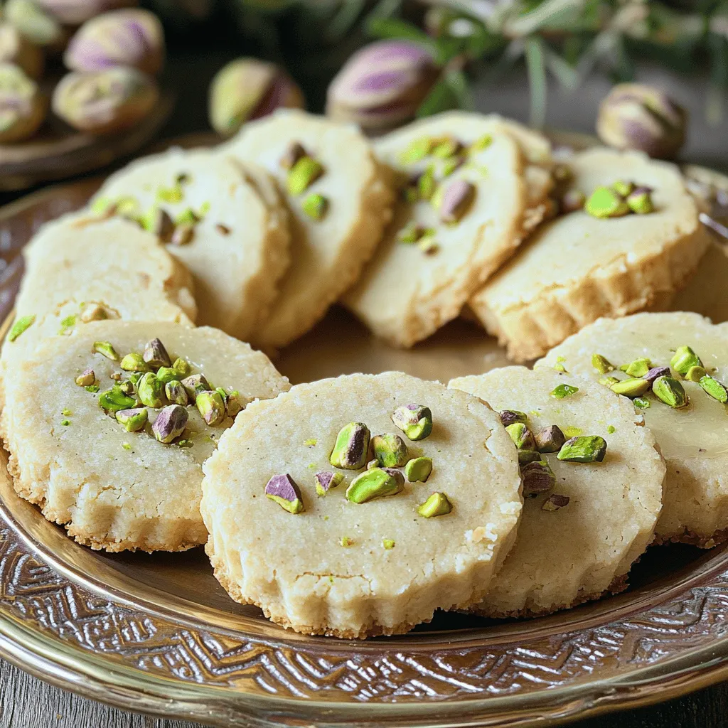Here’s what you will need to make Pistachio Rosewater Shortbread: - 1 cup unsalted butter, softened - ½ cup powdered sugar - 2 cups all-purpose flour - ½ cup ground pistachios - 1 teaspoon vanilla extract - 1 tablespoon rosewater - ¼ teaspoon salt - Extra ground pistachios for garnish Each ingredient plays a role in creating that melt-in-your-mouth texture. The unsalted butter gives a rich base, while powdered sugar adds sweetness. All-purpose flour helps bind everything together, and ground pistachios enhance flavor and crunch. Vanilla extract adds warmth, and rosewater provides a lovely floral note. The salt balances the sweetness and brings out the flavors. Finally, you can sprinkle extra ground pistachios on top for an appealing finish. 1. Preheat your oven to 350°F (175°C) and line a baking sheet with parchment paper. 2. In a large bowl, cream together the softened butter and powdered sugar. Mix until it is light and fluffy. This step creates a nice base for your cookies. 1. Slowly add the all-purpose flour and ground pistachios into the butter mixture. Mix gently until just combined. 2. Then, add the vanilla extract, rosewater, and salt. Stir until a soft dough forms. This dough will have a fragrant and nutty aroma. 3. Transfer the dough to a floured surface. Shape it into a log about 2 inches in diameter. Wrap the log in plastic wrap and refrigerate for about 30 minutes to firm up. Chilling helps the cookies keep their shape while baking. 1. Once chilled, slice the log into ½-inch thick rounds. Place them on the prepared baking sheet. 2. Sprinkle a little extra ground pistachios on top of each cookie for a nice touch. 3. Bake in the preheated oven for 12-15 minutes or until the edges are lightly golden. Watch them closely, as oven times can vary. These steps will guide you to create delightful Pistachio Rosewater Shortbread cookies. Enjoy the process! - Use chilled butter for a flaky texture. Cold butter helps create a light, airy shortbread. If your butter is warm, the dough can become greasy and dense. - Don’t over-mix the dough. Mix just until combined. Over-mixing can lead to tough cookies. You want the dough to be soft and easy to handle. - Adjust sugar based on personal sweetness preference. Some like their cookies sweeter, while others prefer a hint of salt. Start with the recipe and tweak as needed. - Experiment with rosewater for intensity of flavor. Rosewater can vary in strength. Start with one tablespoon and add more if you want a stronger taste. A little can go a long way! {{image_2}} You can make these shortbread even better with simple tweaks. Try adding a touch of lemon zest for a bright, citrusy kick. This twist brings a refreshing flavor that pairs well with the rosewater. Another option is to mix in chopped dried rose petals. This will enhance the floral notes and make the cookies look lovely. The petals add a pop of color and extra aroma. If you need a gluten-free option, swap the all-purpose flour for gluten-free flour. This change keeps the texture nice while making it suitable for everyone. For a dairy-free treat, use coconut oil instead of butter. It adds a subtle coconut flavor and keeps the cookies rich and tasty. Both options let more people enjoy your delicious Pistachio Rosewater Shortbread. To keep your Pistachio Rosewater Shortbread fresh, store the cookies in an airtight container at room temperature. This helps maintain their crisp texture and delicious flavor. If you want them to last longer, refrigerate the cookies. This can extend their freshness for a week or more. You can freeze unbaked dough for future baking. Simply shape the dough into a log, wrap it in plastic, and place it in the freezer. When you're ready to bake, thaw the dough in the refrigerator overnight. Then, slice and bake as usual. This way, you can enjoy freshly baked cookies anytime! Typically, they last up to two weeks when stored properly. To keep them fresh, place the cookies in an airtight container. Store them at room temperature away from direct sunlight. This way, you can enjoy their rich flavor and buttery texture for days. Yes, almonds or walnuts can be used as substitutes for pistachios. If you pick almonds, chop them finely for a similar crunch. Walnuts add a nice earthy flavor. Both options work well in this shortbread. Feel free to try your favorite nuts and see what you like best. While it adds a unique flavor, you can experiment with other extracts or omit it altogether. If you don’t have rosewater, try vanilla or almond extract instead. Both will give your cookies a nice taste. You can even skip the extract and focus on the nuts. The cookies will still be delicious! These Pistachio Rosewater Shortbread cookies are easy and fun to make. You start with simple ingredients like butter, flour, and pistachios. Follow the steps to shape and bake, and you’ll have a delicious treat. Remember to adjust for your taste and try different flavors or nuts. Store them properly to keep them fresh. Enjoy baking, and share these delightful cookies with friends and family. You’ll love how they taste and look!