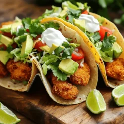 - 2 chicken breasts, cut into bite-sized pieces - 2 tablespoons chipotle powder - 1 teaspoon garlic powder - 1 teaspoon smoked paprika - 1/2 teaspoon cumin - Salt and pepper to taste - 1 cup all-purpose flour (or gluten-free flour) - 1 large egg, beaten - 1 cup panko breadcrumbs - 8 small corn tortillas - 1 cup shredded lettuce - 1 avocado, sliced - 1 cup diced tomatoes - 1/2 cup sour cream or Greek yogurt - Fresh cilantro for garnish - Lime wedges for serving The main ingredients in these tacos are simple yet full of flavor. The chicken breasts form the base of the recipe. Cut them into bite-sized pieces for easy cooking and eating. Chipotle powder adds a nice kick. The garlic powder, smoked paprika, and cumin enhance the chicken's taste. You can season to your liking with salt and pepper. You will also need corn tortillas to hold your tasty filling. These soft tortillas complement the crispy chicken perfectly. Toppings like shredded lettuce, avocado, and diced tomatoes add freshness. A dollop of sour cream or Greek yogurt gives a creamy finish. Fresh cilantro and lime wedges are great for garnishing and adding zest. - Gluten-free flour alternatives - Additional toppings and garnishes If you want gluten-free tacos, you can use alternatives for the flour. Options include almond flour or coconut flour. They work well for breading. You can also add various toppings. Consider sliced jalapeños for heat or corn for sweetness. These additions can make your tacos even more exciting. Feel free to get creative with the toppings. Every choice can change the taco's flavor. This way, you can make each taco unique to your taste! - Seasoning the chicken Start by cutting the chicken breasts into bite-sized pieces. In a bowl, mix 2 tablespoons of chipotle powder, 1 teaspoon of garlic powder, 1 teaspoon of smoked paprika, 1/2 teaspoon of cumin, salt, and pepper. Add the chicken pieces to this mix. Stir well to coat each piece evenly. - Setting up the breading station Prepare your breading station. Place 1 cup of all-purpose flour in one bowl. In another bowl, pour 1 large beaten egg. In a third bowl, add 1 cup of panko breadcrumbs. This setup will help you create a crispy crust on the chicken. - Breading the chicken pieces Take each seasoned chicken piece. First, dip it into the flour. Shake off any extra flour. Next, dunk it into the beaten egg. Finally, roll it in the panko breadcrumbs. Make sure each piece is well-covered. This coating gives the chicken a great crunch. - Frying instructions for crispy texture Heat oil in a large skillet over medium heat. You want enough oil to cover the bottom, about 1/4 inch deep. Once the oil is hot, carefully add the breaded chicken pieces in batches. Avoid overcrowding the pan. Fry the chicken for about 4-5 minutes on each side. Look for a golden brown color. Once done, drain the pieces on paper towels. - Warming the tortillas While the chicken fries, warm the corn tortillas in a dry skillet over medium heat. Toast each side for about 30 seconds. This keeps the tortillas soft and pliable. - Filling and garnishing To assemble your tacos, take a warm tortilla. Add some crispy chipotle chicken pieces. Next, pile on shredded lettuce, avocado slices, and diced tomatoes. Top it off with a dollop of sour cream or Greek yogurt and sprinkle fresh cilantro. Don’t forget to serve with lime wedges on the side for a zesty kick! To get that perfect crispiness, focus on your breading technique. Start with dry chicken. Use one hand for the flour and the other for the egg and breadcrumbs. This keeps your hands clean and helps the coating stick better. For frying, I recommend using oils with high smoke points like canola or peanut oil. These oils heat quickly and give a nice crunch. Keep the oil hot, but not smoking. If it's too cool, your chicken will soak up oil and become soggy. To amp up the flavor, consider adding more spices. Try cayenne for heat or onion powder for sweetness. You can also mix in some dried herbs like oregano for a fresh twist. To deepen the chipotle flavor, let the chicken marinate in the spices for at least 30 minutes. This allows the seasoning to soak in. For a smoky taste, add a splash of liquid smoke to the marinade. Pair your tacos with fresh sides. A simple corn salad or black beans adds color and flavor. For drinks, a light beer or a refreshing limeade complements the spicy chicken well. When serving, arrange the tacos on a colorful platter. This makes them inviting. Garnish with lime wedges and extra cilantro for a bright finish. Enjoying the meal becomes an experience! {{image_2}} You can make these tacos lighter. Instead of frying, try baking the chicken. Preheat the oven to 425°F. Place the breaded chicken on a baking sheet. Bake for 20-25 minutes, flipping halfway. This method cuts down on oil and calories. If you need a vegan version, swap the chicken for tempeh or tofu. Cut it into bite-sized pieces. Use the same spices for flavor. Replace the egg with a flax egg or a plant-based milk for the breading. Change up the spices to find your favorite taste. Instead of chipotle powder, try smoked paprika or chili powder. You can add cayenne for heat or oregano for a twist. Toppings can also change the game. Try adding pickled red onions for tang or jalapeños for spice. Fresh mango salsa can add a sweet touch. Get creative and mix different toppings to make each taco unique! To store leftover tacos, you want to keep them fresh. Start by separating the chicken filling from the tortillas and toppings. This helps keep everything crispy and tasty. Place the chicken in an airtight container. You can use glass or plastic containers with tight lids. For the tortillas, wrap them in plastic wrap or foil. Store everything in the fridge. Try to eat leftovers within 2 days for the best flavor. When reheating, aim to keep that crispy texture. The best method is to use an oven. Preheat it to 375°F (190°C). Place the chicken on a baking sheet and heat for about 10 minutes. This will make it warm and crisp again. If you need to reheat tortillas, use a skillet. Heat them over medium heat for about 20 seconds on each side. This will revive their softness without making them tough. Enjoy your tacos just like you made them! You can use smoked paprika for a milder spice. It adds a nice flavor. Cayenne pepper is great for heat, but use a little less. If you want a different taste, try chili powder. You can mix it with garlic powder for a tasty blend. Yes, you can prep the chicken in advance. Season it and store it in the fridge. Bread the chicken a few hours before frying. This keeps it fresh and tasty. Store the cooked chicken in an airtight container. Reheat it in the oven to keep it crispy. To make these tacos gluten-free, swap all-purpose flour for gluten-free flour. You can use rice flour or almond flour too. When breading, ensure your panko breadcrumbs are gluten-free. Look for brands that specify this on the label. In this post, we covered how to make crispy chicken tacos. You learned about key ingredients like chicken breasts and seasonings. I shared easy steps for preparing, breading, and frying the chicken. Tips helped you achieve perfect crispiness and delicious flavors. We also explored healthier options and how to store leftovers. Tacos are fun to make and enjoy together. I hope you feel ready to try these tasty recipes! Happy cooking!