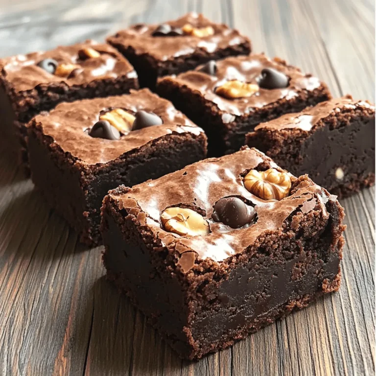 Here are the ingredients you need to make chocolate espresso brownies. Each item plays a key role in creating rich flavor and texture. - 1 cup unsalted butter (2 sticks) - 2 cups granulated sugar - 4 large eggs - 2 teaspoons vanilla extract - 1 cup all-purpose flour - 1 cup unsweetened cocoa powder - 1 teaspoon baking powder - 1 teaspoon salt - 1 tablespoon instant espresso powder - 1 cup dark chocolate chips - 1/2 cup chopped walnuts or pecans (optional) - Unsalted butter: It adds moisture and richness. Using unsalted allows you to control the salt level. - Granulated sugar: This sweetens the brownies and helps form that nice, shiny crust. - Eggs: They bind the ingredients and add fluffiness. - Vanilla extract: It enhances the overall flavor, making the brownies more delicious. - All-purpose flour: This gives structure to the brownies. - Cocoa powder: It provides the deep chocolate flavor we love. - Baking powder: It helps the brownies rise slightly for a better texture. - Salt: A little salt boosts the sweetness and flavor. - Instant espresso powder: This gives a coffee kick, enhancing the chocolate flavor. - Dark chocolate chips: They create gooey pockets of chocolate in every bite. - Chopped walnuts or pecans: These add crunch and a nutty flavor, but they're optional. Gathering these ingredients will set you up for success. Each one plays a vital role in making your brownies rich and indulgent. 1. Preheat your oven to 350°F (175°C). Grease a 9x13-inch baking pan or line it with parchment paper. This makes it easy to lift the brownies out later. 2. In a medium saucepan, melt 1 cup of unsalted butter over low heat. Once melted, take it off the heat. Stir in 2 cups of granulated sugar until mixed well. 3. Next, add 4 large eggs, one at a time. Mix well after each egg. Then, stir in 2 teaspoons of vanilla extract. This will add a lovely flavor. 1. In a separate bowl, whisk together 1 cup of all-purpose flour, 1 cup of unsweetened cocoa powder, 1 teaspoon of baking powder, 1 teaspoon of salt, and 1 tablespoon of instant espresso powder. This mix gives the brownies their rich taste. 1. Slowly add the dry mix into the wet mix. Stir gently until just combined. Be careful not to overmix. 2. Fold in 1 cup of dark chocolate chips and, if you like, 1/2 cup of chopped walnuts or pecans. This adds great texture. 1. Pour the brownie batter into your prepared pan. Spread it evenly with a spatula. 2. Bake in the preheated oven for 25-30 minutes. Check with a toothpick. It should come out with a few moist crumbs, not wet batter. 1. Let the brownies cool in the pan for at least 15 minutes. Then, move them to a wire rack to cool completely. 2. Once cooled, cut them into squares. Enjoy your rich, fudgy chocolate espresso brownies! To get the best brownies, you must not overmix the batter. Overmixing adds too much air and can make your brownies cakey. You want a rich, fudgy texture. Mix just until the dry and wet ingredients blend together. The ideal baking time for fudgy brownies is about 25 to 30 minutes at 350°F. Check them with a toothpick. You want a few moist crumbs on the toothpick, not wet batter. Too much baking can dry them out. If you love coffee, add more espresso powder. You can also use brewed coffee instead of water in the batter. This adds depth to the chocolate flavor. Pair your brownies with whipped cream for a creamy touch. Ice cream is another great option. Vanilla or coffee ice cream works well. You can also sprinkle some sea salt on top for a salty contrast. Serve your brownies warm for a gooey texture. You can warm them in the microwave for a few seconds if they cool down. For a great presentation, cut the brownies into neat squares. Place them on a fancy plate. You can add a dollop of whipped cream or a scoop of ice cream on the side. This makes your dessert look inviting and delicious. {{image_2}} You can easily make these brownies nut-free. Simply skip the chopped walnuts or pecans. This keeps the rich flavor while making it safe for those with nut allergies. You can also add a bit more chocolate chips to enhance the taste. This small change keeps the texture nice and fudgy. To turn these brownies into a vegan delight, swap out the butter and eggs. Use 1 cup of coconut oil instead of butter. For eggs, mix 1 tablespoon of ground flaxseed with 2.5 tablespoons of water. Let it sit for five minutes to thicken. This mix acts like an egg and gives structure to your brownies. You will still enjoy the rich chocolate flavor without any animal products. If you need gluten-free brownies, replace all-purpose flour with almond flour or gluten-free flour. Almond flour gives a moist texture, while gluten-free flour offers a similar feel to regular brownies. Just be sure to check the flour blend for added starches. This way, you still get the same delicious taste without the gluten. To keep your brownies fresh, place them in an air-tight container. This method prevents them from drying out. If you have leftovers, you can also wrap them tightly in plastic wrap before placing them in the container. For longer storage, consider refrigeration. Place the brownies in an air-tight container, and they will stay fresh for about a week. You can also freeze brownies. Cut them into squares and wrap each piece in plastic wrap. Then, put them in a freezer-safe bag or container. At room temperature, brownies stay fresh for 3 to 4 days. If you store them in the fridge, they can last up to a week. However, the texture may change slightly in the fridge. Freezing extends their shelf life to about 3 months. Just remember to thaw them before enjoying for the best taste. To reheat brownies, use the oven for even warmth. Preheat it to 350°F (175°C). Place brownies on a baking sheet and cover them with foil. Heat for about 10 minutes. This method keeps them moist and fudgy. You can also use the microwave if you are in a hurry. Heat a brownie for about 10 to 15 seconds. Be careful not to overheat, or they will dry out. Enjoy your rich chocolate espresso brownies warm! Yes, you can use instant coffee. It will add some coffee flavor. However, espresso powder gives a stronger taste. If you want a richer flavor, stick with espresso. To boost the chocolate flavor, add extra chocolate chips. You can also use dark cocoa instead of regular cocoa. This change adds depth and richness. Try both options for a delicious twist. If your brownies are too cakey, you may have overmixed the batter. Mix just until combined. You can also add an extra egg yolk for moisture. This will make them richer and fudgier. Absolutely! Adding flavors like peppermint or orange zest can be fun. You can use peppermint extract or fresh zest. Start with a little and taste as you go. I recommend using semi-sweet or dark chocolate. Semi-sweet gives a nice balance of sweetness. Dark chocolate adds a deeper flavor. Use what you love for the best results. These brownies pair well with coffee or vanilla ice cream. A scoop of whipped cream also works great. For drinks, try a cold glass of milk or a cappuccino. Enjoy your sweet treat! We covered how to make delicious brownies using simple ingredients and clear steps. I shared tips to get the best texture and flavor, plus ideas for fun variations. Remember, you can customize your brownies to fit different diets and preferences. Storing and reheating them properly keeps them tasting great! Enjoy baking these treats and experiment with what you like. Your perfect brownie awaits!