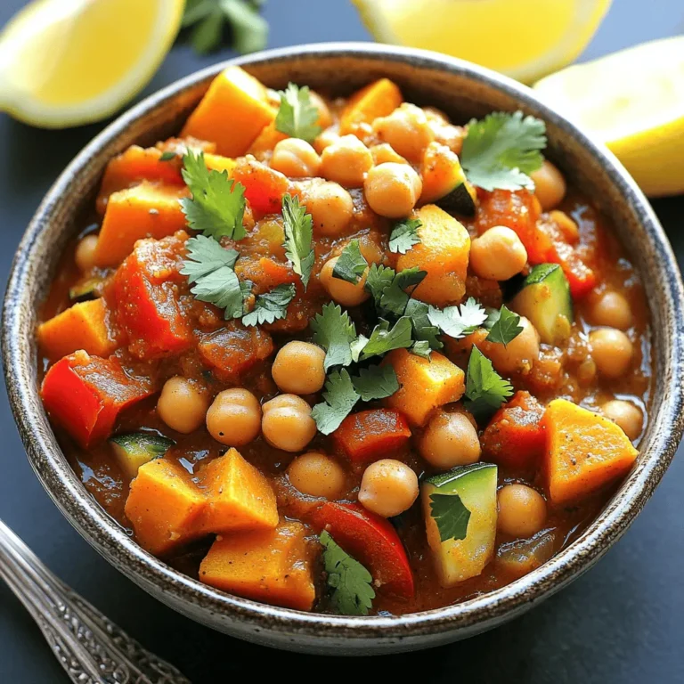 - 1 can (15 oz) chickpeas, drained and rinsed - 1 large onion, chopped - 2 cloves garlic, minced - 1 medium sweet potato, diced - 1 red bell pepper, chopped - 1 zucchini, chopped Chickpeas are the star of this stew. They add protein and a creamy texture. Onions and garlic create a strong base. Sweet potatoes add sweetness and heartiness. Red bell peppers and zucchini bring color and crunch. - 1 tablespoon ground cumin - 1 tablespoon ground coriander - 1 teaspoon ground cinnamon - 1 teaspoon turmeric - ½ teaspoon cayenne pepper (adjust for spice preference) - 2 cups vegetable broth - 2 tablespoons olive oil The spices give this stew a warm, inviting taste. Cumin and coriander are key for that classic Moroccan flavor. Cinnamon adds depth, while turmeric brings a lovely color. Cayenne pepper gives it a kick, but you can adjust it. Olive oil adds richness and helps blend all the flavors. - Fresh cilantro or parsley - Lemon wedges Fresh herbs brighten up each bowl. Cilantro or parsley adds a fresh touch. Lemon wedges let you add a zesty burst to each bite. This stew is perfect with crusty bread or over fluffy couscous. Start by adding the chopped onion and minced garlic to the bottom of your slow cooker. This creates a fragrant base that will infuse the stew with great flavor. Next, layer the diced sweet potato, chopped bell pepper, and zucchini right over the onion and garlic. This mix of veggies not only adds color but also texture. Now rinse the canned chickpeas under cold water. This step helps remove excess salt. Add the rinsed chickpeas on top of the veggie layers. Then, pour in the can of diced tomatoes, juices included. The tomatoes will help create a nice sauce for the stew. In a separate bowl, mix together the vegetable broth with ground cumin, coriander, cinnamon, turmeric, cayenne pepper, salt, and pepper. Stir it well to blend the spices. Pour this spiced broth mixture over the ingredients in the slow cooker. It should cover everything nicely. Finally, drizzle the olive oil over the top to add richness and depth of flavor. Cover the slow cooker and set it to cook on low for 6-8 hours or high for 4-5 hours. This slow cooking helps meld all the flavors together. After the cooking time, check for doneness. The vegetables should be tender and the stew should smell amazing. If needed, adjust the seasoning before serving. How to adjust spice levels To change spice levels, start with less cayenne pepper. Taste the stew after cooking. If you want more heat, add a bit more cayenne. You can also use hot sauce at the end. Varying cook times based on slow cooker models Each slow cooker cooks a bit differently. Check your stew for doneness after about six hours on low. If your cooker is faster, it may be done sooner. If it’s slower, it may need more time. Always trust your taste buds! Additional spices and herbs to consider You can add more spices for a deeper flavor. Try some smoked paprika or ginger. Fresh herbs like thyme or mint can also add a nice touch. Mix and match to find your favorite blend. Suggestions for umami boosters To boost umami, add a tablespoon of soy sauce or miso paste. These add a savory depth to your stew. You can also include a splash of balsamic vinegar for extra richness. Serving suggestions and pairings Serve the stew over fluffy couscous or rice for a filling meal. You can also pair it with warm, crusty bread. A side salad with lemon vinaigrette brightens the meal. Creative garnish options Garnish each bowl with fresh cilantro or parsley. Add a sprinkle of toasted sesame seeds for crunch. A squeeze of lemon juice right before eating enhances the flavors wonderfully. {{image_2}} You can customize your stew with different vegetables. Try using carrots or eggplant. These veggies add unique flavors and textures. If you want a new twist, swap chickpeas for lentils or black beans. Each bean brings its own taste and texture, making your stew special. To make the stew vegan, ensure your broth is plant-based. The current recipe is already vegan friendly. If you need it gluten-free, check your vegetable broth. Most are gluten-free, but it's good to confirm. For low-sodium diets, use low-sodium broth and skip the added salt. You still get great flavor while keeping it healthy. Add dried fruits for a sweet touch. Raisins or apricots pair well with the spices. They add a nice contrast and depth to the dish. Feel free to play with spices too! Instead of the usual mix, try curry powder or garam masala. These options will give your stew a whole new vibe. To store leftover stew, let it cool first. Then, transfer it into a container. Use a glass or plastic container with a tight lid. This keeps the stew fresh and prevents spills. Keep it in the fridge for up to five days. You can freeze portions for later use. Divide the stew into smaller containers or freezer bags. Make sure to leave some space for expansion. When you're ready to eat, take it out and thaw in the fridge overnight. Reheat it on the stove or in the microwave until hot. In the fridge, the stew lasts for about five days. In the freezer, it can last up to three months. Make sure to label your containers with the date. This helps you keep track of how long it’s been stored. Yes, you can use dried chickpeas! You must soak and cook them first. Soak the dried chickpeas overnight in water. This helps them soften. After soaking, drain and rinse them. Then, boil them in fresh water for 1 to 1.5 hours. Ensure they are tender before adding them to the stew. This method takes more time but adds a great texture and flavor. You can serve this stew with several tasty sides. Here are some ideas: - Steamed rice or quinoa - Crusty bread or pita - A fresh green salad - Couscous for an extra Moroccan touch - Yogurt for a creamy contrast These pairings balance the flavors and add variety to your meal. To increase the heat, add more cayenne pepper. Start with a small amount, around a half teaspoon. Taste the stew, and add more if you like. You can also try adding fresh chili peppers or red pepper flakes. For a smoky flavor, include smoked paprika. Just be careful not to overpower the other spices. Adjust to your taste for the perfect spicy kick! In this post, we explored the rich, tasty world of Moroccan Chickpea Stew. We covered the key ingredients, including chickpeas and various vegetables. I shared easy steps for preparing and cooking the stew, along with tips to enhance its flavors. We also discussed ingredient swaps and dietary options to suit different needs. This stew is simple, healthy, and full of flavor. It's perfect for any meal. Enjoy making it your own and delight in the warmth it brings to your table.