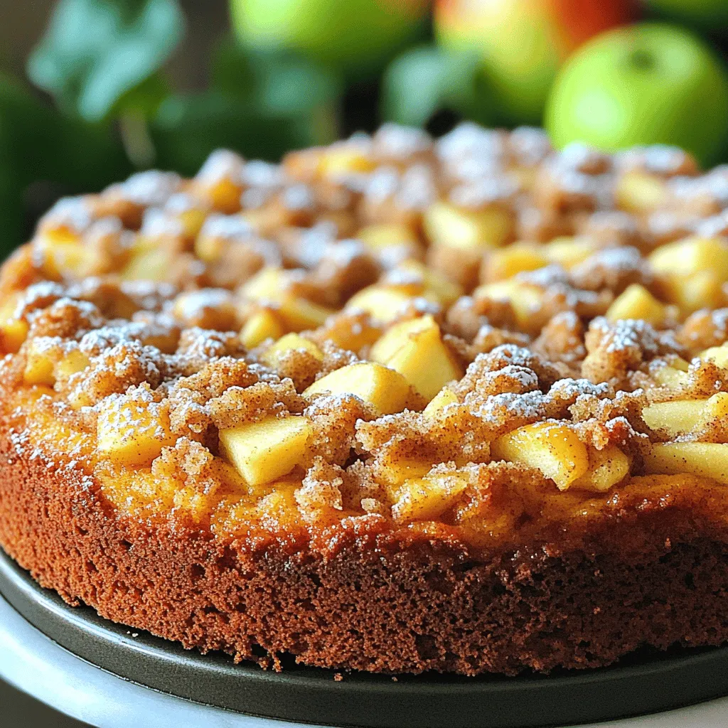 To make a great Apple Cinnamon Streusel Cake, you need the following: - 2 cups all-purpose flour - 1 ½ teaspoons baking powder - ½ teaspoon baking soda - ½ teaspoon salt - ½ cup unsalted butter, softened - 1 cup granulated sugar - 2 large eggs - 1 teaspoon vanilla extract - 1 cup buttermilk (you can use regular milk mixed with lemon juice) - 2 cups apples, peeled, cored, and diced (about 2 medium apples) - 1 teaspoon ground cinnamon - ½ teaspoon nutmeg Each ingredient plays a role in making this cake delicious. The apples give it a sweet and fruity flavor. The spices add warmth and depth. Butter and sugar together create a soft and moist cake. For the streusel topping, gather these ingredients: - ¾ cup brown sugar - ½ cup all-purpose flour - ½ teaspoon ground cinnamon - ½ cup cold butter, cubed The streusel topping adds a crunchy texture to the soft cake. The brown sugar and cinnamon blend perfectly, giving it a sweet and spicy kick. Having these ingredients ready will help you create a lovely Apple Cinnamon Streusel Cake that your friends and family will love! 1. Preheat your oven to 350°F (175°C). This helps the cake bake evenly. 2. In a medium bowl, whisk together the flour, baking powder, baking soda, and salt. This step mixes the dry ingredients well. 3. In a large bowl, cream the softened butter and granulated sugar together until light and fluffy. This takes about 3 to 4 minutes. 1. Add the eggs, one at a time. Mix well after each addition. Stir in the vanilla extract for extra flavor. 2. Gradually alternate adding the dry ingredients and buttermilk to the butter mixture. Start and end with the dry ingredients. Mix until just combined for a smooth batter. 3. Fold in the diced apples, cinnamon, and nutmeg. This distributes the apples and spices evenly throughout the batter. 1. Pour the batter into the prepared baking pan, spreading it evenly. A nice base is key for the streusel. 2. For the streusel topping, mix together the brown sugar, flour, cinnamon, and cubed cold butter in a medium bowl. Use a fork or pastry cutter to blend until it looks like coarse crumbs. 3. Sprinkle the streusel topping evenly over the cake batter. This adds a crunchy layer. 4. Bake in the preheated oven for 40 to 45 minutes. Check if a toothpick inserted in the center comes out clean. 5. Allow the cake to cool in the pan for about 15 minutes before slicing and serving. Enjoy warm or at room temperature. To get a perfect cake, use room temperature ingredients. Eggs and butter mix better when they are not cold. This helps create a smooth batter. When you fold in the apples, do it gently. This keeps the apples from breaking too much. You want to keep the air in the batter. Want to add more flavor? Try nuts or raisins! They add a nice crunch and sweetness. You can also use different apple types. Granny Smith apples give a tart taste. Honeycrisp apples are sweet and juicy. Mixing these can create a fun flavor mix. How can you make your cake look even better? Dust it with powdered sugar. It makes the cake look fancy. You can also serve it with ice cream. A scoop of vanilla ice cream adds creaminess. For a fun touch, try creative plating. Use a slice of cake on a colorful plate. Add fresh apple slices or mint leaves for color. {{image_2}} To make this cake gluten-free, use a good gluten-free flour blend. Look for one that includes xanthan gum. You can swap the all-purpose flour with 2 cups of gluten-free flour. This will keep your cake light and fluffy. To create a vegan version, replace the eggs with flax eggs. Mix 2 tablespoons of ground flaxseed with 6 tablespoons of water. Let it sit for 5 minutes to thicken. For the buttermilk, use almond milk with a splash of lemon juice. This will help keep your cake moist and tasty. Want to mix it up? You can add spices like ginger or cloves for a warm kick. A teaspoon of each can change the flavor profile. Adding citrus zest, like lemon or orange, brightens the cake. Just a teaspoon makes a big difference. These small changes can make your cake unique and fun! To keep your Apple Cinnamon Streusel Cake fresh, store it in the refrigerator. Place the cake in an airtight container. If you do not have one, cover it well with plastic wrap. This method helps keep the cake moist and tasty. Store it in the fridge for up to five days. If you want to save the cake for later, freezing is a great option. First, let the cake cool completely. Then, slice it into pieces. Wrap each slice in plastic wrap. For extra protection, place the wrapped slices in a freezer bag. Be sure to remove as much air as you can. This way, the cake will stay fresh for up to three months. When you're ready to enjoy, just take out a slice and let it thaw in the fridge. When it’s time to eat your cake, you want it warm and soft. To reheat, preheat your oven to 350°F (175°C). Place the slice on a baking sheet. Cover it with aluminum foil to keep moisture in. Heat for about 10-15 minutes. You can also use the microwave. Place the slice on a microwave-safe plate and heat for about 20-30 seconds. Check to make sure it doesn’t get too hot. Enjoy your warm, delicious cake! Yes, you can use different types of milk. If you don’t have buttermilk, mix 1 cup of milk with 1 tablespoon of lemon juice. Let it sit for five minutes. This mix will work well in the recipe. You can also use almond milk or oat milk for a dairy-free option. Just remember, these changes might alter the flavor slightly. To check if the cake is done, use a toothpick. Stick it in the center of the cake. If it comes out clean or with a few crumbs, it’s ready. This usually takes about 40 to 45 minutes at 350°F. Keep an eye on it during the last few minutes. Every oven is different. Serve the cake warm or at room temperature. You can dust it with powdered sugar for a nice touch. It pairs great with whipped cream or vanilla ice cream. You can also enjoy it with a cup of coffee or tea. This cake is perfect for dessert or a sweet snack. In this post, we covered all you need for making Apple Cinnamon Streusel Cake. I shared the main ingredients, step-by-step instructions, and tips for the best results. You can even adapt the recipe for gluten-free or vegan diets. Remember to store your cake properly to keep it fresh. Feel free to experiment with flavors and toppings, too. Baking should be fun and tasty. Enjoy every bite!