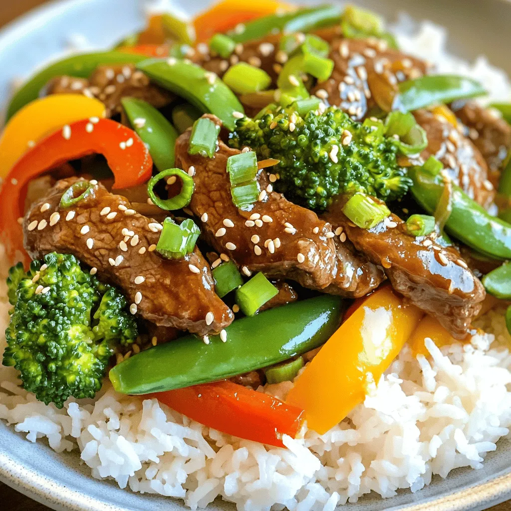- 1 lb (450g) beef sirloin, thinly sliced - 2 tablespoons vegetable oil - 1 bell pepper (red or yellow), sliced - 1 cup broccoli florets - 1 cup snap peas - 2 cloves garlic, minced - 1 tablespoon fresh ginger, minced - 1/3 cup soy sauce - 1/4 cup honey - 2 tablespoons rice vinegar - 1 tablespoon cornstarch mixed with 2 tablespoons water (slurry) - 2 green onions, sliced (for garnish) - Sesame seeds (for garnish) You can switch out beef for other proteins. Chicken, tofu, or shrimp work well. Fresh veggies give the best taste, but frozen ones are fine too. If you need a gluten-free option, use gluten-free soy sauce for the same flavor. To start, heat a large skillet over medium-high heat. Add 1 tablespoon of vegetable oil. When the oil is hot, add the thinly sliced beef sirloin. I season the beef lightly with salt and pepper. Stir-fry the beef for about 3 to 4 minutes. You want it browned, but not overcooked. Once done, remove the beef from the skillet and set it aside. Seasoning adds flavor, so don’t skip this step! In the same skillet, add the remaining tablespoon of oil. Then, add 2 cloves of minced garlic and 1 tablespoon of minced ginger. Stir for about 30 seconds until they smell great. Next, add the sliced bell pepper, 1 cup of broccoli florets, and 1 cup of snap peas. Stir-fry these veggies for about 3 to 4 minutes. You want them tender but still crisp. This order helps cook the vegetables evenly. While the veggies cook, prepare the teriyaki sauce. In a small bowl, combine 1/3 cup of soy sauce, 1/4 cup of honey, and 2 tablespoons of rice vinegar. Whisk until everything is well mixed. Once the vegetables are ready, return the beef to the skillet. Pour the teriyaki sauce over the beef and veggies, stirring to coat everything. Now, make the sauce thick. Add 1 tablespoon of cornstarch mixed with 2 tablespoons of water. Stir continuously for about 1 to 2 minutes. This will help your sauce thicken up nicely. After that, you are ready to serve! - Using high heat for stir-frying: High heat is key. It helps cook the beef fast, keeping it tender. Heat your skillet until it’s hot. This way, the beef sears and caramelizes well. A hot skillet gives your dish that nice, smoky flavor. - Importance of not overcrowding the skillet: Avoid overcrowding your skillet. If you add too much beef or veggies, they will steam instead of fry. This makes them soggy. Cook in batches if needed. Give each piece room to brown nicely. This simple step makes a big difference! - Marinating beef for extra flavor: For extra flavor, marinate the beef. Use soy sauce, honey, and a splash of vinegar. Let it sit for at least 30 minutes. This step adds depth and richness to each bite. You can also add garlic or ginger to the marinade. - Alternative sauces for variation: Mix it up with different sauces! Instead of teriyaki, try hoisin or oyster sauce. You can also use a mix of soy sauce and lime juice for a tangy twist. Each sauce brings its own unique taste to your stir-fry. Be creative and find your favorite! {{image_2}} You can easily adjust this recipe to fit your diet. For a vegetarian or vegan version, swap the beef for tofu or tempeh. Both options soak up flavors well. Simply cut the tofu into cubes, and stir-fry it until golden. For a low-carb alternative, consider using cauliflower rice instead of regular rice. This adds a tasty crunch while keeping carbs lower. You can also load up on the veggies for more fiber and volume. Want to make your stir fry even better? You can add nuts like cashews or peanuts for crunch. Just toss them in during the last few minutes of cooking. You can also mix in other vegetables. Try carrots, mushrooms, or zucchini for added color and taste. For more flavor, experiment with different sauces or spices. A splash of sriracha can add heat, while a dash of sesame oil gives a nutty aroma. Each addition can make your dish unique and fun! To keep your Sweet Teriyaki Beef Stir Fry fresh, use airtight containers. Glass or plastic containers work well. Make sure to let the dish cool before sealing it. Store leftovers in the fridge for up to three days. If you want to keep them longer, freeze the stir fry. It can last for up to three months in the freezer. Just remember to label the containers with the date. When you’re ready to enjoy your leftovers, the best way to reheat is on the stove. Heat a non-stick skillet over medium heat. Add a splash of water or broth to keep it moist. Stir gently to warm everything evenly. If you prefer the microwave, use a microwave-safe dish. Cover it with a lid or wrap to prevent splatters. Heat in short bursts, stirring between each. To avoid sogginess, don’t add too much liquid. Enjoy your tasty meal again! What can I use instead of beef in this recipe? You can use chicken, shrimp, or tofu. Each option gives a new taste. Chicken is lean and works well. Shrimp cooks fast and adds a nice texture. Tofu is great for a plant-based meal. Just keep the cooking times in mind. Can I make this dish ahead of time? Yes, you can prep the beef and veggies in advance. Store them in the fridge. It’s best to cook the stir fry fresh. This keeps the veggies crisp and the beef tender. If you must make it ahead, reheat gently. How do I make the sauce thicker or thinner? To thicken the sauce, add more cornstarch slurry. Mix one tablespoon of cornstarch with two tablespoons of water. Stir this into the sauce while it cooks. For a thinner sauce, add more soy sauce or water. Adjust it to your liking. What side dishes pair best with Sweet Teriyaki Beef Stir Fry? Steamed jasmine rice or quinoa work great. They soak up the sauce well. You can also serve it with a fresh salad or steamed veggies. For a fun touch, use chopsticks to eat! In this article, we explored the ingredients needed for a tasty Sweet Teriyaki Beef Stir Fry. You learned about required items like beef sirloin, colorful veggies, and flavor boosters. We also discussed cooking steps and helpful tips for the best results. Final thoughts: Cooking is fun and you can adjust this dish to fit anyone’s taste. Whether you like beef, chicken, or tofu, this stir fry is sure to please everyone!