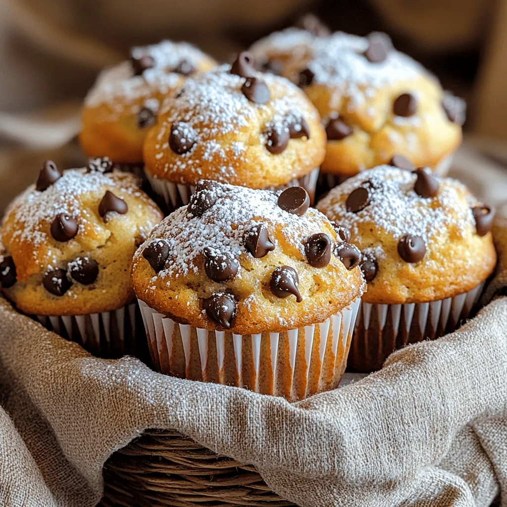 - 3 ripe bananas, mashed - 1/3 cup melted coconut oil - 1/2 cup brown sugar - 1/4 cup granulated sugar - 1 large egg, at room temperature - 1 teaspoon vanilla extract - 1 teaspoon baking soda - 1/2 teaspoon baking powder - 1/4 teaspoon salt - 1 1/2 cups all-purpose flour - 3/4 cup chocolate chips (semi-sweet or dark) - Optional: 1/2 cup chopped walnuts or pecans You can swap coconut oil for melted butter if you prefer. Use any type of sugar you like, but brown sugar gives a nice flavor. If you want a nut-free muffin, just leave out the walnuts or pecans. For a dairy-free option, stick with coconut oil. If you need to convert measurements: - 1 cup = 240 ml - 1/3 cup = about 80 ml - 1/4 cup = about 60 ml - 1/2 teaspoon = 2.5 ml - 1 teaspoon = 5 ml This list has all you need to bake these tasty muffins. Gather your ingredients and get ready to enjoy a warm, fresh treat! Start by preheating your oven to 350°F (175°C). This temperature helps the muffins rise nicely. While the oven heats up, line a muffin tin with paper liners. If you don’t have liners, lightly grease the tin with non-stick spray. This step prevents sticking and makes it easy to remove the muffins later. In a large bowl, mash the ripe bananas until they are smooth. You want to make sure there are no big lumps. Next, add the melted coconut oil to the bananas. Mix well until the two are combined into a creamy texture. Now, stir in the brown sugar and granulated sugar. This blend gives the muffins a sweet taste. Beat in one large egg and one teaspoon of vanilla extract. Stir until everything is mixed well. In another bowl, combine the dry ingredients. Start with one and a half cups of all-purpose flour. Add one teaspoon of baking soda, half a teaspoon of baking powder, and a quarter teaspoon of salt. Whisk these together. Mixing the dry ingredients separately helps the muffins rise evenly. Once mixed, sprinkle the dry ingredients over the wet mixture. Stir gently until just combined. Be careful not to overmix; it's okay if the batter is a little lumpy. Now, it’s time for the fun part! Fold in three-quarters of a cup of chocolate chips. If you like nuts, you can add half a cup of chopped walnuts or pecans. Gently mix these into the batter. This step adds texture and flavor. The chocolate chips will melt slightly while baking, creating delicious pockets of chocolate. Spoon the batter into the prepared muffin tin. Fill each cup about three-quarters full to allow room for rising. Bake in the preheated oven for 18-20 minutes. To check if they are done, insert a toothpick in the center. It should come out clean or have a few chocolatey crumbs. After baking, let the muffins cool in the pan for five minutes. Then, transfer them to a wire rack to cool completely. Enjoy your warm, bakery-style muffins with a cup of coffee or tea! To make your muffins rise high and fluffy, use fresh baking soda. This small change can make a big difference. Always mash your bananas well. This adds moisture and flavor. Use very ripe bananas for the best taste. They should be brown and soft. For that bakery touch, sprinkle a few chocolate chips on top before baking. This gives a nice look and extra chocolatey goodness. Overmixing is a big no-no. It makes your muffins dense and tough. Mix just until the flour disappears. If you want nuts, chop them into small pieces. This helps them blend well without overpowering the muffins. Also, check your oven temperature. An oven thermometer can help. If it's too hot, your muffins might burn on the outside and stay raw inside. Mix your wet ingredients in one bowl and dry in another. This keeps everything even. When you combine them, use a spatula to fold gently. Don't rush this step. Fill each muffin cup about 3/4 full to allow room for rising. Bake in the center of the oven for even heat. Keep an eye on the muffins after 15 minutes. They bake quickly and can go from perfect to overdone fast. {{image_2}} You can mix other fruits into your muffins. Blueberries and strawberries add a fresh taste. Just fold in about 1 cup of your chosen fruit after mixing in the chocolate chips. This keeps the muffins moist and adds color to the mix. If you use frozen fruit, do not thaw them first. This prevents the batter from turning too mushy. You can switch up the chocolate chips for new flavors. Try milk chocolate, dark chocolate, or even white chocolate. Each type brings a unique taste. For a fun twist, mix different types together! You can also use chocolate chunks for a more indulgent bite. If you want nut-free muffins, skip the nuts altogether. The muffins will still be tasty and soft. You can add more chocolate chips instead for extra sweetness. This way, everyone can enjoy them, even those with nut allergies. Make sure to check all labels for allergens when you shop. To keep your muffins fresh, store them in an airtight container. You can use a plastic bag or a glass jar. Place a piece of parchment paper between layers to avoid sticking. Store them at room temperature for up to three days. If you want them to last longer, use the fridge. Just know that they may get a little dry. Freezing muffins is easy! After they cool, wrap each muffin in plastic wrap. Then, place the wrapped muffins in a freezer bag. Squeeze out as much air as you can. Label the bag with the date. You can freeze them for up to three months. When you’re ready to eat, just thaw them in the fridge overnight. To reheat, you can use the microwave or the oven. For the microwave, place a muffin on a plate and heat for about 15-20 seconds. If you prefer the oven, preheat it to 350°F (175°C). Place the muffins on a baking sheet and heat for about 5-10 minutes. This way, they will taste fresh and warm, just like from the bakery! Yes, you can use frozen bananas. Thaw them first, then mash them. Frozen bananas actually add great flavor. They are softer and sweeter, which makes your muffins taste better. If you lack coconut oil, you can use other oils. Vegetable oil or melted butter works well. Each will give a slightly different taste, but they both keep the muffins moist. Check the muffins after 18 minutes. Insert a toothpick into the center. If it comes out clean or with a few chocolatey crumbs, they are done. If it has wet batter, bake for a few more minutes. Yes, you can adapt this recipe. Use a flax egg or applesauce instead of the egg for vegan muffins. For gluten-free muffins, swap the all-purpose flour with a gluten-free blend. We covered the key ingredients for great muffins, like swaps and conversions. I shared step-by-step instructions, baking tips, and tricks for bakery-style results. We explored tasty variations, like adding fruit or different chocolate chips. Lastly, I discussed storage for freshness and answered common questions. Muffins can be easy and fun to make at home. Enjoy your baking journey!