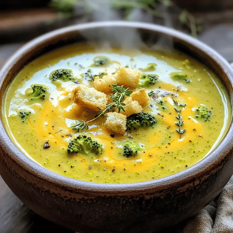 To make this creamy broccoli cheddar soup, you will need: - 4 cups broccoli florets - 1 medium onion, diced - 2 cloves garlic, minced - 3 cups vegetable broth - 1 cup heavy cream - 2 cups shredded sharp cheddar cheese - 1 tablespoon olive oil - 1 teaspoon thyme (fresh or dried) - Salt and pepper to taste - 1 tablespoon lemon juice - Optional: Croutons for topping The broccoli gives the soup a bright color and fresh taste. The onion and garlic add flavor depth, making each bite rich and savory. Sharp cheddar cheese is key for that bold, cheesy flavor we all love. If you want to tweak the recipe, here are some great substitutions: - For heavy cream, you can use half-and-half or coconut milk for a lighter option. - Instead of sharp cheddar, feel free to try mild cheddar or even Gruyère for a different taste. - If you have vegetable broth, you can swap it with chicken broth for extra flavor. These swaps can help fit your taste or dietary needs without losing the soup's creamy goodness. To make this soup smoothly and easily, you will need: - A large pot to cook the soup. - A wooden spoon for stirring. - An immersion blender to blend the soup to a creamy texture. If you don’t have an immersion blender, a regular blender works too. Just be careful when blending hot soup. Always let it cool slightly and blend in batches. This will ensure a safe and smooth process! To get started, you need to chop your vegetables. Take 4 cups of broccoli florets and set them aside. Then, dice 1 medium onion. Mince 2 cloves of garlic. Having everything ready helps the cooking flow smoothly. Next, measure out your ingredients. You’ll need 3 cups of vegetable broth, 1 cup of heavy cream, and 2 cups of shredded sharp cheddar cheese. Don't forget to grab 1 tablespoon of olive oil, 1 teaspoon of thyme, salt, pepper, and 1 tablespoon of lemon juice. This ensures you have everything at hand. First, heat the olive oil in a large pot over medium heat. Add the diced onion and sauté for about 5 minutes. The onion should become soft and look translucent. Next, add the minced garlic and thyme. Cook this for another minute until you smell the wonderful aroma. Now, stir in the broccoli florets along with the vegetable broth. Bring the mixture to a boil. After it boils, reduce the heat and let it simmer. Cover the pot and cook for 10 to 15 minutes. This cooks the broccoli until it's tender. Once the broccoli is soft, use an immersion blender to blend the soup until smooth. If you like your soup chunkier, blend just half and mix it back in. This gives you a nice texture. It’s time to add the creamy goodness! Stir in the heavy cream and shredded cheddar cheese. Keep stirring over low heat until the cheese melts. Be careful not to let it boil, as this can change the texture. Finally, taste the soup. Add salt and pepper to your liking. Squeeze in the lemon juice for a bright flavor. If you want, serve the soup hot and top it with croutons for extra crunch. Enjoy your delicious creamy broccoli cheddar soup! To get that smooth texture, use an immersion blender. This tool helps mix the soup right in the pot. If you don't have one, a regular blender works too. Just be careful with hot liquids. Blend in small batches to avoid spills. Heat plays a big role here. When you blend the soup while it's warm, it becomes creamy. Letting it cool first can make it hard to blend well. Adding herbs and spices can make a big difference. Thyme brings a fresh taste and works well with broccoli. You can also try adding a pinch of nutmeg for warmth. If you want a richer taste, use sharp cheddar cheese. It has more flavor than mild cheese. A splash of lemon juice brightens up the soup too. This little trick balances the creaminess. Pair this soup with crusty bread or a fresh salad. A simple green salad adds crunch and freshness. For a nice touch, serve the soup in colorful bowls. Top it with croutons for added texture. You can even sprinkle some extra cheese on top for a cheesy finish. This will make your dish look more inviting and delicious! {{image_2}} You can easily change up this creamy broccoli cheddar soup. Adding other vegetables brings new flavors and colors. Try using cauliflower or carrots. They mix well with broccoli and add a nice crunch. If you want to make it vegan, swap heavy cream for coconut milk or cashew cream. Use nutritional yeast instead of cheese for a cheesy flavor without dairy. You can also use vegetable broth to keep it plant-based. Adding spices can give your soup a fun kick. A pinch of cayenne or red pepper flakes adds heat. For a warm taste, stir in smoked paprika or curry powder. These spices will transform your soup into something special. Regional variations exist too! In New England, you might find a touch of nutmeg added. In the South, consider using sharp cheddar for a bolder flavor. Each place has its twist on this classic dish. Garnishing is key for a beautiful soup. Consider adding fresh herbs like parsley or chives on top. They add color and freshness. Croutons make a great topping. You can buy them or make your own. Just toast leftover bread cubes with olive oil and seasonings. Place croutons on top right before serving for a crunchy bite. They enhance your creamy soup and make it even more enjoyable. To store your creamy broccoli cheddar soup, let it cool first. Pour leftovers into an airtight container. In the fridge, the soup lasts about 3 to 4 days. If you want to keep it longer, freeze it. In the freezer, this soup can last up to 3 months. Just make sure to leave some space in the container. The soup will expand as it freezes. When you're ready to enjoy your soup again, there are good ways to reheat it. You can use the stove or microwave. On the stove, heat it gently over low heat. Stir often to keep it smooth. In the microwave, heat it in short bursts. Stop every minute to stir. This helps avoid separation. If you see any separation, just stir it back together. Making this soup in advance is smart for quick meals. You can prepare a big batch and store it in portions. Use small containers for easy access. This way, you can grab a serving whenever you want. Just reheat and enjoy a warm bowl of soup. It’s perfect for busy days! Can I make this soup ahead of time? Yes, you can make this soup ahead of time. Just cool it, then store it in the fridge. It stays fresh for up to three days. When ready to eat, just reheat it on the stove. How do I make it vegetarian? This soup is already vegetarian if you use vegetable broth. Just ensure your cheese is vegetarian too. Most cheddar cheese fits this rule. What if I don’t have an immersion blender? If you don’t have an immersion blender, you can use a regular blender. Just blend in small batches. Be careful with hot soup to avoid spills. How can I thicken the soup? To thicken the soup, you can add more cheese. You can also use a cornstarch slurry. Mix equal parts cornstarch and water, then stir it in. Cook until the soup thickens. Is this soup healthy? This soup has healthy ingredients like broccoli and onion. Broccoli is high in vitamins. However, it does have cream and cheese, which add fat and calories. Caloric content and portion sizes One serving of this soup has about 400 calories. This can change based on how much cheese and cream you add. Adjust your portion to fit your diet. This post covered everything you need for creamy broccoli cheddar soup. We explored ingredients, substitutes, and essential tools. You learned step-by-step instructions for preparation and cooking, plus tips for creaminess and flavor. Variations gave you ideas for personalization, while storage info helps keep your soup fresh. In conclusion, making this soup is simple and fun. Experiment with ingredients so it fits your taste. Your kitchen will smell amazing, and you’ll enjoy a delicious, hearty meal.