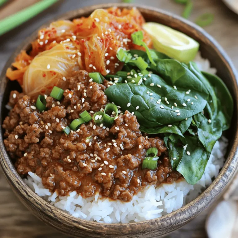 - 1 lb ground beef - 2 tablespoons soy sauce - 1 tablespoon gochujang (Korean chili paste) - 1 tablespoon brown sugar - 1 tablespoon sesame oil - 3 cloves garlic, minced - 1 inch ginger, grated - 1 teaspoon black pepper - 1 cup cooked jasmine rice - 1 cup kimchi (store-bought or homemade) - 2 green onions, sliced - 1 tablespoon sesame seeds - 1 cup spinach leaves You can add fun toppings to make your bowls even better. Try adding: - Sliced cucumbers for crunch - A sprinkle of cilantro for freshness - Extra sesame seeds for more flavor If you don't have some ingredients, here are easy swaps: - Use ground turkey instead of beef for a lighter option. - Substitute rice with quinoa or cauliflower rice for a low-carb choice. - Swap kimchi for pickled vegetables if you prefer a milder taste. These tips help you customize your Spicy Korean Beef Bowls to fit your taste. Enjoy making your meal unique! To start, grab a medium bowl. Add the ground beef, soy sauce, gochujang, brown sugar, sesame oil, minced garlic, grated ginger, and black pepper. Mix everything well. You want the beef to soak up all those tasty flavors. This step makes the beef both spicy and sweet. Now, heat a skillet on medium-high heat. Once hot, add the beef mixture. Cook it for 5 to 7 minutes. Stir it often. You want the beef to brown and cook fully. If you see any extra fat, drain it off. This keeps the dish light and tasty. Next, stir in the fresh spinach leaves. Cook for another 2 to 3 minutes. The spinach will wilt and become soft. Now, it's time to build your bowl. Start with a scoop of jasmine rice at the bottom. Top it with the spicy beef and spinach mix. Finally, add a spoonful of kimchi on top. Sprinkle sliced green onions and sesame seeds for extra crunch. Enjoy this bowl while it's hot. If you want more spice, add a little extra gochujang. When cooking ground beef, start with a hot skillet. Heat your skillet over medium-high heat for great results. Use a spatula to break the meat apart as it cooks. This helps it brown evenly. Always drain excess fat after cooking. This keeps your dish light and tasty. If you want extra flavor, add minced garlic and ginger early. They release their oils and enhance the beef. Spice can make or break a dish. If you love spice, add more gochujang. Start with one tablespoon in the beef mixture. Taste as you go. You can also add red pepper flakes for extra heat. For a milder dish, use less gochujang. You can even skip it and use soy sauce instead. If you find it too spicy, add a bit of brown sugar. It helps balance the heat. Having the right tools makes cooking easier. Use a large skillet for even cooking. A spatula is great for breaking up the beef. A bowl is needed for mixing the marinade. Don’t forget measuring spoons for accuracy. A good knife helps with chopping garlic and ginger. Finally, consider a rice cooker for perfect jasmine rice. These tools make your cooking experience smooth and fun. {{image_2}} You can make a vegetarian version of Spicy Korean Beef Bowls. Instead of beef, use tofu or tempeh. Both options soak up flavors well. For tofu, press it to remove excess water. Then, cube it and sauté until golden. Use the same marinade with soy sauce, gochujang, and spices. This makes a tasty, plant-based meal. If you want to switch proteins, try ground turkey or chicken. They work great in this recipe. The cooking time will stay about the same. Just make sure to check for doneness. You can also use beef strips for a stir-fry style. Adjust the marinade amounts to suit the protein you use. Feel free to mix in global flavors. Add some taco seasoning for a Mexican twist. Or, use curry powder for an Indian flavor. You can even add lime juice for a zesty kick. This recipe is flexible and fun. Explore different spices and herbs to make your own version. To store your Spicy Korean Beef Bowls, let the dish cool first. Place the beef, rice, and toppings in separate airtight containers. This helps keep the flavors fresh. Store the containers in the fridge for up to three days. When you're ready to enjoy your leftovers, heat them up in the microwave. Use a microwave-safe dish and cover it with a lid or wrap. Heat for one to two minutes or until hot. Stir halfway for even heating. You can also reheat the beef in a skillet over low heat. Add a splash of water to keep it moist. If you want to save some for later, you can freeze the beef mixture. Place it in a freezer-safe container. Leave some space at the top to allow for expansion. It will keep well for about three months. When you’re ready to eat, thaw it in the fridge overnight. Reheat it as mentioned above. Enjoy your tasty meal again! Gochujang is a spicy Korean chili paste. It has a unique sweet and savory flavor. You can find gochujang in most grocery stores. Look in the international aisle or the Asian section. You can also buy it online or at Asian markets. Yes, you can make Spicy Korean Beef Bowls ahead of time. Cook the beef and spinach, then store them in the fridge. When ready to eat, reheat the beef mixture. Serve it over fresh rice for the best taste. You can serve Spicy Korean Beef Bowls with many sides. Try steamed broccoli or sautéed bok choy for a fresh touch. You can also add a side of pickled vegetables for extra flavor. Another option is to serve it with a light salad. Each side will enhance the meal and add variety. In this article, we explored how to make Spicy Korean Beef Bowls. We covered the key ingredients, cooking steps, and helpful tips. You can adapt flavors, use different proteins, and even try vegetarian options. Storing leftovers and reheating them is easy, making this dish a great choice for meal prep. Keep experimenting with spices and toppings to find your perfect bowl. Enjoy your cooking journey!