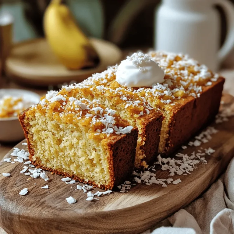 - 3 ripe bananas, mashed - 1 cup shredded coconut (unsweetened) - 1/2 cup granulated sugar - 1/2 cup brown sugar, packed - 1/2 cup unsalted butter, melted - 2 large eggs - 1 teaspoon vanilla extract - 1 teaspoon baking soda - 1/2 teaspoon baking powder - 1/4 teaspoon salt - 1 1/2 cups all-purpose flour - 1/2 cup chopped walnuts or pecans (optional) You can make this recipe fit special diets. Here are some swaps: - Use coconut oil instead of butter for a dairy-free option. - Substitute eggs with flaxseed meal mixed with water or applesauce for a vegan version. - Choose gluten-free flour to make the bread gluten-free. Ripe bananas are key to this recipe. They add natural sweetness. The riper they are, the better. Look for bananas with brown spots. They’ll mash easily and mix well. This gives your bread a moist texture. Plus, ripe bananas have more flavor. They make your coconut banana bread truly delicious. Start by preheating your oven to 350°F (175°C). This step is crucial for even baking. Next, grab a 9x5-inch loaf pan and grease it well. You can use butter or cooking spray. This helps the bread come out easily once it’s baked. In a large bowl, mash three ripe bananas. Use a fork to get them smooth. Then, pour in 1/2 cup of melted butter. Mix them together until they blend well. Now, add 1/2 cup of granulated sugar, 1/2 cup of brown sugar, and two large eggs. Don’t forget the teaspoon of vanilla extract! Stir everything until it looks smooth and uniform. In another bowl, whisk together 1 1/2 cups of all-purpose flour, 1 cup of shredded coconut, 1 teaspoon of baking soda, 1/2 teaspoon of baking powder, and 1/4 teaspoon of salt. Make sure there are no lumps. This mix gives your bread its structure and flavor. Now, it’s time to combine the wet and dry ingredients. Gradually add the dry mix to the wet mix. Stir gently until just combined. Be careful not to overmix; this can make the bread tough. If you want, fold in 1/2 cup of chopped walnuts or pecans for some crunch. Pour the batter into your prepared loaf pan. Smooth the top with a spatula. Place it in the oven and bake for 60-70 minutes. To check if it’s done, insert a toothpick into the center. If it comes out clean, your bread is ready. Once baked, let it cool in the pan for 10 minutes. Then, transfer it to a wire rack to cool completely. Enjoy your delicious coconut banana bread! To make your banana bread moist, use very ripe bananas. Look for bananas with brown spots. These bananas are sweeter and softer. Mash them well before mixing. Adding melted butter helps too. Do not overmix the batter; mix just until combined. This keeps the bread fluffy. One common mistake is using cold eggs. Always use room temperature eggs for better mixing. Also, avoid skipping the baking soda and baking powder. These help the bread rise. Overbaking is another pitfall. Check your bread at 60 minutes. If a toothpick comes out clean, it's done. Use a 9x5-inch loaf pan for the best results. A good quality pan helps the bread cook evenly. Have measuring cups and spoons ready for accuracy. A large mixing bowl is a must for combining ingredients. A whisk is helpful for mixing dry ingredients smoothly. Lastly, a wire rack is great for cooling the bread evenly. {{image_2}} You can make a vegan version of coconut banana bread easily. Replace the eggs with flax eggs. To make one flax egg, mix one tablespoon of ground flaxseed with three tablespoons of water. Let it sit for five minutes before using. Swap out the butter for coconut oil or applesauce. Use the same amount as the butter in the original recipe. This keeps the bread moist and adds a nice flavor. To make gluten-free coconut banana bread, use a gluten-free flour blend. Look for one that has xanthan gum for better texture. You can also use almond flour or oat flour as a base. The baking time may change slightly, so check the bread with a toothpick. You want it to come out clean, just like with regular flour. Adding extra flavors can make your coconut banana bread even better. Try folding in chocolate chips for a sweet twist. Dark chocolate pairs well with the banana and coconut. You can also add spices like cinnamon or nutmeg for warmth. Just a teaspoon of either can change the taste. For a crunchy texture, add chopped nuts like walnuts or pecans. They add great flavor and a bit of crunch. Explore these options to make your coconut banana bread unique! To keep your coconut banana bread fresh, wrap it tightly in plastic wrap. You can also place it in an airtight container. Store it at room temperature for up to three days. If you live in a humid area, the fridge is better. It can last up to a week in the fridge. Freezing is a great option for long-term storage. First, let the bread cool completely. Then, wrap it in plastic wrap and foil. Place it in a freezer bag. This way, it stays fresh for about three months. When you're ready to eat, just thaw it in the fridge overnight. To reheat your banana bread, slice it first. You can use a toaster or an oven for the best results. Heat slices in a toaster for about 3-5 minutes. If using an oven, set it to 350°F (175°C) and warm for 10-15 minutes. This will keep it moist and tasty. Enjoy it warm with a bit of butter or cream! Yes, you can use frozen bananas. Just thaw them before mashing. Frozen bananas often taste sweeter. They also add moisture to the bread. Check the bread after 60 minutes. Insert a toothpick into the center. If it comes out clean, the bread is done. If it has batter on it, bake for a few more minutes. Let it cool before slicing. You can use applesauce or flaxseed meal. For one egg, use 1/4 cup of applesauce. For flaxseed, mix 1 tablespoon of ground flaxseed with 2.5 tablespoons of water. Let it sit for a few minutes until it thickens. The bread lasts about 3 to 4 days at room temperature. Store it in an airtight container to keep it fresh. You can also refrigerate it for a week. Yes, you can use sweetened coconut. This will make the bread sweeter. Adjust the sugar in the recipe to balance the flavors. We covered how to make delicious coconut banana bread. You learned about the key ingredients, such as ripe bananas and alternatives for special diets. I shared step-by-step instructions and tips to avoid mistakes. Plus, variations help you customize the flavor to your liking. Store and reheat it properly to keep it fresh. With these insights, you can create a tasty treat and enjoy every bite. Happy baking!