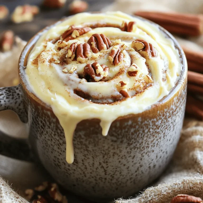 To make a tasty cinnamon roll mug cake, you need these simple items: - 4 tablespoons all-purpose flour - 2 tablespoons brown sugar - 1/4 teaspoon baking powder - 1/4 teaspoon ground cinnamon - 1/8 teaspoon salt - 3 tablespoons milk - 1 tablespoon vegetable oil - 1/2 teaspoon vanilla extract Each ingredient plays a key role. The flour gives the cake its structure. Brown sugar adds sweetness and a hint of caramel flavor. Baking powder helps the cake rise, making it fluffy. Ground cinnamon brings that warm, cozy taste we all love. The milk and vegetable oil keep the cake moist, while vanilla adds a nice aroma. For the cream cheese frosting, you will need: - 1 tablespoon cream cheese - 1 teaspoon powdered sugar - 1/4 teaspoon milk This frosting is easy to whip up. Cream cheese provides a rich, tangy flavor. Powdered sugar adds sweetness and helps it thicken. A splash of milk makes the frosting smooth and spreadable. You can add some fun toppings to your cake. Consider these options: - Chopped pecans - Chopped walnuts These nuts add a nice crunch and extra flavor. You can also serve the cake plain for a simpler treat. Enjoy your mug cake just the way you like it! To make the batter, grab a microwave-safe mug. In the mug, whisk together: - 4 tablespoons all-purpose flour - 2 tablespoons brown sugar - 1/4 teaspoon baking powder - 1/4 teaspoon ground cinnamon - 1/8 teaspoon salt Mix these dry ingredients well to avoid lumps. Next, add: - 3 tablespoons milk - 1 tablespoon vegetable oil - 1/2 teaspoon vanilla extract Stir until the mixture is smooth. It should look like a thick batter. Now, it’s time to cook the batter. Place the mug in the microwave. Heat for about 1 minute and 30 seconds. Keep an eye on it as it cooks. If you have a stronger microwave, check after 1 minute. The cake should rise and be set in the center. If it's not done, heat in 10-second bursts until ready. While the cake cools, let’s make the frosting. In a small bowl, mix: - 1 tablespoon cream cheese - 1 teaspoon powdered sugar - 1/4 teaspoon milk Beat these together until smooth and creamy. Once the mug cake has cooled a bit, spread the frosting on top. For added crunch, sprinkle with chopped pecans or walnuts if you like. Enjoy your warm cinnamon roll mug cake! Microwave cooking is quick but tricky. Start with 1 minute and 30 seconds. If the cake isn't fully cooked, add 10 to 15 seconds. Remember, every microwave cooks a bit differently. Check for doneness by inserting a toothpick. If it comes out clean, you’re good to go! You can swap some ingredients to meet your needs. Use almond milk or oat milk instead of regular milk. If you lack brown sugar, regular sugar works. Want a sweeter cake? Add a bit more sugar. For a gluten-free option, try a gluten-free flour blend. Just keep the same measurements! Serve your cinnamon roll mug cake warm for the best taste. Top it with cream cheese frosting for a rich flavor. You can also add nuts for crunch. Chopped pecans or walnuts work great. Want something special? Drizzle with maple syrup or caramel sauce for extra sweetness! {{image_2}} You can change up your cinnamon roll mug cake in fun ways. Try adding chocolate chips for a sweet twist. You can also mix in orange zest for a bright flavor. If you love nuts, chopped almonds can give a nice crunch. You can even add a dash of nutmeg for warmth. Each of these options adds a new taste to your cake! To make your mug cake even more exciting, consider some add-ins. Chopped pecans or walnuts can add a nice bite. Dried fruit, like raisins or cranberries, can add sweetness and chewiness. If you like a creamy texture, try adding a spoonful of yogurt. These little changes can boost flavor and make your cake unique. The cream cheese frosting is tasty, but you can switch it up. Try using a simple glaze made from powdered sugar and milk. Mix them until smooth and drizzle it over the cake. You can also use whipped cream for a light topping. If you want something fruity, a berry jam can be a fun choice. Each frosting option changes the whole vibe of your cake! To store leftover cinnamon roll mug cake, let it cool down first. Then, place it in an airtight container. This keeps the cake fresh and moist. You can also cover the mug tightly with plastic wrap. Store the cake in the fridge if you plan to eat it later. It will stay fresh for a few days. When you are ready to enjoy the leftover cake, take it out of the fridge. If you stored it in a container, transfer it back to a microwave-safe mug. Heat it in the microwave for about 15 to 30 seconds. Check if it’s warm enough. You want it to be soft and fluffy again. If it needs more time, heat in short bursts. The cinnamon roll mug cake tastes best when fresh. However, it can last up to three days in the fridge. If you notice any strange smells or changes in texture, it’s best to toss it. Remember, homemade treats have a shorter shelf life than store-bought ones. Always trust your senses! You can swap the milk with any plant-based milk. Use almond, soy, or oat milk. Replace the cream cheese with vegan cream cheese or a mix of coconut yogurt and powdered sugar. This change keeps the frosting tasty and creamy without any dairy. The rest of the recipe stays the same. Just mix and microwave as you usually would! Yes, you can use gluten-free flour! Look for a blend that includes xanthan gum. This helps mimic the texture of regular flour. Just replace the all-purpose flour with the gluten-free option, and follow the same steps. Your mug cake will still rise and taste delicious. If you lack cream cheese, try using plain yogurt or a simple glaze. Mix powdered sugar with a bit of milk to create a sweet drizzle. You can also stir in nut butter for a rich flavor. These options will add sweetness and keep your mug cake delightful! You learned how to make a tasty cinnamon roll mug cake. We covered the key ingredients, easy steps, and helpful tips. Plus, you explored fun variations and storage ideas. Don’t be afraid to experiment with flavors or toppings. The mug cake is quick and delicious, perfect for any time. Enjoy your sweet treat!
